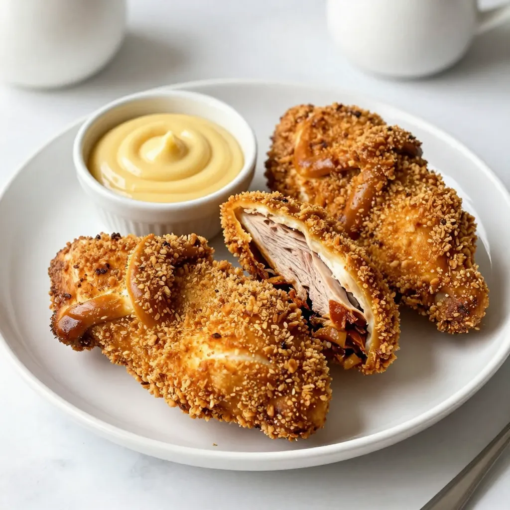 - 2 boneless, skinless chicken breasts - 1 cup pretzel crumbs (crushed pretzels) - 1/2 cup breadcrumbs (plain or seasoned) - 1/2 teaspoon garlic powder - 1/2 teaspoon onion powder - 1/2 teaspoon paprika - 1/2 teaspoon salt - 1/4 teaspoon black pepper - 1/2 cup buttermilk (or milk) - 1 tablespoon Dijon mustard - 1 tablespoon honey - Cooking spray or oil for baking - 1 cup = 8 ounces - 1 tablespoon = 3 teaspoons - 1/2 teaspoon = 0.5 teaspoons For the best flavor, I recommend using Gordon's Pretzels for the crumbs. They add a nice crunch. For the breadcrumbs, Progresso offers great options. For the honey mustard, Grey Poupon Dijon is my go-to. Use Daisy sour cream for buttermilk if you can't find it, as it works well in a pinch. {{ingredient_image_1}} First, I preheat my oven to 400°F (200°C). This heat ensures my chicken cooks well. Next, I line a baking sheet with parchment paper. This helps keep the chicken from sticking and makes cleanup easy. In a shallow bowl, I mix pretzel crumbs, breadcrumbs, garlic powder, onion powder, paprika, salt, and black pepper. I stir until everything blends nicely. In another bowl, I whisk together buttermilk, Dijon mustard, and half of the honey. This mix makes the chicken juicy and flavorful. I take a chicken breast and dip it into the buttermilk mix. I shake off any extra liquid. Then, I press it into the pretzel crumb mix. I make sure it gets coated all over. I place the coated chicken on my baking sheet. I lightly spray the chicken with cooking spray for better browning. Then, I put the baking sheet in the oven. I bake the chicken for 20-25 minutes. I check that it reaches an internal temp of 165°F (74°C) and turns golden brown. While the chicken bakes, I mix the remaining honey with Dijon mustard for a tasty dip. Once the chicken is done, I let it rest for a few minutes before slicing. I serve it warm with the honey mustard on the side. To get a great coating on your chicken, start with dry chicken. Pat the chicken breasts with paper towels. This step helps the buttermilk stick better. Dip your chicken in the buttermilk mix, then shake off the extra. Next, roll the chicken in the pretzel crumbs. Press down firmly so the crumbs stick well. When baking, give the chicken a light spray of oil. This helps it brown nicely. Serve your pretzel crusted chicken with a side of fresh veggies. Roasted broccoli or a crisp salad works well. You can also pair it with mashed potatoes for a hearty meal. Serve the honey mustard dip on the side for a tasty touch. This dish is great for lunch or dinner. Kids love it, and it’s fun to eat! One common mistake is not using enough seasoning. Be sure to mix the spices well into the crumbs. Another mistake is overcrowding the baking sheet. Give each piece enough space to cook evenly. Also, check the chicken's temperature with a meat thermometer. It should reach 165°F (74°C) to be safe to eat. Avoid opening the oven too often; this lets heat escape. Pro Tips Use Fresh Ingredients: Using fresh chicken and high-quality pretzels will enhance the flavor and texture of your dish. Adjust the Spice Level: Feel free to add more spices or herbs to the coating mixture to customize the flavor to your liking. Let It Rest: Allowing the chicken to rest for a few minutes after baking helps the juices redistribute, making it more tender and juicy. Make Ahead: You can prepare the chicken and coating in advance and refrigerate them separately for an easy meal prep option. {{image_2}} You can boost the taste of your pretzel crusted chicken. Try adding spices to the crumb mix. A pinch of cayenne pepper gives heat. You can also use smoked paprika for a deep flavor. If you love herbs, mix in dried thyme or rosemary. These add freshness and aroma. You can even use a splash of hot sauce in the buttermilk. This will give a nice kick to the chicken. If you want to switch up the texture, use different breadings. Crushed tortilla chips can create a crunchy layer. Use panko breadcrumbs for extra crispiness. You can also try crushed nuts like almonds or pecans. They add flavor and crunch. For a lighter option, use finely ground oats. They make a tasty and healthy crust. This recipe can work with more than just chicken breasts. You can use chicken thighs for a juicier bite. If you want to try something new, use turkey cutlets. They cook fast and taste great. For a vegetarian twist, use thick slices of eggplant or zucchini. These soak up flavor well and are filling. Just remember to adjust cooking times for different proteins. You can keep your pretzel crusted chicken in the fridge. Place it in an airtight container. It stays fresh for up to three days. Make sure to let it cool before sealing. This helps prevent moisture build-up. To freeze, wrap each chicken piece tightly in plastic wrap. Then, place them in a freezer bag or container. You can freeze the chicken for up to three months. When you're ready, thaw it in the fridge overnight. Reheat your chicken in the oven for the best results. Preheat the oven to 350°F (175°C). Place the chicken on a baking sheet and cover it with foil. Bake for about 15 to 20 minutes. This keeps the chicken juicy and the crust crispy. You can also use the microwave, but it may not stay as crispy. Yes, you can use regular breadcrumbs. They will give you a different texture. Pretzel crumbs add a nice crunch and salty flavor. If you want that unique taste, stick with pretzel crumbs. However, if you need a quick option, regular breadcrumbs work fine. Yes, you can make this dish gluten-free. Use gluten-free pretzels for the crumbs. Also, check your breadcrumbs for gluten. Many brands offer gluten-free options. This way, you can enjoy the same great taste without gluten. To make it spicier, add a pinch of cayenne or some sriracha. For extra sweetness, mix in more honey. Taste as you go to find your perfect balance. Adjusting these flavors can make your honey mustard dip just right for you. This blog covers all you need for making perfect baked chicken. We discussed the key ingredients, from brands to measurements. I shared easy steps for prepping your oven and coating your chicken. Then, I gave tips to avoid common mistakes and explore tasty variations. Finally, you learned how to store and reheat leftovers. Now you can confidently bake chicken that impresses everyone. Try out these ideas today, and enjoy delicious results!