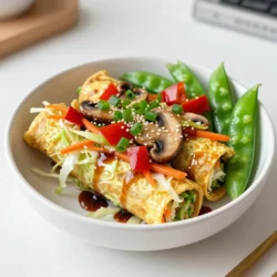 To make a tasty Veggie Loaded Egg Roll in a Bowl, you need some key ingredients: - 1 tablespoon sesame oil - 2 cups coleslaw mix (shredded cabbage and carrots) - 1 red bell pepper, diced - 1 cup snap peas, trimmed and sliced - 1 cup mushrooms, sliced - 1/2 cup green onions, sliced - 3 cloves garlic, minced - 1 tablespoon fresh ginger, grated - 1/4 cup reduced-sodium soy sauce - 1 tablespoon rice vinegar - 1 teaspoon Sriracha (adjust to taste) These items create a crunchy and flavorful base for your dish. The sesame oil adds a nice nutty taste. The coleslaw mix gives you a fresh crunch. The bell pepper and snap peas add color and sweetness. If you want to switch things up, try these optional ingredients: - 2 large eggs, lightly beaten (optional) - Sesame seeds for garnish Adding eggs makes the dish more filling. The sesame seeds add a nice touch on top. Feel free to mix in other veggies you like, such as carrots or zucchini. You only need a few tools to make this dish: - Large skillet or wok - Cutting board - Knife - Small bowl for sauce mixing - Spatula Using a large skillet or wok helps cook the veggies evenly. A cutting board and knife make chopping easy. A small bowl is great for mixing your sauce without a mess. Get ready to enjoy a quick and tasty meal! {{ingredient_image_1}} Start by heating 1 tablespoon of sesame oil in a large skillet over medium-high heat. Once hot, add 3 minced garlic cloves and 1 tablespoon of grated ginger. Sauté these for about 30 seconds to bring out their scent. Next, toss in 2 cups of coleslaw mix, 1 diced red bell pepper, 1 cup of trimmed snap peas, and 1 cup of sliced mushrooms. Stir-fry these veggies for 5 to 7 minutes. You want them tender but still crisp. In a small bowl, mix 1/4 cup of reduced-sodium soy sauce, 1 tablespoon of rice vinegar, and 1 teaspoon of Sriracha. Pour this sauce over the veggies in the skillet and toss everything well. If you want to add eggs, push the veggies to one side. Pour in 2 lightly beaten eggs and scramble them until fully cooked. Then mix the eggs back into the veggies. Finally, remove the skillet from heat and stir in 1/2 cup of sliced green onions. Serve this mix hot and top it with sesame seeds. To get the best veggies, cut them into even sizes. This helps them cook at the same rate. Stir frequently to avoid burning. You want that nice crunch, so don’t overcook! Using a large skillet or wok helps. It gives veggies room to fry well. If you find them getting too soft, turn down the heat. If you decide to add eggs, do this after the veggies are cooked but before serving. Scramble the eggs in the same skillet for extra flavor. This way, they soak up the sauce and spices. If you prefer a vegetarian version, feel free to skip the eggs. The dish will still taste great without them! You can make your egg roll bowl your own. Start by adding different veggies. Try zucchini, broccoli, or even edamame. You can change the protein too. Use chicken, shrimp, or tofu for a boost. If you like spice, add more Sriracha or some red pepper flakes. You can also top it with avocado for creaminess. Stir-frying is quick and fun! Heat your skillet or wok well before adding oil. Use high heat to keep the veggies crisp. Cut all your ingredients before cooking. This way, you can add them quickly. Stir often to cook evenly. Don’t overcrowd the pan; this will steam your veggies instead of frying them. To add more flavor, try these tips. Use garlic powder or onion powder for depth. A splash of lime juice can brighten flavors. You can also sprinkle some five-spice powder for a warm taste. Fresh herbs like cilantro or basil can add freshness. Lastly, a drizzle of sesame oil at the end adds richness. Pro Tips Prep Your Veggies Ahead: Chop and prepare all your vegetables beforehand to make the cooking process smoother and faster. Customize Your Sauce: Adjust the Sriracha level based on your spice preference, or add additional sauces like hoisin for a different flavor profile. Use Fresh Ingredients: Opt for fresh vegetables and herbs for the best flavor and nutrition. Frozen vegetables can become mushy when cooked. Serve with Toppings: Enhance your dish with toppings like crushed peanuts, cilantro, or lime wedges for added texture and flavor. {{image_2}} To make this dish vegetarian, skip the eggs. You can add more veggies like zucchini or carrots for extra flavor. For a vegan option, use tofu or tempeh. Scramble the tofu in the pan instead of eggs. It gets great flavor from the soy sauce and spices. For a gluten-free dish, use tamari instead of soy sauce. Tamari gives the same taste without gluten. You can also swap the rice vinegar for apple cider vinegar if needed. Always check the labels on sauces to ensure they are gluten-free. To make this low-carb, skip the coleslaw mix and use spiralized zucchini. This adds great texture without many carbs. You can also cut down on the snap peas and mushrooms for fewer carbs. Use more leafy greens like spinach or kale instead. These options keep your meal light and healthy. To keep your Veggie Loaded Egg Roll in a Bowl fresh, store it in an airtight container. Let it cool to room temperature first. Do not leave it out for more than two hours. You can store it in the fridge for up to three days. Make sure to separate any toppings, like sesame seeds, to keep them crisp. When you’re ready to eat leftovers, reheat them in a skillet. Add a splash of water for moisture and heat over medium. Stir often until warm. You can also microwave it in a bowl. Cover it with a microwave-safe lid. Heat for 1-2 minutes, stirring halfway through. If you want to freeze your dish, do it right after cooking. Let it cool completely, then place it in a freezer-safe bag. Remove as much air as you can. It can last for up to three months. To thaw, put it in the fridge overnight. Reheat it in a skillet for the best texture. Yes, you can make this dish ahead of time. Cook the veggies and sauce, then store them in the fridge. Keep the eggs separate if you use them. When you’re ready to eat, just reheat the mix in a pan. You can use coconut aminos as a great soy sauce swap. It has a sweet taste and is lower in sodium. Another option is tamari, which is gluten-free. To ramp up the heat, add more Sriracha. You can also sprinkle in some crushed red pepper flakes. For extra spice, try adding chili oil or fresh chopped jalapeños. Yes! Veggie Loaded Egg Roll in a Bowl is perfect for meal prep. Cook a large batch and divide it into containers. It will keep well in the fridge for several days. This dish is packed with veggies like cabbage, bell peppers, and snap peas. These provide fiber, vitamins, and minerals. Eggs add protein, which is great for muscle health. Plus, using less oil makes it a lighter option. This article covered making a Veggie Loaded Egg Roll in a Bowl. You learned about essential ingredients and some tasty variations. We also explored helpful cooking tips and storage methods. Creating this dish is fun, healthy, and easy. With the right ingredients and prep, you can enjoy a colorful meal. Feel free to customize it to fit your taste. Try it out and enjoy your cooking adventure!