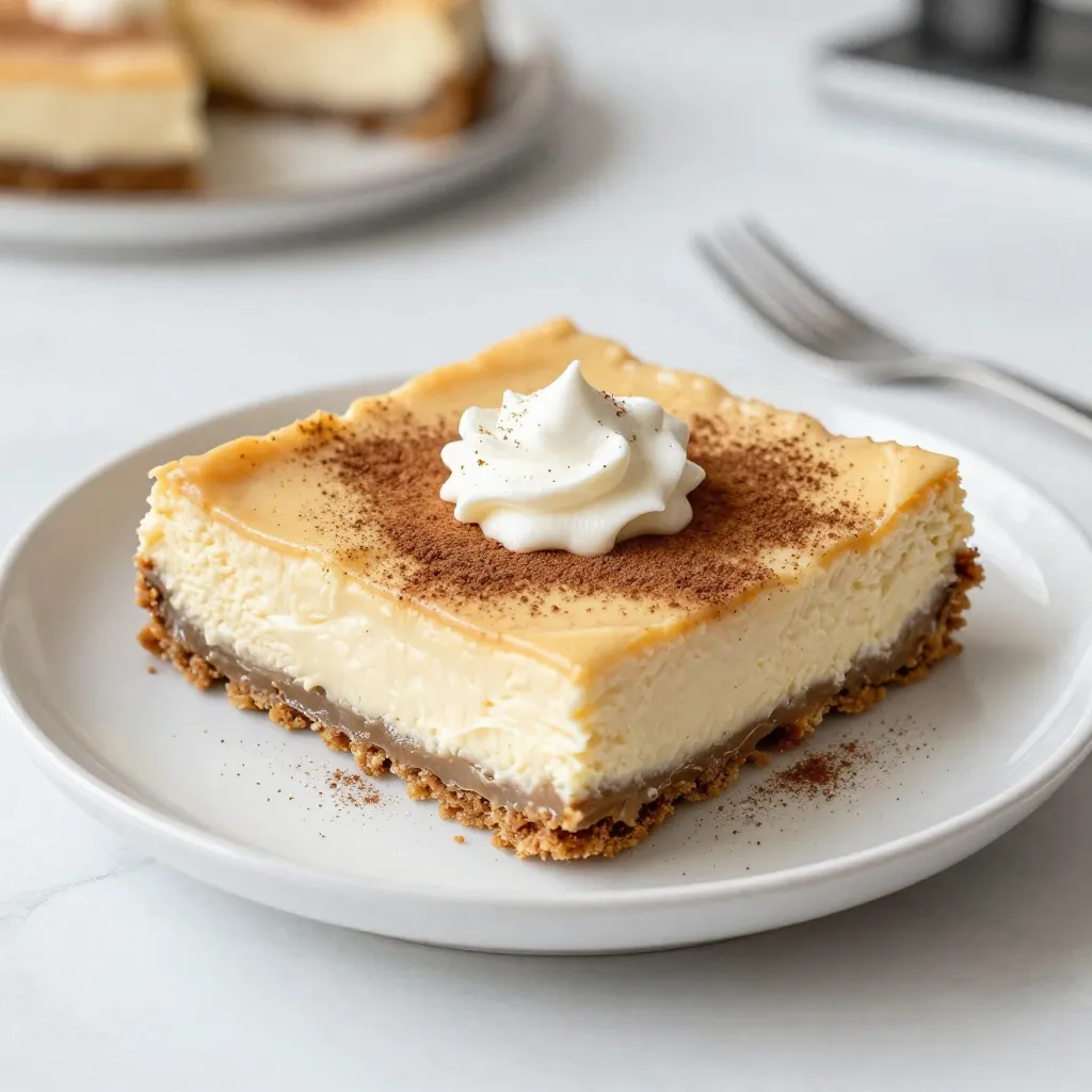 - 1 cup graham cracker crumbs - 1/2 cup unsalted butter, melted - 1/4 cup brown sugar - 1 teaspoon ground ginger - 1 teaspoon ground cinnamon - 1/4 teaspoon ground cloves - 1/4 teaspoon salt - 2 (8 oz) packages cream cheese, softened - 1 cup granulated sugar - 2 large eggs - 1 teaspoon vanilla extract - 1/2 cup sour cream - 1/4 cup molasses You can swap graham cracker crumbs for cookie crumbs if you want a different taste. Try using vanilla wafers or digestive biscuits. If you're looking for a vegan option, use vegan cream cheese. Brands like Tofutti or Kite Hill work well. For a low-sugar option, consider using a sugar substitute like erythritol or stevia. These can help keep the sweetness without the calories. Remember, always check the conversion ratios when using substitutes to get the right flavor and texture. {{ingredient_image_1}} First, line an 8x8 inch baking pan with parchment paper. Make sure to leave some overhang. This helps you lift the bars out easily later. Next, preheat the oven to 325°F (160°C). This temperature is perfect for baking the cheesecake bars. In a medium bowl, mix together the graham cracker crumbs, melted butter, brown sugar, ginger, cinnamon, cloves, and salt. Stir well until combined. This mixture should be crumbly but hold together when pressed. Now, press it firmly into the bottom of the prepared baking pan. This creates a solid crust layer. Bake in the oven for 10 minutes. Once done, remove it and let it cool slightly. In a large mixing bowl, combine the softened cream cheese and granulated sugar. Use an electric mixer to beat them together for about 2-3 minutes. The mixture should be smooth and creamy. Next, add the eggs one at a time. Mix well after each addition. Then, add the vanilla extract, sour cream, and molasses. Mix until everything is just combined. Finally, pour this creamy filling over the cooled crust. Spread it evenly using a spatula. Bake in the preheated oven for 30-35 minutes. The edges should be set, but the center can have a slight jiggle. This means it's not overcooked. Once baked, remove the pan from the oven. Allow it to cool at room temperature for about an hour. After that, refrigerate for at least 3 hours. This helps the bars set completely. Once chilled, lift the cheesecake out of the pan using the parchment paper overhang. Cut into bars to serve. To prevent cracks in your cheesecake bars, ensure your cream cheese is at room temperature. Cold cream cheese can lead to lumps and cracks. Mix slowly when adding eggs. Overmixing can also cause cracks. Check for doneness by looking for a slight jiggle in the center. The edges should be set, but the middle should still move a bit. This means it will firm up as it cools. Top your bars with whipped cream for a rich treat. A sprinkle of ground cinnamon or nutmeg adds a nice touch. You can also pair these bars with coffee for a warm drink option. Mint adds a fresh flavor that works well too. Serve your gingerbread cheesecake bars on a colorful platter. You can garnish with a dollop of whipped cream and a sprinkle of cinnamon. For a festive look, add a small sprig of mint. This simple touch makes your dessert stand out at gatherings. Pro Tips Chill Thoroughly: Make sure to refrigerate the cheesecake bars for at least 3 hours to allow for proper setting and flavor development. Use Room Temperature Ingredients: Ensure your cream cheese and eggs are at room temperature for a smoother batter and better incorporation. Prevent Cracking: To minimize cracks, avoid overbaking and let the bars cool gradually at room temperature before chilling in the fridge. Experiment with Toppings: Feel free to get creative with toppings like caramel sauce, chocolate drizzle, or crushed gingersnaps for added flavor and texture. {{image_2}} You can spice up your gingerbread cheesecake bars in fun ways. Adding chocolate gives a rich twist. Melt dark or milk chocolate and swirl it into the cheesecake mix. This adds a nice depth of flavor. Another great option is caramel. Drizzle caramel sauce on top before serving. This sweet touch balances the warm spices. Citrus zest infusions are another fun choice. Lemon or orange zest brightens the flavor. Just a teaspoon mixed into the cream cheese makes a big difference. It adds a fresh taste that complements the spices well. If you need gluten-free options, swap out the graham cracker crumbs. You can use almond flour or crushed gluten-free cookies instead. This keeps the crust tasty and safe for those with gluten sensitivities. For a lighter version, choose low-fat cream cheese and sour cream. You can also cut down on sugar. Use a sugar substitute like stevia for a sweet taste without the extra calories. This way, you can enjoy the bars without the guilt. Holiday flavors can make these bars even more special. Try adding pumpkin spice to the filling. Just mix in a tablespoon of pumpkin puree and a bit of pumpkin spice. This gives a cozy, festive vibe. In summer, you can top your bars with fresh fruit. Berries like strawberries or blueberries work great. They add a burst of color and flavor. Just slice the fruit and arrange it on top before serving. To keep your Gingerbread Cheesecake Bars fresh, use an airtight container. This prevents moisture loss and keeps them tasty. If you have leftovers, let the bars cool completely first. Then, place them in the container and layer with parchment paper between bars to avoid sticking. You can refrigerate the bars for up to a week. For longer storage, freeze them. Wrap each bar tightly in plastic wrap. Then, place them in a freezer-safe bag or container. This way, they can last for up to three months in the freezer. For the best flavor, enjoy these bars within the first few days. After that, they remain good for up to a week in the fridge. Check for any signs of spoilage. If the bars smell off or have an unusual texture, it’s best to throw them away. When frozen, the bars maintain great quality for about three months. Just remember to thaw them in the fridge before serving. This keeps the texture nice and creamy. Enjoy your holiday treat all season long! Yes, you can make these bars ahead of time. They store well in the fridge. After they cool, cover them tightly with plastic wrap or foil. They will stay fresh for about five days. If you want to keep them longer, freeze the bars. Just wrap them in plastic and then in foil. They can last up to three months in the freezer. When you are ready to eat them, thaw them overnight in the fridge. To check if your bars are done baking, look for a few signs. The edges should be set, while the center has a slight jiggle. If the center is too firm, it can turn dry. You can also insert a toothpick in the center. If it comes out clean or with just a few crumbs, they are ready. Remember, the bars will continue to cook slightly after you take them out of the oven. For clean cuts, use a sharp knife. Wipe the knife with a damp cloth between cuts. This helps keep the edges neat. You can also chill the bars before cutting. Cold bars are firmer and easier to slice. For a nice presentation, cut them into even squares. Serve them on a pretty platter to impress your guests. A sprinkle of cinnamon or a dollop of whipped cream can add a festive touch. You learned about making delicious gingerbread cheesecake bars, from ingredients to storage. I shared tips for perfect texture and serving ideas to impress guests. With various flavor combinations and dietary modifications, there’s a version for everyone. Remember to store them properly to enjoy your tasty treats longer. Have fun baking and customizing these bars for any season or celebration!