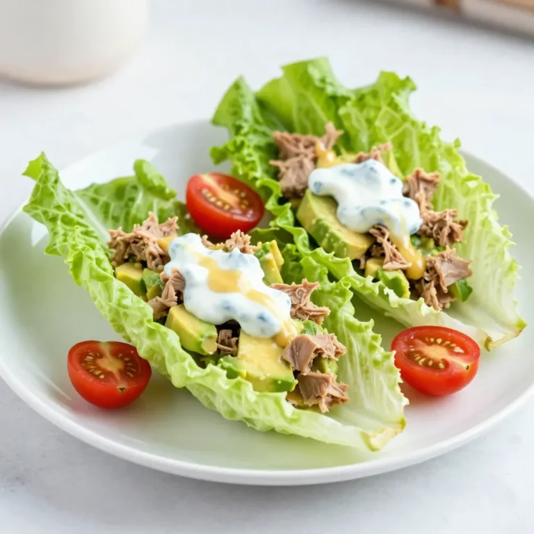 To make delicious avocado tuna salad, you need these key items: - 1 can (5 oz) tuna, drained - 1 ripe avocado, mashed - 1/4 cup Greek yogurt (or mayo for a richer taste) - 1 tablespoon Dijon mustard - 1 tablespoon lemon juice - 1 celery stalk, finely chopped - 1/4 red onion, finely chopped - 1 tablespoon fresh dill, chopped (or 1 teaspoon dried dill) - Salt and pepper to taste - 8 large lettuce leaves (like Romaine or Butter lettuce) - Cherry tomatoes, halved (for garnish) These ingredients work together to create a creamy and fresh dish. The tuna provides protein, while the avocado adds healthy fats and creaminess. If you want to boost the flavor of your avocado tuna salad, consider these add-ins: - Chopped pickles or relish - Sliced olives - Chopped bell peppers - A dash of hot sauce - Chopped nuts for crunch These options can add a new layer of taste and texture. Try mixing them in to find your favorite combo. You can easily swap some ingredients for others. Here are a few ideas: - Use canned salmon instead of tuna for a different flavor. - Swap Greek yogurt for sour cream for a tangy taste. - If you don't have dill, try parsley or cilantro. - For a lower-carb option, use cucumber slices instead of lettuce leaves. These substitutions let you customize the dish to your liking while keeping it tasty and fresh. {{ingredient_image_1}} To make avocado tuna salad lettuce wraps, start by gathering your ingredients. In a mixing bowl, add one can of drained tuna and one ripe, mashed avocado. Mix these two until they blend well. Next, add 1/4 cup of Greek yogurt or mayo, 1 tablespoon of Dijon mustard, and 1 tablespoon of lemon juice. Stir everything together until the mixture is smooth. Now, fold in the finely chopped celery and red onion. Add 1 tablespoon of fresh dill or 1 teaspoon of dried dill. Season with salt and pepper to taste. Adjust flavors as needed by adding more salt or lemon juice. When mashing the avocado, ensure it is ripe. A ripe avocado is soft and easy to mash. Use a fork to mash the avocado until it is creamy. This helps blend better with the tuna. When mixing, be gentle to keep some texture. Over-mixing can make the salad mushy, which is not what you want. For serving, take one large lettuce leaf, like Romaine or Butter lettuce. Spoon a generous amount of the tuna salad mixture into the center of the leaf. Top it off with halved cherry tomatoes for a pop of color and taste. Fold the lettuce leaf around the filling to form a wrap. You can serve them right away, or chill them for later. Enjoy your fresh and tasty lettuce wraps! Choosing ripe avocados is key. Look for avocados that feel slightly soft when you press them. If they are too hard, they need more time to ripen. For tuna, select a can labeled as “light” or “solid white” for best taste. Check the expiration date on the can. Freshness matters! To get great flavor, mash the avocado well. You want it creamy but not too smooth. Mix it with the tuna until just combined. Stir in Greek yogurt or mayo slowly. This keeps the texture nice and adds creaminess. Don't skip the lemon juice; it brightens the dish. Adjust salt and pepper to your taste. Remember, taste as you go! For fresh and crisp lettuce wraps, wash the leaves gently. Pat them dry with a towel. Thick leaves like Romaine hold the filling well. Lay the leaves flat before adding the tuna salad. This helps to keep your wrap from tearing. Serve the wraps right away for the best crunch! Pro Tips Use Fresh Ingredients: Fresh herbs and vegetables enhance the flavor of your tuna salad. Opt for freshly chopped dill and crisp celery for the best taste. Adjust Consistency: If you prefer a creamier texture, feel free to add more Greek yogurt or mayo to the mixture until it reaches your desired consistency. Experiment with Flavors: Don’t hesitate to add other ingredients like diced bell peppers, capers, or a dash of hot sauce for a unique twist on your salad. Chill Before Serving: For the best flavor, chill the tuna salad in the refrigerator for 30 minutes before serving. This allows the flavors to meld beautifully. {{image_2}} You can switch out tuna for chicken or chickpeas. If you use chicken, I recommend cooked and shredded chicken. This gives a nice texture. For a vegetarian twist, use chickpeas. Smash them slightly and mix as you would with tuna. Both options keep the dish fresh and tasty. If you like heat, try adding some hot sauce or diced jalapeños. A sprinkle of cayenne pepper adds a kick without overpowering. You can also mix in a bit of smoked paprika for a warm flavor. Adjust the spice to suit your taste and enjoy the new twist! To make this dish vegan, replace the tuna with mashed chickpeas or tofu. Use plant-based yogurt instead of Greek yogurt. You can also skip the yogurt altogether and add more avocado. This keeps it creamy and rich while being completely dairy-free. Enjoy your healthy, vegan version! To keep your leftover tuna salad fresh, place it in an airtight container. This will help keep moisture in and air out. You should eat it within 2-3 days for the best taste. If you notice any changes in color or smell, it’s best to throw it away. Store your lettuce in the fridge to keep it crisp. Wrap the leaves in a damp paper towel and place them in a plastic bag. This helps keep them fresh for about a week. Avoid washing the leaves until you are ready to use them. Excess moisture can cause them to spoil faster. Use glass or plastic containers with tight lids for the best storage. They help prevent air and moisture from getting in. For tuna salad, a medium-sized container works best. For lettuce, a larger container will keep the leaves flat and unbroken. Make sure to label your containers with the date for easy tracking. Yes, you can make Avocado Tuna Salad ahead of time. I often prepare it a few hours before serving. It tastes great when chilled. Just store it in an airtight container in the fridge. This keeps it fresh and flavorful. Avoid adding the lettuce until you’re ready to eat. This way, the lettuce stays crisp and doesn't get soggy. Avocado Tuna Salad is packed with health benefits. It combines protein from tuna and healthy fats from avocado. Here are some key benefits: - Heart Health: Tuna is rich in omega-3 fatty acids. These fats can help lower bad cholesterol. - Nutrient-Dense: Avocados are high in vitamins E, C, and K. They also provide fiber. - Low-Carb Option: Using lettuce wraps instead of bread cuts carbs. It is a great choice for those watching their carbs. - Hydrating: This salad includes fresh vegetables, which add hydration. The Avocado Tuna Salad lasts about 2 days in the fridge. Be sure to store it in an airtight container. After 2 days, the avocado may brown and lose its taste. If you notice any changes in smell or texture, it’s best to discard it. Always check for freshness before eating leftovers. In this blog post, we explored how to make a tasty avocado tuna salad. We covered key ingredients, cooking steps, and tips for fresh lettuce. You can also swap or add ingredients to suit your taste. Choose your protein, spice it up, or go vegan. Remember to store leftovers correctly to keep them fresh. This dish offers great flavor and health benefits. Enjoy making and serving it your way. You’ll love this quick meal for any day!