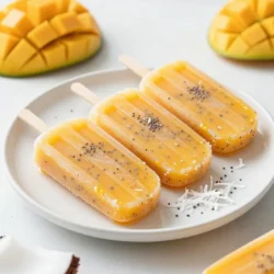 - Ripe mangoes - Coconut milk - Sweetener options (honey or maple syrup) - Chia seeds - Lime juice - Salt To make these mango coconut chia popsicles, you need simple and fresh ingredients. First, grab two ripe mangoes. Their sweet and juicy flesh creates a bright flavor. Use coconut milk for a creamy texture. You can choose honey or maple syrup to sweeten the mix. Chia seeds add a fun texture and boost nutrition. Don’t forget lime juice; it adds a zesty twist. A pinch of salt enhances all the flavors. Each ingredient plays a role in making these popsicles a refreshing treat. - Calories per serving: About 150 - Key nutrients: Fiber, healthy fats, vitamins - Health benefits of chia seeds: Good for digestion, packed with omega-3s, and helps with hydration Each popsicle has around 150 calories, making them a light snack. You get fiber from chia seeds and mangoes, which aids digestion. The healthy fats in coconut milk provide energy and keep you full. Chia seeds are tiny powerhouses. They are high in omega-3 fatty acids, which are great for your heart. Plus, they help keep you hydrated, especially in the summer heat. These popsicles are not just tasty; they are also good for you! {{ingredient_image_1}} - Blending the mango coconut mixture: Start by taking two ripe mangoes. Dice them into small pieces. Then, add them to your blender. Pour in one cup of coconut milk, a quarter cup of honey or maple syrup, one tablespoon of lime juice, and a pinch of salt. Blend this mixture until it is smooth and creamy. - Combining chia seeds with the blended mixture: In a mixing bowl, combine a quarter cup of chia seeds with your blended mango mixture. Stir it well to make sure the chia seeds are spread evenly throughout the mix. - Allowing chia seeds to swell: Let the mixture sit for about 5 to 10 minutes. This time allows the chia seeds to absorb some liquid and swell up. After this, give it another stir to break up clumps of chia seeds. - Pouring into popsicle molds: Next, carefully pour your mixture into popsicle molds. Leave a little space at the top of each mold. The mixture will expand when it freezes. - Inserting popsicle sticks: Once your molds are filled, insert the popsicle sticks. Make sure they stand straight in the mixture. - Freezing process: Place the molds in the freezer. Let them freeze for at least 4 to 6 hours, or until they are completely solid. - Techniques to loosen pops from molds: When you are ready to enjoy your popsicles, take them out of the freezer. Run warm water over the outside of the molds for a few seconds. This helps loosen the pops. - Presentation tips: Gently pull the popsicles out of the molds. Serve them on a colorful platter. For a fun touch, you can garnish with fresh mint leaves or sprinkle some coconut flakes on top. Enjoy your tasty treat! To make these mango coconut chia popsicles just right for you, tweak the sweetness. Start with the recommended 1/4 cup of honey or maple syrup. If you prefer them sweeter, add a little more. If you want less sugar, reduce it gradually. You can also mix in different fruits. Try adding berries, bananas, or pineapple for extra flavor. Each fruit brings a unique taste and color. This way, you can create your own favorite popsicle! Store any leftover popsicles in an airtight container. This keeps them fresh and tasty. Make sure to separate layers with parchment paper if stacking. These popsicles freeze well for about 3 months. For the best flavor and texture, enjoy them within this time. When you're ready to eat, simply run warm water over the mold for a few seconds to loosen them. Enjoy the refreshing taste! Pro Tips Choose Ripe Mangoes: For the best flavor and sweetness, ensure your mangoes are fully ripe and soft to the touch before using them in this recipe. Adjust Sweetness: Depending on the ripeness of your mangoes, you may want to adjust the amount of honey or maple syrup to suit your taste preferences. Chia Seed Soaking: Allowing the chia seeds to sit for 5-10 minutes helps them absorb moisture and create a better texture in the popsicles. Creative Variations: Experiment with other fruits like pineapple or berries for a unique twist on these popsicles; just remember to adjust the sweetness accordingly. {{image_2}} You can change the fruit in these popsicles. Berries, like strawberries or blueberries, add bright flavors. You can also use other tropical fruits, such as pineapple or passion fruit. Mixing fruits makes each popsicle unique. If you want a creamier base, swap coconut milk for almond or oat milk. These alternatives still give you a tasty treat. Each milk has its own flavor, so try them out to find your favorite. These popsicles can fit many diets. They are naturally vegan since they use plant-based ingredients. If you want to keep them dairy-free, stick with coconut milk. For a low-sugar option, reduce the honey or maple syrup. You can also use a sugar substitute, like stevia. This keeps the sweetness without adding extra sugar. Adjusting the sweetener lets you enjoy a refreshing treat without worry. You can make your Mango Coconut Chia Popsicles even better with great drinks. Fresh fruit juices pair well. Try a tall glass of lemonade or iced tea. Coconut water also adds a nice touch. For a fun twist, serve these pops with a splash of sparkling water. Summer gatherings are perfect for these popsicles. They cool you down on hot days. Set up a popsicle bar with toppings. Guests can add toppings like shredded coconut or fresh fruit. This makes the experience interactive and fun. Kids love to get creative with their treats. Make your popsicles look extra special. Use a colorful platter to serve them. Garnish with fresh mint leaves or a sprinkle of coconut flakes. This adds color and a nice aroma. You can also use small bowls for toppings. This way, everyone can customize their pops. For a fun touch, use cute popsicle sticks. You can even write guests' names on them. This adds a personal vibe to your gathering. Guests will enjoy the pops even more when they look great! Can I use frozen mango instead? Yes, you can use frozen mango. It blends well. Just let it thaw a bit before blending. This way, the popsicles stay smooth. Frozen mango also adds a nice chill. How long do these popsicles last in the freezer? These popsicles can last for about two months in the freezer. To keep them fresh, store them in an airtight container. This helps avoid freezer burn. Are chia seeds safe for children? Yes, chia seeds are safe for kids. They are full of fiber and healthy fats. Just make sure to start with small amounts. This helps kids get used to them. What if I don’t have popsicle molds? If you don’t have molds, use paper cups instead. Pour the mixture into the cups, then add sticks. You can also use ice cube trays. Just adjust the freezing time for smaller sizes. You learned how to make tasty mango coconut popsicles using simple ingredients. We covered the main ingredients, step-by-step instructions, tips for storage, and fun variations. These treats are not only delicious but also packed with nutrients. You can customize them to fit your taste or diet. Try serving them at summer gatherings for a refreshing snack. Now, it's your turn to create a fun and healthy treat. Enjoy making your own delicious popsicles!