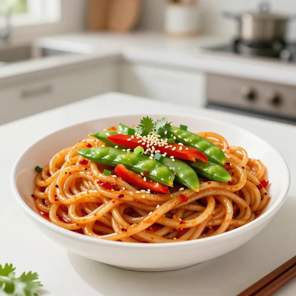 - 8 oz rice noodles - 3 tablespoons sweet chili sauce - 2 tablespoons soy sauce - 1 tablespoon sesame oil - 4 cloves garlic, minced - 1 tablespoon fresh ginger, grated - 1 red bell pepper, thinly sliced - 1 cup snap peas - 1 green onion, chopped - 1 tablespoon sesame seeds - Fresh cilantro for garnish - Salt and pepper to taste Gather these fresh ingredients before you start cooking. The rice noodles are the base of the dish. Sweet chili sauce adds a rich, sweet flavor. Soy sauce gives the noodles a savory touch. Sesame oil brings a nutty scent to the mix. Next, you need aromatics and veggies. Garlic and ginger create a warm, inviting smell. The red bell pepper adds a pop of color and crunch. Snap peas give a nice snap and freshness. Finally, garnishes make the dish look pretty. Green onions add a nice bite. Sesame seeds add a bit of crunch. Fresh cilantro gives a lovely, vibrant finish. Adjust salt and pepper to your taste for the perfect flavor. {{ingredient_image_1}} To cook the rice noodles, follow the package instructions. Most noodles need boiling water. Soak them for about 5-10 minutes. Once soft, drain them in a colander. Rinse with cold water to stop cooking. This helps prevent sticking. You can also toss them with a little oil to keep them separate. In a large pan or wok, heat the sesame oil over medium heat. Add the minced garlic and grated ginger. Sauté them for about 1 minute until they smell good. Next, add the sliced red bell pepper and snap peas. Stir-fry these for 3-4 minutes. You want the veggies to be tender but still crisp. Now, it’s time to add the rice noodles to the pan. Pour in the sweet chili sauce and soy sauce. Toss everything well, so the noodles soak in the sauce. Stir-fry for another 2-3 minutes. This lets the noodles absorb all the tasty flavors. Season with salt and pepper as you like. To make these Sweet Chili Garlic Noodles just right, you can tweak the sweetness or spice levels. If you want more sweetness, add more sweet chili sauce. For extra heat, try adding a dash of chili flakes or sriracha. Seasoning is key. Taste as you cook and add salt or pepper to balance the flavors. A good pan makes a big difference. I recommend using a non-stick pan or a wok. These choices help prevent sticking and allow even cooking. Stir-frying is the best method here. It keeps the veggies crisp and the noodles hot. Other methods may not give you that perfect blend of textures. These noodles pair well with proteins like chicken, shrimp, or tofu. You can also serve them with a side salad or steamed veggies. For a nice presentation, pile the noodles high on a plate. Top them with green onions, sesame seeds, and cilantro. This adds color and makes your dish look inviting. Pro Tips Use Fresh Ingredients: Fresh garlic and ginger will enhance the flavor of your noodles. Avoid using pre-minced or jarred versions for the best taste. Customize Your Veggies: Feel free to add or substitute your favorite vegetables, such as broccoli, carrots, or zucchini, to make the dish your own. Control the Spice: If you prefer a milder dish, reduce the amount of sweet chili sauce or add a splash of lime juice for acidity without extra heat. Garnish Generously: Don’t skip the cilantro and sesame seeds; they add a fresh finish and extra crunch that elevate the dish. {{image_2}} You can use different noodles for this dish. If you need gluten-free, try rice noodles. They work well and have a nice texture. Whole grain noodles are another option. They add fiber and a nutty flavor. You can even use egg noodles for a richer taste. Just cook them according to the package instructions. Adding veggies makes this dish even better. You can use seasonal vegetables like zucchini or asparagus. Leftover veggies from your fridge work great too! Carrots, broccoli, or mushrooms add color and crunch. Just chop them small and stir-fry them with the garlic and ginger. This keeps the dish fresh and vibrant. Want to make it heartier? Add protein! Chicken, shrimp, or tofu are fantastic choices. For chicken, slice it thin and cook it first. Shrimp cooks quickly, so add it after the veggies. Tofu can be cubed and sautéed until golden. Each choice gives a different flavor and texture. These additions make your meal more filling and nutritious. To store your Sweet Chili Garlic Noodles, let them cool first. Place them in an airtight container. This helps keep the noodles fresh. Store the container in the fridge. You can reheat these noodles in a pan or microwave. If using a pan, add a splash of water to keep them moist. Heat over medium until warm. Yes, you can freeze these noodles! To do this, let them cool completely. Use freezer-safe bags or containers. Remove as much air as possible before sealing. For best quality, eat them within three months. To thaw, place them in the fridge overnight or use the microwave. In the fridge, these noodles last about three to four days. Make sure to check for any signs of spoilage before eating. If they smell off or look strange, it's best to toss them. Enjoy your leftovers while they’re fresh! Sweet chili garlic noodles come from Asian cuisine. They blend sweet, spicy, and savory flavors. This dish is popular in Thai and Chinese cooking. The sweet chili sauce adds a unique taste. Garlic enhances the flavor and aroma, making it very appealing. Yes, you can use different sauces. Hoisin sauce or teriyaki sauce can work well. These sauces offer a similar sweet taste. You can also mix soy sauce with a bit of sugar for a quick swap. Experimenting with sauces can lead to fun new flavors. Absolutely! Sweet chili garlic noodles are great for meal prep. They store well in the fridge. You can make a big batch and enjoy them later. Just keep the noodles and sauce separate until you’re ready to eat. This helps the noodles stay fresh and tasty. To add more heat, include red pepper flakes or chili paste. You can also use a hotter sweet chili sauce. Adding sliced fresh chili peppers can boost the spice level too. Adjust to your taste. Start with a little, then add more if you like it spicier. Yes, you can easily make this dish vegan. Just ensure your sweet chili sauce is vegan. Most brands are, but check the label. Use tofu or tempeh for protein. This adds texture and flavor while keeping it plant-based. Enjoy a delicious meal without any animal products! You can make Sweet Chili Garlic Noodles easily using simple ingredients. We covered key components, cooking steps, and tips to make them perfect. Add protein or veggies to suit your taste and use various noodles to switch it up. Store leftovers properly for later enjoyment. This dish is versatile, tasty, and can be tailored to your preferences. So grab your ingredients and start cooking today!