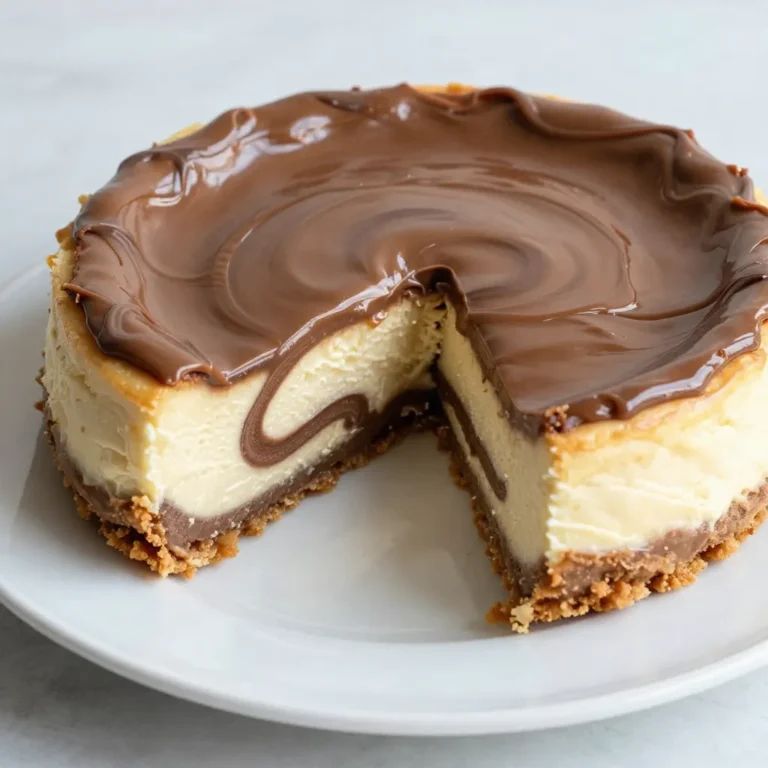 To make a Nutella swirl cheesecake, you need fresh and simple ingredients. Here is the list of what you will need: - 1 ½ cups graham cracker crumbs - ½ cup unsalted butter, melted - 2 tablespoons sugar - 3 (8 oz) packages of cream cheese, softened - 1 cup granulated sugar - 3 large eggs - 1 teaspoon vanilla extract - 1 cup sour cream - ¾ cup Nutella Each ingredient plays a key role. The graham cracker crumbs make a sweet and crunchy crust. The melted butter binds them together. Sugar adds sweetness to the crust and the cheesecake itself. Cream cheese is the main base for the cheesecake. It gives a rich and smooth texture. The eggs help the cheesecake set. They add structure and creaminess. Vanilla extract brings a warm flavor to the mix. Sour cream adds tanginess, balancing the sweetness. Lastly, Nutella swirls in creamy chocolate goodness, making each bite a dream. Gather these ingredients for a delightful treat. You’ll love the blend of flavors and textures in this dessert! {{ingredient_image_1}} First, preheat your oven to 325°F (160°C). This step is key for a good bake. Next, in a medium bowl, mix 1 ½ cups of graham cracker crumbs, ½ cup melted unsalted butter, and 2 tablespoons of sugar. Stir well until combined. Then, press this mixture into the bottom of a 9-inch springform pan. Make sure it is even and compact. Bake this crust for 10 minutes. Once done, take it out and let it cool. In a large mixing bowl, start by beating 3 packages of softened cream cheese with a hand mixer on medium speed. Blend until it is nice and fluffy. Gradually add in 1 cup of granulated sugar. Mix well until smooth. Now, add 3 large eggs one by one. Ensure each egg is fully mixed in before adding the next. After that, mix in 1 teaspoon of vanilla extract and 1 cup of sour cream until everything is smooth and creamy. Pour half of the cheesecake batter over the cooled crust in the springform pan. Then, spoon half of the ¾ cup Nutella over this layer of batter. Use a knife or spatula to gently swirl it in. Next, add the remaining cheesecake batter on top. Spoon the rest of the Nutella and swirl again for a lovely marbled look. Now, it's time to bake! Place it in the preheated oven for 55 to 60 minutes. The center should be set but still slightly jiggly. Once baked, turn off the oven and slightly crack the door open. Let the cheesecake cool inside for about an hour. This helps prevent cracking. After it cools, refrigerate the cheesecake for at least 4 hours or overnight for the best taste. Before serving, remove the sides of the springform pan and slice the cheesecake to enjoy! To swirl Nutella into your cheesecake, use a knife or spatula. Spoon Nutella onto the batter, then gently move it around. Don’t over-swirl, or you’ll lose the beautiful marbling. For a smooth cheesecake texture, beat the cream cheese well. Make sure it’s soft and fluffy before adding other ingredients. To avoid cracks, let your cheesecake cool slowly. After baking, turn off the oven and crack the door open. This step allows the cheesecake to cool gradually. It helps keep the surface smooth and pretty. For a lovely finish, top your cheesecake with whipped cream and chocolate shavings. Fresh berries also add color. Slice the cheesecake with a hot knife for clean cuts. Serve it on a beautiful plate to impress your guests. Pro Tips Chill the Cream Cheese: Ensure your cream cheese is at room temperature for easier blending, resulting in a smoother cheesecake texture. Swirl Technique: For beautiful marbling, use a toothpick or a skewer to swirl the Nutella gently, being careful not to overmix. Prevent Cracking: Allow the cheesecake to cool in the oven with the door slightly ajar after baking to minimize the risk of cracks. Optimal Refrigeration: Refrigerate the cheesecake overnight for the best flavor and texture; this allows the flavors to meld beautifully. {{image_2}} You can mix Nutella with many flavors. Try adding peanut butter for a nutty twist. You could also swirl in caramel for added sweetness. If you love coffee, mix in espresso for a rich flavor. For a fruity touch, add raspberry puree to the cheesecake batter. This gives a fresh taste that pairs well with Nutella. You can also top your cheesecake with fresh berries or whipped cream for a beautiful finish. If you want a gluten-free cheesecake, use gluten-free graham cracker crumbs. This simple swap makes it safe for those with gluten issues. For a vegan version, use plant-based cream cheese. You can find many brands that taste great. Instead of eggs, use flaxseed meal mixed with water. This works well as a binding agent. These adjustments make it easy for everyone to enjoy this dessert. To keep your Nutella swirl cheesecake fresh, store it in the fridge. First, cover it with plastic wrap or foil. This helps keep it moist and stops it from absorbing other smells. Place your cheesecake on a flat surface in the fridge. Avoid stacking items on top of it. If you want to save it for later, freezing is a great option. Slice the cheesecake into pieces. Wrap each piece in plastic wrap tightly. Then, place the wrapped slices in a freezer-safe bag. This helps prevent freezer burn. In the fridge, Nutella swirl cheesecake lasts about 5 to 7 days. Check for any signs of spoilage before eating. If you freeze it, it can stay good for about 2 to 3 months. Just remember, the longer it stays frozen, the more it may lose its texture. Always thaw it in the fridge for best results before serving. To serve Nutella swirl cheesecake, slice it into equal pieces. Place each slice on a plate. For a nice touch, add a dollop of whipped cream on top. You can also drizzle extra Nutella over each slice. If you want a crunchy element, sprinkle some chopped hazelnuts on top. Serve it chilled for the best flavor. Yes, you can use a different chocolate spread. Brands like Hershey's or Cadbury work well. Each spread brings a unique taste. You might try a peanut butter spread for a twist. Just remember that each option will change the flavor somewhat. Keep it fun and explore new combinations! To check if the cheesecake is done, look for slight jiggle in the center. It should not be liquidy. The edges should look set and firm. You can also use a toothpick to test. Insert it into the center; if it comes out clean, it’s ready! If it sticks, bake a bit longer. You now have a complete guide to making Nutella swirl cheesecake. From the rich ingredients to easy steps, you can create a delicious treat. Remember to use the tips for a perfect swirl and prevent cracks. Explore variations to make it your own, and follow storage tips to keep it fresh. With this recipe, you’ll impress everyone. Enjoy making and sharing your cheesecake masterpiece!