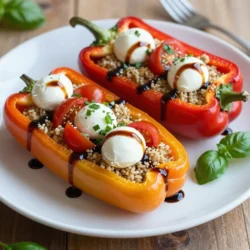 To make Caprese Quinoa Stuffed Peppers, you will need: - 4 large bell peppers (any color) - 1 cup quinoa, rinsed - 2 cups vegetable broth - 1 cup cherry tomatoes, halved - 1 cup fresh mozzarella balls, halved - 1/2 cup fresh basil, chopped - 2 tablespoons balsamic glaze - 1 tablespoon olive oil - Salt and pepper to taste Using fresh ingredients makes a big difference. Fresh bell peppers add crunch and flavor. Ripe cherry tomatoes bring sweetness and color. Fresh mozzarella gives a creamy texture. Fresh basil adds a fragrant touch. When you use fresh items, your dish tastes better and looks vibrant. If you cannot find some ingredients, here are some great swaps: - Bell peppers: Use zucchini or eggplant instead. - Quinoa: Try brown rice or farro. - Cherry tomatoes: Use diced regular tomatoes or sun-dried tomatoes. - Fresh mozzarella: Feta or goat cheese can work well. - Balsamic glaze: A simple balsamic vinegar can be a good substitute. - Basil: Use parsley or arugula for a different flavor. These swaps keep your meal tasty and fun! {{ingredient_image_1}} Start by washing the bell peppers well. Take four large peppers in any color you like. Cut off the tops of each pepper. Make sure to remove all the seeds inside. Place the peppers upright in a baking dish. This helps them hold the stuffing better. Now, let’s cook the quinoa. Rinse one cup of quinoa under cold water. This step removes any bitter taste. In a pot, combine the rinsed quinoa and two cups of vegetable broth. Bring the mix to a boil. Once boiling, reduce the heat to a simmer and cover the pot. Cook for about 15 minutes. The quinoa is done when it looks fluffy and all the broth is absorbed. In a large bowl, mix the cooked quinoa with one cup of halved cherry tomatoes, one cup of halved fresh mozzarella balls, and half a cup of chopped fresh basil. Drizzle in one tablespoon of olive oil and two tablespoons of balsamic glaze. Add salt and pepper to taste. Stir everything well to combine. Now, take each bell pepper and carefully stuff it with the quinoa mixture. Pack the filling down gently to fit it all in. Cover the baking dish with aluminum foil. Bake in the oven at 375°F (190°C) for 25 minutes. After 25 minutes, remove the foil. Bake for another 10-15 minutes until the peppers are tender and slightly charred on top. Once done, take the dish out of the oven and let the peppers cool for a few minutes before serving. Enjoy your delicious Caprese quinoa stuffed peppers! To make your Caprese quinoa stuffed peppers shine, proper seasoning is key. I suggest using salt and pepper generously. Taste the filling before stuffing it into the peppers. If it needs more flavor, add a pinch more salt or a dash of pepper. You can also mix in some garlic powder or Italian herbs like oregano or thyme. These small tweaks can make a big difference in taste. For even cooking, place the stuffed peppers upright in a baking dish. This helps them cook through without tipping over. Cover the dish with aluminum foil for the first part of baking. This traps steam and helps cook the peppers without drying them out. After 25 minutes, remove the foil. This lets the tops char slightly and adds a nice texture. Presentation is important when serving. I like to arrange the stuffed peppers on a large platter. Drizzle some extra balsamic glaze over them for a pop of flavor and color. Garnish with whole basil leaves for an elegant touch. This not only looks great but makes the dish even more appealing. Pro Tips Use Fresh Ingredients: The quality of the tomatoes and basil can significantly enhance the flavor of the dish, so opt for the freshest produce available. Customize Your Cheese: Feel free to experiment with different types of cheese, such as feta or goat cheese, for a unique twist on the classic Caprese flavor. Pre-cook Bell Peppers: For an even softer texture, consider pre-roasting the bell peppers for 10 minutes before stuffing them. Make Ahead: These stuffed peppers can be prepared in advance and stored in the refrigerator. Just reheat before serving for a quick and easy meal. {{image_2}} You can easily make Caprese quinoa stuffed peppers vegetarian or vegan. For a vegetarian version, just keep the fresh mozzarella. If you want vegan, swap out the mozzarella for a plant-based cheese. You can also use avocado for creaminess. Using these swaps will still give you that delicious caprese flavor. If you want to add protein, ground turkey or chicken works great. Cook the meat in a pan before mixing it with quinoa and veggies. For a meatless option, try black beans or chickpeas. These beans add protein and a nice texture to your dish. Feel free to get creative with your ingredients. Instead of bell peppers, use zucchini or eggplant. You can also change the grains. Try brown rice or farro instead of quinoa. For the dressing, a squeeze of lemon juice can brighten the flavors. These swaps keep the meal fresh and fun! To keep your Caprese quinoa stuffed peppers fresh, I recommend using an airtight container. Once the peppers cool down, place them in the container. Store them in the fridge for up to three days. This way, you can enjoy them later without losing their taste. You can also freeze these stuffed peppers for future meals. First, let them cool completely. Then, wrap each pepper in plastic wrap. After that, place them in a freezer-safe bag. They can last up to three months in the freezer. When you’re ready to eat, just thaw them in the fridge overnight. To reheat your stuffed peppers, preheat the oven to 350°F (175°C). Remove the peppers from the container. Place them in a baking dish and cover with foil. Heat for about 20 minutes or until warm. This method helps keep the peppers moist. You can also use the microwave for a quick option. Just heat them for a few minutes, checking often to avoid overcooking. Yes, you can prepare Caprese Quinoa Stuffed Peppers ahead of time. To do this, cook the quinoa and mix it with other ingredients. Then, stuff the peppers and cover them tightly. You can store them in the fridge for up to 24 hours. When you're ready to eat, just bake them as directed. This saves time and makes dinner easier. You can tell the peppers are fully cooked when they are soft and tender. The skin should look slightly wrinkled and may have a few charred spots. After baking for 25 minutes under foil, remove it and bake for another 10 to 15 minutes. This additional time helps to caramelize the tops, adding flavor. Caprese Quinoa Stuffed Peppers pair well with many sides. Here are a few ideas: - A fresh green salad with lemon vinaigrette. - Garlic bread or a crusty baguette to soak up any extra juices. - Roasted vegetables for added flavor and color. - A light soup, like tomato basil, to warm up the meal. These sides will enhance the meal and keep it light and fresh. Making Caprese Quinoa Stuffed Peppers is easy and tasty. We covered fresh ingredients, step-by-step cooking, and flavor tips. You learned how to store leftovers and even make variations. You can enjoy a fun meal that's good for you. Whether you use meat or beans, your choices matter. Keep it simple and tasty. Now, go ahead and make your own stuffed peppers! Enjoy each bite and share with friends.
