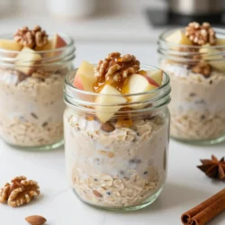 To make tasty apple pie overnight oats, you'll need these main items: - 1 cup rolled oats - 1 cup unsweetened almond milk (or any milk of choice) - 1 medium apple, peeled, cored, and diced - 1 tablespoon maple syrup (or honey) - 1 teaspoon cinnamon - 1/4 teaspoon nutmeg - 1 tablespoon chia seeds - A pinch of salt These ingredients create a creamy base and rich flavor. The oats soak up the milk and spices, making them soft and delicious by morning. If you want to add more creaminess and taste, consider these options: - 1/4 cup Greek yogurt - 1/4 cup chopped walnuts (or your choice of nuts) Greek yogurt makes the oats richer and adds protein. Nuts give a nice crunch, making each bite exciting. You can change the sweetener or milk to fit your taste. Here are some alternatives: - Use honey, agave syrup, or coconut sugar instead of maple syrup. - Try coconut milk, soy milk, or oat milk instead of almond milk. These swaps help you customize your oats. You can make them sweeter or creamier based on what you like best. {{ingredient_image_1}} To start your apple pie overnight oats, gather your ingredients. You will need rolled oats, almond milk, maple syrup, chia seeds, cinnamon, nutmeg, and a pinch of salt. 1. In a medium bowl, combine these items. 2. Mix well until everything blends evenly. This step is key for great flavor. 3. Make sure the oats soak up the milk and sweeteners. Next, it’s time to add the fresh apple and nuts. 1. Peel and dice one medium apple. 2. Gently fold in the apple pieces into your oat mixture. 3. If using Greek yogurt, add it now for creaminess. 4. Lastly, sprinkle in your choice of chopped walnuts or any nuts you prefer. This adds a nice crunch to your dish. Once your mixture is ready, it’s time to chill. 1. Divide the mixture into two jars or containers. 2. Seal them tightly and place them in your fridge overnight. 3. If you’re short on time, let them chill for at least four hours. In the morning, stir the oats well. If they seem too thick, add a splash of almond milk. For a special touch, top with more diced apples, a drizzle of maple syrup, and a sprinkle of cinnamon before serving. Present them in clear jars to show off those lovely layers. Enjoy your nutritious and tasty apple pie overnight oats! Use rolled oats for the best texture. They soak up liquid well. Mix oats with almond milk, maple syrup, chia seeds, cinnamon, nutmeg, and salt in a bowl. Stir the mixture well. Let it sit for at least four hours or overnight. This allows the oats to soften and absorb flavors. If you want, you can soak oats in a larger batch. After soaking, check the consistency of your oats. If it seems too thick, add a splash of almond milk. Stir until it reaches your desired creaminess. If you like it thicker, use less milk next time. If you want extra creaminess, fold in Greek yogurt. This makes the oats richer and tastier. Serve your overnight oats in clear glass jars. This shows off the beautiful layers. Top with diced apples or a sprinkle of cinnamon for a nice touch. You can also drizzle some maple syrup on top. This adds sweetness and makes it look inviting. Enjoy making it pretty! Pro Tips Use Quick Oats: If you're short on time, consider using quick oats instead of rolled oats for a faster absorption of liquid. Mix and Match Fruits: Feel free to experiment with other fruits like pears or berries in place of apples for a different flavor profile. Sweetness Adjustment: Adjust the sweetness of your overnight oats by adding more or less maple syrup based on your taste preference. Storage Tips: Store the overnight oats in an airtight container to keep them fresh for up to 3 days in the refrigerator. {{image_2}} To make your apple pie overnight oats even better, try adding dried fruits or spices. Dried cranberries or raisins add a sweet touch. They mix well with the apple and spices. You can also boost the flavor with a pinch of ginger or cloves. These spices give a warm taste that reminds you of fall. If you have dietary needs, you can easily adjust this recipe. For a vegan option, use almond milk and maple syrup. You can skip the Greek yogurt or replace it with a plant-based yogurt. If you need gluten-free oats, make sure to check the label. This way, you can enjoy your oats without worries. Changing up your ingredients can keep your oats fresh and exciting. In the fall, add pumpkin puree and pumpkin spice for a cozy treat. In summer, toss in fresh berries like strawberries or blueberries. Each season brings new flavors. This keeps your breakfast fun and delicious all year long! After making your apple pie overnight oats, you may have some left. To store them, place the oats in a jar or a container with a tight lid. This keeps them fresh and prevents spills. Never leave them uncovered in the fridge, as they can dry out. I recommend using glass jars for storage. They are easy to clean and let you see the layers. If you prefer, plastic containers can work, too. Just make sure they seal well. You can even use mason jars for a fun touch! Your apple pie overnight oats will stay good for up to four days in the fridge. After that, they may lose their taste and texture. If you notice any off smell or change in color, it’s best to toss them out. Enjoy them fresh for the best flavor! Yes, you can use steel-cut oats. Steel-cut oats have a chewier texture. They need more time to soak. I recommend soaking them overnight for best results. You may need to adjust the liquid. Try adding a bit more almond milk for creaminess. You can keep overnight oats for up to five days. They stay fresh if stored in a sealed jar. The flavors will deepen over time. Just stir before eating. If they seem too thick, add a splash of milk. You can add many tasty toppings! Here are a few ideas: - Fresh fruit like bananas or berries - A dollop of nut butter - A sprinkle of granola for crunch - More nuts for added protein - Coconut flakes for a tropical twist Experiment with your favorites to make it special! In this post, we explored how to make delicious apple pie overnight oats. We covered main and optional ingredients, plus sweetener choices. I shared step-by-step instructions for prep and serving. Tips helped you achieve the best texture and presentation. I also offered fun variations and storage advice. Now, you can enjoy a tasty, healthy breakfast. These oats are great for any day. Try different ingredients to find your favorite mix!