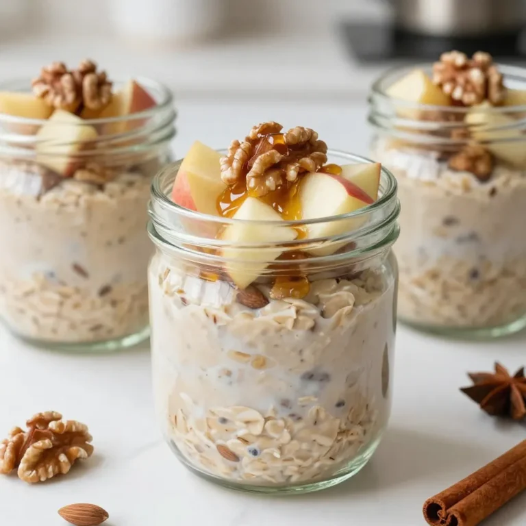 To make tasty apple pie overnight oats, you'll need these main items: - 1 cup rolled oats - 1 cup unsweetened almond milk (or any milk of choice) - 1 medium apple, peeled, cored, and diced - 1 tablespoon maple syrup (or honey) - 1 teaspoon cinnamon - 1/4 teaspoon nutmeg - 1 tablespoon chia seeds - A pinch of salt These ingredients create a creamy base and rich flavor. The oats soak up the milk and spices, making them soft and delicious by morning. If you want to add more creaminess and taste, consider these options: - 1/4 cup Greek yogurt - 1/4 cup chopped walnuts (or your choice of nuts) Greek yogurt makes the oats richer and adds protein. Nuts give a nice crunch, making each bite exciting. You can change the sweetener or milk to fit your taste. Here are some alternatives: - Use honey, agave syrup, or coconut sugar instead of maple syrup. - Try coconut milk, soy milk, or oat milk instead of almond milk. These swaps help you customize your oats. You can make them sweeter or creamier based on what you like best. {{ingredient_image_1}} To start your apple pie overnight oats, gather your ingredients. You will need rolled oats, almond milk, maple syrup, chia seeds, cinnamon, nutmeg, and a pinch of salt. 1. In a medium bowl, combine these items. 2. Mix well until everything blends evenly. This step is key for great flavor. 3. Make sure the oats soak up the milk and sweeteners. Next, it’s time to add the fresh apple and nuts. 1. Peel and dice one medium apple. 2. Gently fold in the apple pieces into your oat mixture. 3. If using Greek yogurt, add it now for creaminess. 4. Lastly, sprinkle in your choice of chopped walnuts or any nuts you prefer. This adds a nice crunch to your dish. Once your mixture is ready, it’s time to chill. 1. Divide the mixture into two jars or containers. 2. Seal them tightly and place them in your fridge overnight. 3. If you’re short on time, let them chill for at least four hours. In the morning, stir the oats well. If they seem too thick, add a splash of almond milk. For a special touch, top with more diced apples, a drizzle of maple syrup, and a sprinkle of cinnamon before serving. Present them in clear jars to show off those lovely layers. Enjoy your nutritious and tasty apple pie overnight oats! Use rolled oats for the best texture. They soak up liquid well. Mix oats with almond milk, maple syrup, chia seeds, cinnamon, nutmeg, and salt in a bowl. Stir the mixture well. Let it sit for at least four hours or overnight. This allows the oats to soften and absorb flavors. If you want, you can soak oats in a larger batch. After soaking, check the consistency of your oats. If it seems too thick, add a splash of almond milk. Stir until it reaches your desired creaminess. If you like it thicker, use less milk next time. If you want extra creaminess, fold in Greek yogurt. This makes the oats richer and tastier. Serve your overnight oats in clear glass jars. This shows off the beautiful layers. Top with diced apples or a sprinkle of cinnamon for a nice touch. You can also drizzle some maple syrup on top. This adds sweetness and makes it look inviting. Enjoy making it pretty! Pro Tips Use Quick Oats: If you're short on time, consider using quick oats instead of rolled oats for a faster absorption of liquid. Mix and Match Fruits: Feel free to experiment with other fruits like pears or berries in place of apples for a different flavor profile. Sweetness Adjustment: Adjust the sweetness of your overnight oats by adding more or less maple syrup based on your taste preference. Storage Tips: Store the overnight oats in an airtight container to keep them fresh for up to 3 days in the refrigerator. {{image_2}} To make your apple pie overnight oats even better, try adding dried fruits or spices. Dried cranberries or raisins add a sweet touch. They mix well with the apple and spices. You can also boost the flavor with a pinch of ginger or cloves. These spices give a warm taste that reminds you of fall. If you have dietary needs, you can easily adjust this recipe. For a vegan option, use almond milk and maple syrup. You can skip the Greek yogurt or replace it with a plant-based yogurt. If you need gluten-free oats, make sure to check the label. This way, you can enjoy your oats without worries. Changing up your ingredients can keep your oats fresh and exciting. In the fall, add pumpkin puree and pumpkin spice for a cozy treat. In summer, toss in fresh berries like strawberries or blueberries. Each season brings new flavors. This keeps your breakfast fun and delicious all year long! After making your apple pie overnight oats, you may have some left. To store them, place the oats in a jar or a container with a tight lid. This keeps them fresh and prevents spills. Never leave them uncovered in the fridge, as they can dry out. I recommend using glass jars for storage. They are easy to clean and let you see the layers. If you prefer, plastic containers can work, too. Just make sure they seal well. You can even use mason jars for a fun touch! Your apple pie overnight oats will stay good for up to four days in the fridge. After that, they may lose their taste and texture. If you notice any off smell or change in color, it’s best to toss them out. Enjoy them fresh for the best flavor! Yes, you can use steel-cut oats. Steel-cut oats have a chewier texture. They need more time to soak. I recommend soaking them overnight for best results. You may need to adjust the liquid. Try adding a bit more almond milk for creaminess. You can keep overnight oats for up to five days. They stay fresh if stored in a sealed jar. The flavors will deepen over time. Just stir before eating. If they seem too thick, add a splash of milk. You can add many tasty toppings! Here are a few ideas: - Fresh fruit like bananas or berries - A dollop of nut butter - A sprinkle of granola for crunch - More nuts for added protein - Coconut flakes for a tropical twist Experiment with your favorites to make it special! In this post, we explored how to make delicious apple pie overnight oats. We covered main and optional ingredients, plus sweetener choices. I shared step-by-step instructions for prep and serving. Tips helped you achieve the best texture and presentation. I also offered fun variations and storage advice. Now, you can enjoy a tasty, healthy breakfast. These oats are great for any day. Try different ingredients to find your favorite mix!