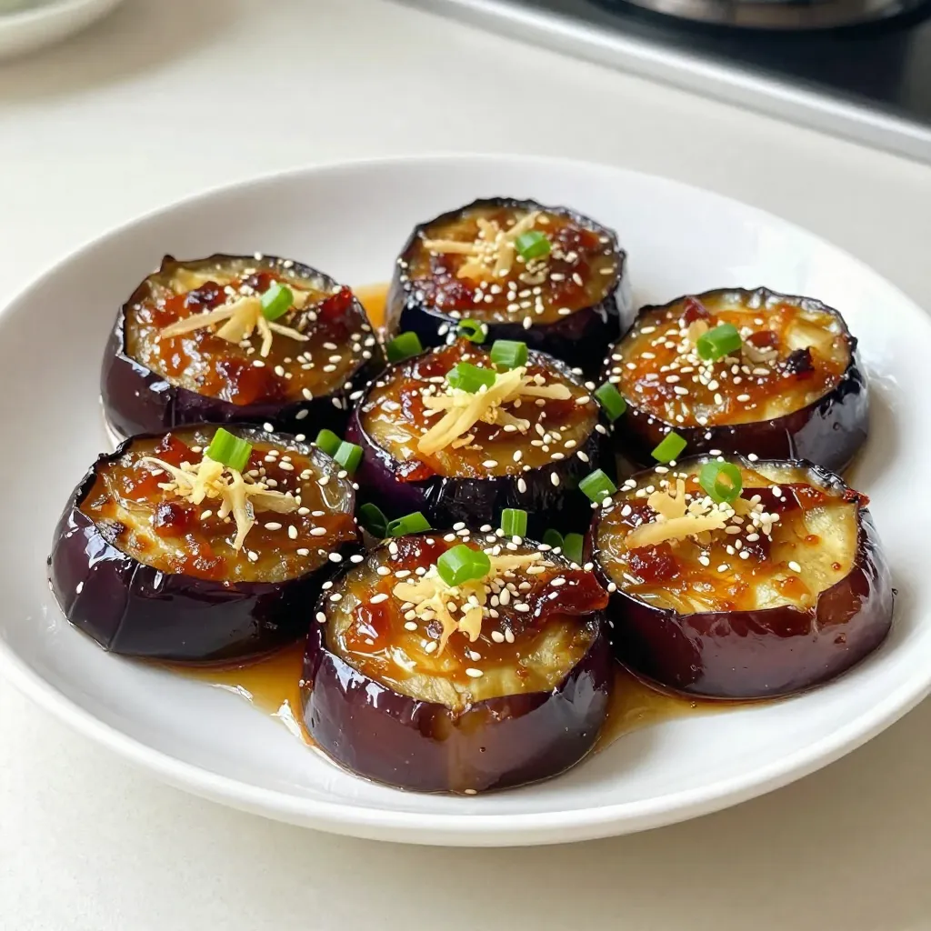 - 2 medium eggplants, sliced into 1-inch thick rounds - 3 tablespoons miso paste (white or yellow) - 2 tablespoons fresh ginger, grated - 2 tablespoons honey or maple syrup - 2 tablespoons soy sauce (or tamari for gluten-free) - 1 tablespoon sesame oil - 1 tablespoon rice vinegar - 2 cloves garlic, minced - 1 tablespoon sesame seeds (for garnishing) - Chopped green onions (for garnishing) If you can't find miso paste, use tahini for a nutty flavor. For ginger, ground ginger works, but fresh is best. Maple syrup can be swapped with agave syrup for a vegan option. Use tamari instead of soy sauce for a gluten-free choice. You can replace eggplant with zucchini or mushrooms for variety. This recipe is simple and full of flavor. You can mix and match with many ingredients! {{ingredient_image_1}} Start by preheating your oven to 400°F (200°C). This helps cook the eggplant evenly. While the oven heats, slice the eggplants into 1-inch thick rounds. Make sure the slices are even. This helps them cook at the same rate. Place the rounds on a baking sheet lined with parchment paper. In a mixing bowl, add the following ingredients: - 3 tablespoons miso paste (white or yellow) - 2 tablespoons fresh ginger, grated - 2 tablespoons honey or maple syrup - 2 tablespoons soy sauce (or tamari for gluten-free) - 1 tablespoon sesame oil - 1 tablespoon rice vinegar - 2 cloves garlic, minced Whisk these ingredients together until smooth. The glaze should be thick yet spreadable. This mix gives a sweet and salty flavor that pairs well with eggplant. Brush both sides of each eggplant slice with the miso ginger glaze. Make sure to coat them well. Place the baking sheet in the oven and bake for about 25-30 minutes. Flip the eggplant halfway through to ensure even cooking. Basting with leftover glaze helps deepen the flavors. The eggplant is done when it is tender and has a nice caramel color. Let it cool for a minute before serving. Garnish with sesame seeds and chopped green onions for a fresh touch. Enjoy your delicious Miso Ginger Glazed Eggplant! Caramelization gives eggplant a rich flavor. To get it right, brush the eggplant with the glaze. The sugar in the honey or maple syrup helps. Bake at 400°F (200°C) until golden brown. Flip the slices halfway through. This ensures even cooking and browning. Keep an eye on it; you want it tender, not mushy. Flipping eggplant can be tricky. Use a wide spatula to lift each slice. Move slowly to avoid breaking them. Flip them halfway through baking for even cooking. If you feel resistance, wait a bit longer. This helps each piece brown nicely on both sides. Don’t waste any glaze! Brush it on the eggplant before baking. You can also save it for other dishes. Use it on tofu or grilled veggies. It adds a nice flavor punch. Just store it in the fridge for up to a week. Pro Tips Choose the Right Eggplant: Look for eggplants that are firm and glossy. Avoid ones with soft spots or wrinkles for the best texture. Adjust the Sweetness: Depending on your preference, you can increase or decrease the amount of honey or maple syrup in the glaze to suit your taste. Extra Flavor: For an added depth of flavor, marinate the eggplant in the glaze for 30 minutes before baking. Garnish Wisely: Beyond sesame seeds and green onions, consider adding a sprinkle of chili flakes for a spicy kick! {{image_2}} You can easily make this dish vegan and gluten-free. Simply swap honey for maple syrup. Use tamari instead of soy sauce for a gluten-free option. Miso paste is usually vegan, but always check the label. This way, you keep the great taste intact while making it suitable for various diets. Miso ginger glazed eggplant pairs well with many meals. Serve it as a side dish with rice or quinoa. It also works great with grilled tofu or chicken. For a fun twist, add it to a grain bowl with veggies. This dish adds a burst of flavor to any plate. You can prepare eggplant in different ways. Grilling gives it a smoky taste. Brush the eggplant with glaze and grill it for a few minutes on each side. Sautéing is another option. Cook the slices in a pan with a little oil until soft. Each method brings a unique flavor to the dish. To keep your miso ginger glazed eggplant fresh, place it in an airtight container. This helps prevent moisture loss and keeps flavors intact. Store it in the fridge for up to three days. When you’re ready to enjoy it again, just take it out. You can freeze the eggplant if you have extra. First, allow it to cool completely. Then, place it in a freezer-safe container or bag. Make sure to remove as much air as possible. The eggplant can stay frozen for up to three months. When you want to eat it, just thaw it overnight in the fridge. For the best taste, reheat your eggplant in the oven. Preheat it to 350°F (175°C). Place the eggplant on a baking sheet and cover it with foil to keep it moist. Heat for about 10-15 minutes. You can also reheat it in a microwave. Just make sure to cover it to avoid drying out. Enjoy your tasty meal! If you do not have miso paste, try using tahini or peanut butter. These options give a different taste but still add creaminess. You can also mix soy sauce with a little almond or cashew butter. This mix provides a savory flavor. Yes, you can use zucchini, mushrooms, or bell peppers. Each vegetable will absorb the glaze nicely. Just make sure to cut them in similar sizes for even cooking. Eggplant is done when it is soft and golden brown. You can test it with a fork. If it goes in easily, it’s ready. The caramelization will add great flavor. In this post, I shared how to make miso ginger glazed eggplant. We covered key ingredients, juicy substitutes, and the steps to bake it perfectly. I also gave tips for the best caramelization and flipping methods. Don’t forget the variations and storage tips for leftovers. Remember, you can use other veggies too. This dish is easy to customize and enjoy later. Try it out and explore new flavors in your meals. Cooking should be fun, and I hope you find joy in this recipe!