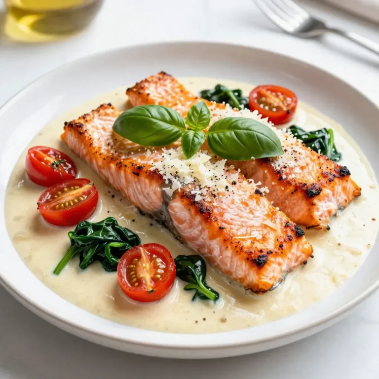 To make Creamy Tuscan Salmon, you need fresh and simple ingredients. Here’s what you'll need: - 4 salmon fillets (about 6 oz each) - Salt and pepper, to taste - 2 tablespoons olive oil - 3 cloves garlic, minced - 1 cup cherry tomatoes, halved - 1 cup fresh spinach - 1 cup heavy cream - ½ cup grated Parmesan cheese - 1 teaspoon Italian seasoning - Fresh basil leaves, for garnish Each ingredient plays a key role in creating rich flavors. The salmon gives a nice base, while the garlic and tomatoes add depth. Fresh spinach brings in color and nutrients. Heavy cream and Parmesan create that dreamy sauce. Don’t forget the basil for a fresh finish! This blend of ingredients makes the meal enjoyable and delicious. {{ingredient_image_1}} 1. First, season the salmon fillets with salt and pepper on both sides. This simple step adds lots of flavor. 2. Next, heat 2 tablespoons of olive oil in a large skillet over medium-high heat. 3. Carefully add the salmon fillets to the skillet. Sear them for about 4-5 minutes on each side. Look for a nice golden crust. Remove the salmon and set it aside. 1. In the same skillet, add 3 cloves of minced garlic. Sauté for about 1 minute until the garlic smells great. 2. Now, add 1 cup of halved cherry tomatoes. Cook them for another 2-3 minutes until they soften. 3. Stir in 1 cup of fresh spinach. Let it wilt for about a minute. 4. Next, pour in 1 cup of heavy cream and sprinkle in ½ cup of grated Parmesan cheese. Stir as the cheese melts and the sauce thickens, which takes about 3-4 minutes. 5. Add 1 teaspoon of Italian seasoning. Taste the sauce and adjust with salt and pepper if needed. 1. Return the cooked salmon to the skillet. Spoon the creamy sauce over each fillet. 2. Let it simmer for a couple of minutes to warm the salmon through. 3. Serve hot, garnished with fresh basil leaves for a beautiful touch. This step-by-step guide makes it easy to create a delicious dinner. Enjoy your meal! - Ideal cook time for salmon fillets: Cook salmon for 4-5 minutes per side. This time gives you juicy fish. You want a nice pink center. Use a fork to check if it's flaky. - How to achieve a crispy sear: To get a crispy skin, start with a hot skillet. Add olive oil before the salmon. Place the fillets skin-side down. Don’t move them for the first few minutes. This helps to build that beautiful crust. - Substitutions for heavy cream: If you want a lighter sauce, use half-and-half or coconut cream. Both options still taste great. They add unique flavors, too. - Adding extra flavors: For more depth, add lemon juice or zest. You can also mix in capers or olives for a briny kick. Fresh herbs like dill or parsley can brighten up the dish. Pro Tips Use Fresh Ingredients: Always opt for fresh spinach and ripe cherry tomatoes to enhance the flavor and nutritional value of your dish. Perfect Salmon Cooking: For perfectly cooked salmon, use a meat thermometer; the internal temperature should reach 145°F (63°C). Customize the Cream Sauce: Feel free to add other vegetables like bell peppers or zucchini to the sauce for added flavor and texture. Serve with Sides: Pair this dish with crusty bread or over a bed of pasta to soak up the delicious creamy sauce. {{image_2}} For gluten-free options, use certified gluten-free pasta or serve the salmon with rice. This keeps your meal tasty and safe. If you're dairy-free, swap the heavy cream for coconut milk. It adds a nice flavor and keeps the sauce creamy. You can also use nutritional yeast instead of Parmesan for a cheesy taste without dairy. Try adding mushrooms or artichokes to the dish. Sauté the mushrooms with the garlic for a rich flavor. Artichokes give a nice tang and texture. You can also mix in fresh herbs like parsley or dill. They add brightness and freshness to the creamy sauce. Just toss them in before serving to keep their flavor vibrant. To keep your Creamy Tuscan Salmon fresh, cool it down quickly. Place the salmon in the fridge within two hours of cooking. Use a shallow container to help it cool faster. Here are some containers that work best: - Airtight glass containers - BPA-free plastic containers - Silicone food bags These keep the flavors intact and prevent spills. When reheating, you want to keep the salmon moist and tasty. Here are some best practices: - Stovetop: This method is best. Heat a non-stick pan over low heat. Add a splash of cream to keep it rich. Heat for 5-7 minutes, flipping gently. - Microwave: If you're short on time, use this method. Place the salmon on a microwave-safe plate. Cover it with a damp paper towel. Heat in 30-second bursts until warmed through. Be careful not to overheat, or it will dry out. You can serve Creamy Tuscan Salmon with several tasty sides. Here are some great options: - Garlic bread: This adds a nice crunch. - Pasta: Tossed with olive oil or butter. - Rice: A simple, fluffy side works well. - Steamed veggies: Broccoli or green beans pair nicely. - Salad: A fresh green salad balances the meal. These sides will enhance your meal and complement the flavors of the salmon. To check if your salmon is done, look for these signs: - The salmon should be opaque and flake easily with a fork. - Use a meat thermometer; aim for 145°F (63°C) at the thickest part. - If the salmon looks shiny and bright, it may need more time. Remember, overcooking can dry out the fish, so keep an eye on it! Yes, you can freeze Creamy Tuscan Salmon. Here are some helpful tips: - Let the salmon cool completely before freezing. - Use airtight containers or freezer bags. - Label the bags with the date and type of dish. To thaw, place it in the fridge overnight. Reheat gently on the stove or in the oven. Enjoy your meal even later! This Creamy Tuscan Salmon dish combines fresh ingredients and easy steps. You learned how to season and cook salmon fillets perfectly. The creamy sauce adds rich flavors from garlic, spinach, and Parmesan. With helpful tips, you can make the dish your own and store leftovers properly. In the end, this meal is tasty, versatile, and simple. Enjoy making it for yourself and others!