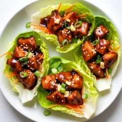 For this tasty dish, you'll need: - 1 lb boneless, skinless chicken thighs, diced - 1 tablespoon vegetable oil - 1 tablespoon ginger, minced - 2 cloves garlic, minced - 1/4 cup low-sodium soy sauce - 1/4 cup honey - 1 tablespoon rice vinegar - 1 teaspoon sesame oil - 1 cup shredded carrots - 1/2 bell pepper, finely chopped - 1/4 cup green onions, chopped - 1 head of romaine or butter lettuce, leaves separated - Sesame seeds for garnish - 1/2 teaspoon crushed red pepper flakes (for heat) These add a nice kick to your dish. You can adjust the amount based on your taste. This dish serves four people and offers a balanced meal. Each serving has: - Calories: About 300 - Protein: 26g - Fat: 10g - Carbohydrates: 28g - Fiber: 3g This meal is both filling and nutritious. It provides a good mix of protein and veggies. {{ingredient_image_1}} Start by gathering your ingredients. You need 1 pound of boneless, skinless chicken thighs. Dice the chicken into small pieces. This size helps it cook evenly. Next, mince 1 tablespoon of ginger and 2 cloves of garlic. Both add great flavor to the dish. Heat 1 tablespoon of vegetable oil in a large skillet over medium-high heat. Once the oil is hot, add the diced chicken. Cook the chicken for about 5 to 7 minutes or until it turns golden brown. Stir in the minced ginger and garlic. Cook for another 1 to 2 minutes until you smell their aroma. In a small bowl, mix together 1/4 cup low-sodium soy sauce, 1/4 cup honey, 1 tablespoon rice vinegar, and 1 teaspoon sesame oil. If you like spice, add 1/2 teaspoon of crushed red pepper flakes. Pour this sauce over the chicken in the skillet. Stir everything well. Let it simmer for 5 to 10 minutes. The chicken will finish cooking and the sauce will thicken. Remove the skillet from heat. Fold in 1 cup of shredded carrots and 1/2 of a finely chopped bell pepper. This adds crunch and color. To assemble the cups, take a leaf of romaine or butter lettuce. Spoon the teriyaki chicken mixture into the center of each leaf. Top the chicken with chopped green onions and sprinkle sesame seeds on top. This makes your dish look amazing and adds extra flavor. Enjoy your fresh and flavorful teriyaki chicken lettuce cups! To get juicy chicken, always use boneless, skinless chicken thighs. They stay moist and are easy to cook. Cut the chicken into small, even pieces. This helps them cook quickly and evenly. Cook the chicken over medium-high heat for a nice brown color. Stir in the ginger and garlic for extra flavor. Don't forget to simmer the sauce until it thickens. This step adds depth to your dish. Serve the teriyaki chicken in crisp lettuce cups. Use romaine or butter lettuce for the best crunch. Top each cup with green onions and sesame seeds. You can also add shredded carrots or bell peppers for color and texture. Pair these cups with a side of rice or noodles for a complete meal. They also make great appetizers for parties! If you need to swap out ingredients, it’s easy. Use chicken breast if you prefer a leaner meat. You can replace honey with maple syrup for a vegan option. If you don’t have rice vinegar, apple cider vinegar works well too. For a spicy kick, try adding chopped jalapeños instead of red pepper flakes. Get creative and make the dish your own! Pro Tips Marinate for More Flavor: For an even richer taste, marinate the diced chicken thighs in the soy sauce, honey, and ginger for at least 30 minutes before cooking. Use Fresh Ingredients: Fresh ginger and garlic will enhance the flavor profile significantly compared to dried or powdered versions. Customize Your Veggies: Feel free to add or substitute other vegetables like bell peppers, cucumbers, or snap peas to the chicken mixture for more crunch and flavor. Keep the Sauce Balanced: Adjust the level of honey and soy sauce to your taste preference; if you like it sweeter, add more honey, or for a saltier profile, increase the soy sauce. {{image_2}} You can swap chicken for other meats. Ground turkey is a great choice. It cooks fast and tastes good with teriyaki sauce. You can also use diced pork or beef. Both will add a nice flavor to the dish. If you want a lighter option, try shrimp. Cook them just until pink, then mix with the sauce. For a veggie twist, use tofu or tempeh. Both soak up the teriyaki sauce well. Press tofu to remove excess water, then cube it. Pan-fry it until golden for great texture. You can also use chickpeas for a hearty vegan option. They add protein and pair well with the sauce. Add extra flavors to make the dish pop. Try fresh herbs like cilantro or mint. They add a refreshing taste. A squeeze of lime juice brightens the dish, too. For spice lovers, increase the red pepper flakes or add sriracha. You can also mix in roasted nuts like cashews for crunch. Lastly, a drizzle of hoisin sauce can give a sweet twist. After you enjoy your teriyaki chicken lettuce cups, store any leftovers in an airtight container. Make sure to separate the chicken mixture from the lettuce leaves. This keeps the lettuce crisp and fresh. You can keep the chicken in the fridge for up to three days. When you want to enjoy your leftovers, reheat the chicken mixture gently. Use a skillet over medium heat. Stir until it warms through. Avoid using the microwave, as it may make the chicken tough. You can add a splash of water to help keep it moist. For the best taste, eat the teriyaki chicken within three days. If you want to keep it longer, you can freeze the chicken mixture. It stays good in the freezer for up to three months. When ready to eat, just thaw it overnight in the fridge before reheating. Yes, you can make teriyaki chicken ahead. Cook the chicken and sauce as directed. Let it cool, then store it in an airtight container. Keep it in the fridge for up to three days. When you're ready to serve, just reheat it in a skillet. The flavors taste even better the next day! Romaine or butter lettuce works best for these cups. Romaine has a nice crunch and holds the filling well. Butter lettuce is soft and wraps nicely around the chicken. Both types add a fresh taste to your dish. Choose whichever one you prefer! To make this dish gluten-free, use gluten-free soy sauce. Many brands offer this option. Always check the label to ensure it fits your needs. The rest of the ingredients are naturally gluten-free, so you can enjoy this dish without worry. This blog post covered the key steps to making tasty teriyaki chicken lettuce cups. We discussed essential ingredients, cooking methods, and tips for perfect results. You can swap proteins or enhance flavors to fit your taste. Remember to store leftovers properly to enjoy later. With these insights, you can create a fun, healthy meal that everyone will love. Try these ideas, and bring excitement to your dinner table!