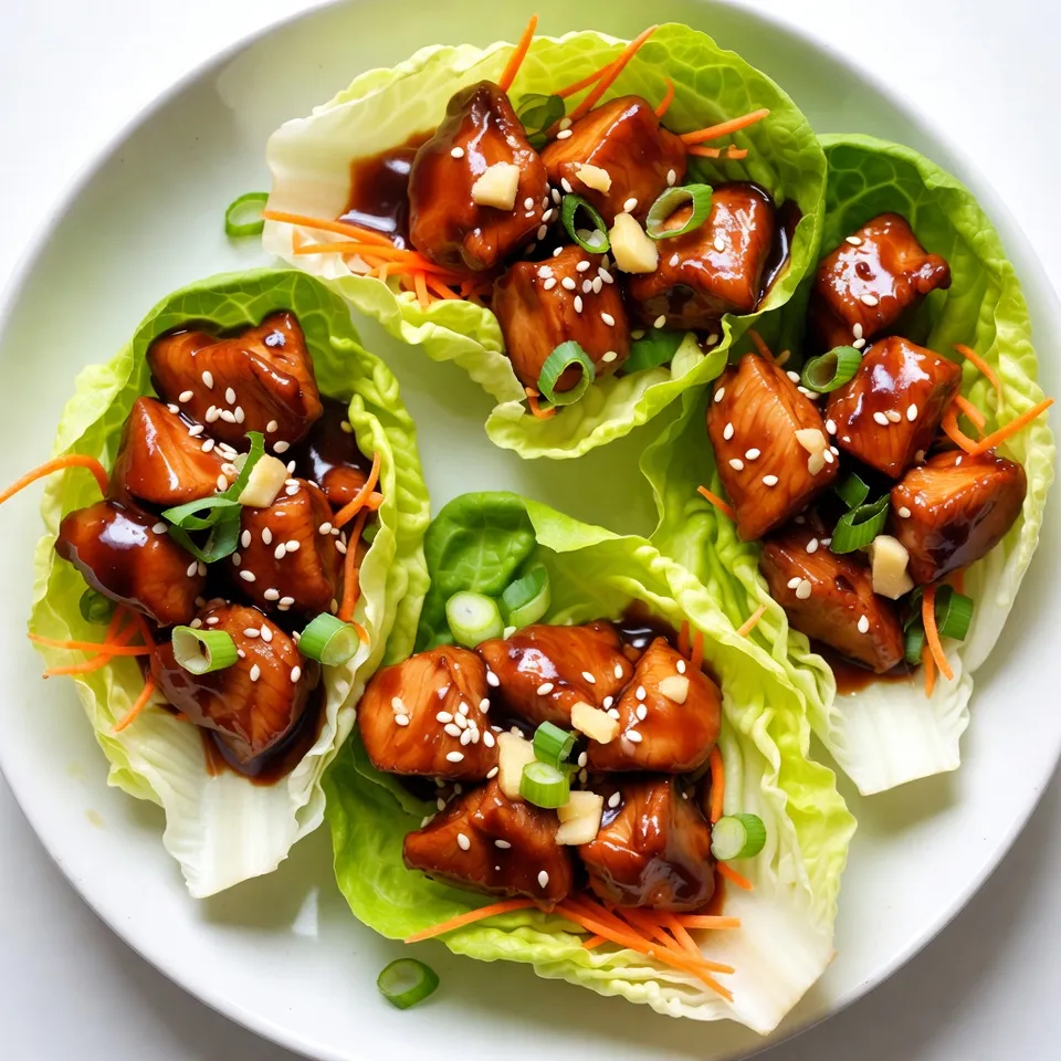 For this tasty dish, you'll need: - 1 lb boneless, skinless chicken thighs, diced - 1 tablespoon vegetable oil - 1 tablespoon ginger, minced - 2 cloves garlic, minced - 1/4 cup low-sodium soy sauce - 1/4 cup honey - 1 tablespoon rice vinegar - 1 teaspoon sesame oil - 1 cup shredded carrots - 1/2 bell pepper, finely chopped - 1/4 cup green onions, chopped - 1 head of romaine or butter lettuce, leaves separated - Sesame seeds for garnish - 1/2 teaspoon crushed red pepper flakes (for heat) These add a nice kick to your dish. You can adjust the amount based on your taste. This dish serves four people and offers a balanced meal. Each serving has: - Calories: About 300 - Protein: 26g - Fat: 10g - Carbohydrates: 28g - Fiber: 3g This meal is both filling and nutritious. It provides a good mix of protein and veggies. {{ingredient_image_1}} Start by gathering your ingredients. You need 1 pound of boneless, skinless chicken thighs. Dice the chicken into small pieces. This size helps it cook evenly. Next, mince 1 tablespoon of ginger and 2 cloves of garlic. Both add great flavor to the dish. Heat 1 tablespoon of vegetable oil in a large skillet over medium-high heat. Once the oil is hot, add the diced chicken. Cook the chicken for about 5 to 7 minutes or until it turns golden brown. Stir in the minced ginger and garlic. Cook for another 1 to 2 minutes until you smell their aroma. In a small bowl, mix together 1/4 cup low-sodium soy sauce, 1/4 cup honey, 1 tablespoon rice vinegar, and 1 teaspoon sesame oil. If you like spice, add 1/2 teaspoon of crushed red pepper flakes. Pour this sauce over the chicken in the skillet. Stir everything well. Let it simmer for 5 to 10 minutes. The chicken will finish cooking and the sauce will thicken. Remove the skillet from heat. Fold in 1 cup of shredded carrots and 1/2 of a finely chopped bell pepper. This adds crunch and color. To assemble the cups, take a leaf of romaine or butter lettuce. Spoon the teriyaki chicken mixture into the center of each leaf. Top the chicken with chopped green onions and sprinkle sesame seeds on top. This makes your dish look amazing and adds extra flavor. Enjoy your fresh and flavorful teriyaki chicken lettuce cups! To get juicy chicken, always use boneless, skinless chicken thighs. They stay moist and are easy to cook. Cut the chicken into small, even pieces. This helps them cook quickly and evenly. Cook the chicken over medium-high heat for a nice brown color. Stir in the ginger and garlic for extra flavor. Don't forget to simmer the sauce until it thickens. This step adds depth to your dish. Serve the teriyaki chicken in crisp lettuce cups. Use romaine or butter lettuce for the best crunch. Top each cup with green onions and sesame seeds. You can also add shredded carrots or bell peppers for color and texture. Pair these cups with a side of rice or noodles for a complete meal. They also make great appetizers for parties! If you need to swap out ingredients, it’s easy. Use chicken breast if you prefer a leaner meat. You can replace honey with maple syrup for a vegan option. If you don’t have rice vinegar, apple cider vinegar works well too. For a spicy kick, try adding chopped jalapeños instead of red pepper flakes. Get creative and make the dish your own! Pro Tips Marinate for More Flavor: For an even richer taste, marinate the diced chicken thighs in the soy sauce, honey, and ginger for at least 30 minutes before cooking. Use Fresh Ingredients: Fresh ginger and garlic will enhance the flavor profile significantly compared to dried or powdered versions. Customize Your Veggies: Feel free to add or substitute other vegetables like bell peppers, cucumbers, or snap peas to the chicken mixture for more crunch and flavor. Keep the Sauce Balanced: Adjust the level of honey and soy sauce to your taste preference; if you like it sweeter, add more honey, or for a saltier profile, increase the soy sauce. {{image_2}} You can swap chicken for other meats. Ground turkey is a great choice. It cooks fast and tastes good with teriyaki sauce. You can also use diced pork or beef. Both will add a nice flavor to the dish. If you want a lighter option, try shrimp. Cook them just until pink, then mix with the sauce. For a veggie twist, use tofu or tempeh. Both soak up the teriyaki sauce well. Press tofu to remove excess water, then cube it. Pan-fry it until golden for great texture. You can also use chickpeas for a hearty vegan option. They add protein and pair well with the sauce. Add extra flavors to make the dish pop. Try fresh herbs like cilantro or mint. They add a refreshing taste. A squeeze of lime juice brightens the dish, too. For spice lovers, increase the red pepper flakes or add sriracha. You can also mix in roasted nuts like cashews for crunch. Lastly, a drizzle of hoisin sauce can give a sweet twist. After you enjoy your teriyaki chicken lettuce cups, store any leftovers in an airtight container. Make sure to separate the chicken mixture from the lettuce leaves. This keeps the lettuce crisp and fresh. You can keep the chicken in the fridge for up to three days. When you want to enjoy your leftovers, reheat the chicken mixture gently. Use a skillet over medium heat. Stir until it warms through. Avoid using the microwave, as it may make the chicken tough. You can add a splash of water to help keep it moist. For the best taste, eat the teriyaki chicken within three days. If you want to keep it longer, you can freeze the chicken mixture. It stays good in the freezer for up to three months. When ready to eat, just thaw it overnight in the fridge before reheating. Yes, you can make teriyaki chicken ahead. Cook the chicken and sauce as directed. Let it cool, then store it in an airtight container. Keep it in the fridge for up to three days. When you're ready to serve, just reheat it in a skillet. The flavors taste even better the next day! Romaine or butter lettuce works best for these cups. Romaine has a nice crunch and holds the filling well. Butter lettuce is soft and wraps nicely around the chicken. Both types add a fresh taste to your dish. Choose whichever one you prefer! To make this dish gluten-free, use gluten-free soy sauce. Many brands offer this option. Always check the label to ensure it fits your needs. The rest of the ingredients are naturally gluten-free, so you can enjoy this dish without worry. This blog post covered the key steps to making tasty teriyaki chicken lettuce cups. We discussed essential ingredients, cooking methods, and tips for perfect results. You can swap proteins or enhance flavors to fit your taste. Remember to store leftovers properly to enjoy later. With these insights, you can create a fun, healthy meal that everyone will love. Try these ideas, and bring excitement to your dinner table!