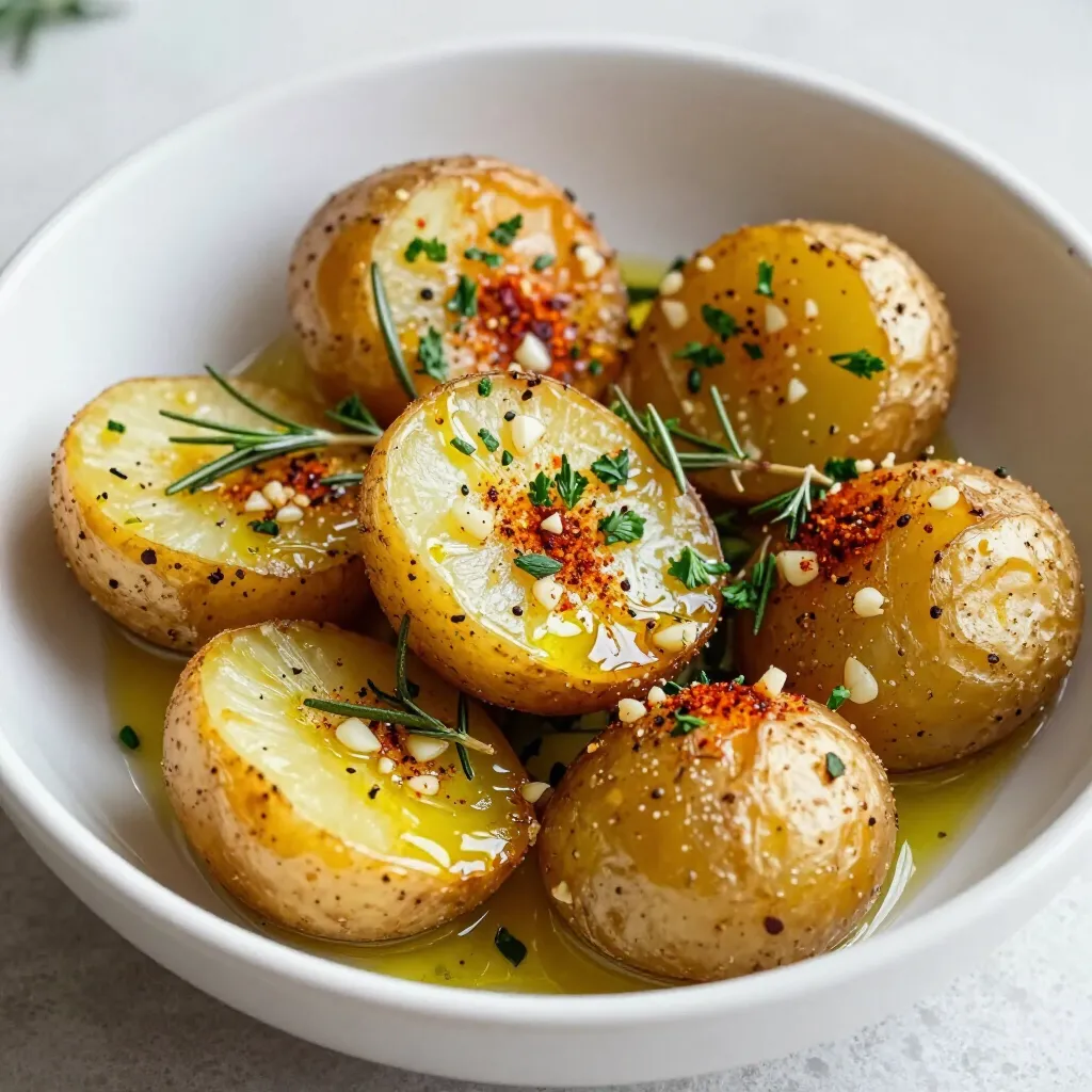 To make herb roasted baby potatoes, gather these simple items: - 1.5 lbs baby potatoes, halved - 3 tablespoons olive oil - 3 cloves garlic, minced - 1 teaspoon dried rosemary - 1 teaspoon dried thyme - 1 teaspoon smoked paprika - Salt and pepper to taste - Fresh parsley, chopped (for garnish) These ingredients create a tasty and crisp dish that shines at any meal. Fresh herbs can elevate the flavor of your potatoes. I suggest using: - Fresh rosemary - Fresh thyme - Fresh parsley These herbs add a bright taste and lovely aroma. You can mix and match them based on what you have. Along with herbs, you can try these seasonings: - Lemon zest for brightness - Red pepper flakes for heat - Parmesan cheese for richness These options add depth and make your dish stand out. Adjust to your taste and enjoy the fun of cooking with flavors! {{ingredient_image_1}} Start by gathering your ingredients. You will need: - 1.5 lbs baby potatoes, halved - 3 tablespoons olive oil - 3 cloves garlic, minced - 1 teaspoon dried rosemary - 1 teaspoon dried thyme - 1 teaspoon smoked paprika - Salt and pepper to taste - Fresh parsley, chopped (for garnish) Next, preheat your oven to 425°F (220°C). This step is key for crisp potatoes. Line a baking sheet with parchment paper. This makes cleanup easy later. In a large bowl, mix the halved baby potatoes with olive oil, minced garlic, rosemary, thyme, smoked paprika, salt, and pepper. Make sure each potato gets coated well. This blend adds great flavor. Spread the potatoes on the baking sheet. Place them cut side down. This helps them crisp up better. Roast the potatoes in the preheated oven for about 25-30 minutes. Flip them halfway through cooking to ensure even browning. They should turn golden brown and crispy. Once they look perfect, take them out of the oven. Let them cool for a few minutes. This helps prevent burns and keeps them from steaming. For extra crispiness, try these tips: - Make sure the potatoes are in a single layer. - Do not crowd the baking sheet. Give them space to brown. - Use fresh herbs if you can. They add a brighter taste. Serve your herb roasted baby potatoes garnished with fresh parsley. A little extra olive oil on top adds shine and flavor. When you pick baby potatoes, look for smooth skin. They should feel firm and not soft. Avoid any potatoes with dark spots or wrinkles. The size of the potatoes matters too. Aim for ones that are about the same size. This helps them cook evenly. To make your herb roasted baby potatoes shine, use fresh herbs when you can. Fresh rosemary and thyme give a great taste. If you use dried herbs, make sure they are not old. Fresh garlic adds a nice kick, while smoked paprika brings depth. Adjust salt and pepper to fit your taste. For this recipe, you need a good baking sheet. I like to line mine with parchment paper. This makes cleanup easy and prevents sticking. A large bowl is also important for mixing. Use a spatula to toss the potatoes well. A meat thermometer can help check the doneness, ensuring they are cooked perfectly. Pro Tips Use Even Sizing: Make sure all potato halves are roughly the same size to ensure they cook evenly. Season Generously: Don’t be shy with salt and pepper; they enhance the natural flavor of the potatoes. Experiment with Herbs: Feel free to mix in other herbs like oregano or basil for a unique flavor twist. Crispiness Check: For extra crispy potatoes, broil them for the last few minutes of baking. {{image_2}} You can change the herbs based on your taste. Try using fresh basil or dill. These herbs will give a different flavor. You can also mix in some oregano or chives. If you want heat, add red pepper flakes. Their spice will give an exciting kick to your dish. Adding more vegetables can make this dish even better. Carrots, bell peppers, or red onions work great. Cut them into bite-sized pieces and toss them with the potatoes. They will roast nicely and add color. This mix not only adds flavor but also makes your meal more nutritious. If you follow a specific diet, you can adjust this recipe. For a vegan option, this dish is already perfect. Just use the ingredients as they are. If you need gluten-free, rest easy. All the ingredients are naturally gluten-free. You can also reduce the oil for a lighter version, but keep in mind it might not get as crispy. To store leftover herb roasted baby potatoes, let them cool first. Place them in an airtight container. This keeps them fresh and tasty. You can keep them in the fridge for up to four days. If you have a lot, split them into smaller containers. This way, you can grab just what you need. When you want to eat the leftovers, reheating is key. Preheat your oven to 350°F (175°C). Spread the potatoes on a baking sheet. Heat them for about 10 to 15 minutes. This helps them get crispy again. You can also use a skillet on medium heat. Just toss them gently for about five minutes. Both methods keep the flavor and texture. If you want to freeze your herb roasted baby potatoes, it's easy! First, let them cool completely. Spread them on a baking sheet in a single layer. Freeze them for about an hour. This prevents them from sticking together. Once frozen, transfer them to a freezer bag. They can last up to three months. When you're ready, just thaw them in the fridge overnight before reheating. Yes, you can use other types of potatoes. Yukon Golds and red potatoes work well. They have a creamy texture and hold their shape. You can even try fingerling potatoes for fun shapes. Just remember that cooking times may vary. Check them often to avoid overcooking. To make your potatoes crispy, follow these tips. First, cut the potatoes in half and place them cut-side down. This helps them brown better. Second, use enough olive oil to coat them lightly. A hot oven is key, so preheat to 425°F (220°C). Flip halfway through cooking for even crispiness. These potatoes pair well with many dishes. Serve them with grilled chicken or fish for a nice meal. They also go great with roasted vegetables or a fresh salad. For a hearty option, try them with steak or pork chops. Don't forget to drizzle a bit of extra olive oil for added flavor. Herb roasted baby potatoes are simple and tasty. We covered ingredients, cooking steps, and tips for crispiness. I shared how to choose the best potatoes and add your favorite flavors. You can even make variations to fit your diet. Always remember to store leftovers properly and reheat them well. Enjoy these potatoes with any meal. They are sure to please!