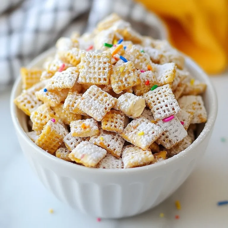 - 6 cups rice Chex cereal - 1 cup white chocolate chips - 1/4 cup peanut butter - 1 cup powdered sugar - 1/2 teaspoon almond extract - 1/4 cup rainbow sprinkles - 1/4 cup granulated sugar - Pinch of salt When making Sugar Cookie Puppy Chow, gather all these tasty ingredients. The rice Chex cereal gives it that nice crunch. The white chocolate chips and peanut butter create a sweet and creamy mix. Don't forget the almond extract; it adds a lovely touch of flavor. The rainbow sprinkles make it fun and colorful, appealing to kids and adults alike! You can swap some ingredients if you need to. If you don’t have white chocolate chips, use milk chocolate chips instead. If you want a nut-free option, sunflower seed butter works great instead of peanut butter. For those who don’t like almond extract, vanilla extract is a good choice. Using high-quality ingredients makes your puppy chow extra special. Choose fresh rice Chex cereal for the best crunch. Opt for good white chocolate chips since they melt smoothly and taste better. Always check the freshness of your sprinkles. Older sprinkles can lose their color and fun look, which is key for this treat! {{ingredient_image_1}} First, gather all your ingredients. You need 6 cups of rice Chex cereal, 1 cup of white chocolate chips, and 1/4 cup of peanut butter. You will also need 1 cup of powdered sugar, 1/2 teaspoon of almond extract, 1/4 cup of rainbow sprinkles, 1/4 cup of granulated sugar, and a pinch of salt. Place the rice Chex cereal in a large mixing bowl and set it aside. This will be the base of your puppy chow. Now, grab a microwave-safe bowl. Add the white chocolate chips and peanut butter together. Heat this mixture in the microwave. Do it in 30-second intervals. Stir the mix in between. This helps it melt evenly. After about 1-2 minutes, it should be smooth. Then, stir in the almond extract and a pinch of salt. This adds a nice hint of flavor to your treat. Next, pour the melted chocolate and peanut butter mix over the rice Chex cereal. Be gentle when you fold it in. You want every piece to be coated nicely. In another bowl, combine the powdered sugar and granulated sugar. Once the cereal is fully coated, transfer it to a large zip-top bag. Add the sugar mix and shake gently. Make sure every piece gets a good coat of the sweet sugar. Finally, fold in the rainbow sprinkles for a fun touch. Spread your puppy chow on a baking sheet lined with parchment paper to cool and set. To get the best texture, use fresh rice Chex cereal. Stale cereal can lead to a soggy mess. When melting the white chocolate and peanut butter, stir often. This helps avoid burning. The mix should be smooth and creamy. If it gets too thick, add a bit of oil. It will help coat the cereal better. Store your puppy chow in an airtight container. This keeps it fresh and crunchy for longer. You can store it at room temperature. Avoid heat and moisture to prevent clumping. If stored well, it can last for about a week. Get creative with flavors! Swap almond extract for vanilla for a different taste. Add mini chocolate chips or nuts for extra crunch. You can even mix in dried fruit for a fruity twist. For seasonal fun, use themed sprinkles. This makes your puppy chow festive for any occasion! Pro Tips Use High-Quality Chocolate: Using premium white chocolate chips will enhance the flavor of your puppy chow and give it a smooth, creamy texture. Let it Cool Completely: Make sure to let the puppy chow cool fully on the baking sheet before serving. This helps it to set and prevents it from becoming too sticky. Experiment with Mix-Ins: Feel free to customize your puppy chow by adding other mix-ins like crushed pretzels, nuts, or different types of sprinkles for added texture and flavor. Store in an Airtight Container: Keep your puppy chow fresh by storing it in an airtight container at room temperature for up to a week. {{image_2}} You can change up the flavor of Sugar Cookie Puppy Chow easily. Try using milk chocolate or dark chocolate instead of white chocolate. This swap gives a rich taste. You might also want to add a splash of vanilla extract for extra flavor. If you love mint, try adding mint extract. This can create a fresh twist that’s perfect for the holidays. For a fruity touch, consider adding freeze-dried fruit powder. Strawberry or raspberry powder can add a fun color and taste. You can even switch the rainbow sprinkles for themed sprinkles. Think hearts for Valentine's Day or pumpkins for Halloween. Making Sugar Cookie Puppy Chow gluten-free is simple. Just use gluten-free rice Chex cereal. This way, everyone can enjoy it. For a vegan version, swap the white chocolate chips with dairy-free chocolate chips. You can also use almond butter instead of peanut butter. This makes it safe for nut allergies too. You can dress up your Puppy Chow for any season. In spring, add pastel sprinkles and edible flowers. For summer, use bright sprinkles and mix in some chopped nuts. In fall, try adding cinnamon or pumpkin spice to the sugar mix. Winter is perfect for adding crushed candy canes or holiday-themed sprinkles. These variations not only make your Puppy Chow fun but also let you cater to different tastes and diets. So, feel free to get creative and make this treat yours! To keep your Sugar Cookie Puppy Chow fresh, store it in an airtight container. This helps to keep it crunchy and tasty. You can use a glass jar or a plastic food storage container. Make sure to seal it tightly to avoid air getting in. When stored properly, your Sugar Cookie Puppy Chow can last up to two weeks. After that, it might lose its crunch. For the best flavor and texture, enjoy it within the first week. If you notice any changes in smell or texture, it's best to toss it out. You do not need to refrigerate your Puppy Chow. Storing it at room temperature is perfect. Just make sure to keep it in a cool, dry place away from sunlight. Heat and humidity can make it soggy. For best results, keep it in a pantry or cupboard. Sugar Cookie Puppy Chow lasts about one week. Store it in an airtight container. This keeps it fresh and crunchy. If you see any signs of moisture, it's time to toss it. Yes, you can make it ahead of time. Prepare it a few days before your event. Just store it correctly, so it stays fresh. This treat is great for parties or movie nights. You can even make it for gifts! I love serving Sugar Cookie Puppy Chow in small cups or jars. This makes it fun and easy to grab. Top each cup with extra sprinkles for a colorful touch. You can also place it in a big bowl for sharing. Just remember to keep it fun and festive! This article covered all you need to know about making Sugar Cookie Puppy Chow. We explored the key ingredients and possible substitutes, ensuring you choose the best quality. You learned the steps for preparation and how to coat your cereal evenly. I shared tips to achieve the perfect texture and store your treat correctly. Various flavor options and dietary alternatives opened new possibilities. Remember to follow the best storage practices for freshness. With this knowledge, you can create a tasty snack for any occasion. Enjoy making, sharing, and tasting your unique Puppy Chow!