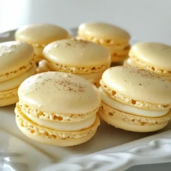 When making eggnog macarons, using the best ingredients is key. Here’s what you need: - 1 cup almond flour - 1 3/4 cup powdered sugar - 3 large egg whites (room temperature) - 1/4 cup granulated sugar - 1/4 teaspoon cream of tartar - 1 teaspoon vanilla extract - 1 teaspoon nutmeg (freshly grated if possible) - 1/2 cup unsalted butter (softened) - 1 cup powdered sugar (for filling) - 1 tablespoon milk (or more for desired consistency) - Pinch of cinnamon Each ingredient plays a vital role. Almond flour gives the macarons their unique texture. Powdered sugar adds sweetness and helps with the shell's structure. Egg whites are essential for creating a light and airy macaron. The granulated sugar helps stabilize the egg whites. Cream of tartar ensures the mixture holds its shape. Vanilla extract and nutmeg bring warmth and flavor. Unsalted butter creates a rich filling, while more powdered sugar sweetens it. Milk adjusts the filling’s texture, and cinnamon adds that cozy holiday touch. With these ingredients, you're ready to create a delightful treat for the holidays! {{ingredient_image_1}} - Preparing the Baking Sheets: Start by preheating your oven to 300°F (150°C). Line two baking sheets with parchment paper. This paper helps the macarons not to stick. - Preparing the Piping Bag: Get your piping bag ready with a round tip. This bag will help you shape the macarons perfectly. - Combining Almond Flour and Powdered Sugar: In a food processor, pulse together 1 cup of almond flour and 1 3/4 cups of powdered sugar. This step makes sure they mix well. Sift the mixture into a bowl to remove lumps. - Whipping the Egg Whites: In a clean bowl, whip 3 large egg whites with 1/4 teaspoon of cream of tartar until frothy. Slowly add 1/4 cup of granulated sugar while whisking. Continue until you see stiff peaks. Add 1 teaspoon of vanilla extract and 1 teaspoon of nutmeg, mixing gently. - Folding Mixtures Together: Carefully fold the almond flour mixture into the meringue in three parts. Use a rubber spatula and be gentle. The mixture should flow smoothly and form a ribbon when drizzled. - Piping Shells: Transfer the batter to your piping bag. Pipe small rounds, about 1.5 inches wide, onto the baking sheets. Leave space between them. - Resting and Baking: Tap the sheets on the counter to release air bubbles. Let the piped rounds rest for 30-60 minutes until they form a dry skin. Bake one tray at a time for 15-18 minutes. They should feel firm and not stick to your finger when lightly touched. - Preparing the Buttercream Filling: In a mixing bowl, beat 1/2 cup of softened unsalted butter until creamy. Gradually add 1 cup of powdered sugar, mixing well. Then add 1 tablespoon of milk, nutmeg, and a pinch of cinnamon, mixing until smooth. Adjust the milk to get the right consistency. - Assembling the Macarons: Match the macaron shells by size. Pipe a dollop of filling onto the flat side of one shell. Place another shell on top and press gently to spread the filling. Common Mistakes to Avoid Many people struggle with macarons. The first mistake is overmixing the batter. It must flow like molten lava. If it’s too thick, your macarons will not rise. Another common error is not resting the piped shells. Skipping this step leads to cracks during baking. Lastly, always measure your ingredients carefully. A small change can ruin the texture. Achieving the Perfect Texture To get a perfect texture, use a food scale. Measure the almond flour and powdered sugar precisely. Sifting is key, too. It helps remove lumps. When you whip the egg whites, watch for stiff peaks. This is vital for structure. A good macaron will have a smooth top and a chewy center. Adjusting Eggnog Flavor To enhance the eggnog flavor, use fresh nutmeg. It has a stronger taste than ground nutmeg. You can also add a dash of rum extract. This gives a festive touch. Start with a little; you can always add more. Taste as you go to find your perfect mix. Using Fresh Nutmeg vs. Ground Fresh nutmeg makes a big difference. It offers a brighter, more vibrant flavor. Grate it just before using for the best taste. Ground nutmeg is convenient but lacks that fresh zing. If you can, always choose fresh. Decorating Options To make your macarons stand out, dust them with powdered sugar. This adds a snowy look. You can also drizzle white chocolate on top. For extra flair, add a sprinkle of cinnamon. It makes them look festive and inviting. Serving Suggestions Serve your macarons on a beautiful platter. Arrange them in groups of three or five. This creates an appealing display. Pair them with a cup of hot cocoa or spiced tea. This makes for a delightful holiday treat for you and your guests. Pro Tips Use Room Temperature Egg Whites: For the best volume and stability, make sure your egg whites are at room temperature before whipping them. This helps achieve stiff peaks more easily. Don’t Skip the Resting Step: Allowing the piped macaron shells to rest until they form a dry skin is crucial. This helps create the signature "feet" and ensures a smooth surface. Rotate Your Baking Sheets: To ensure even baking, rotate the baking sheets halfway through the baking time. This prevents any hot spots in your oven from affecting the macarons. Store Properly: After assembling, store macarons in an airtight container in the fridge. They taste even better after a day or two as the flavors continue to meld. {{image_2}} You can switch up the eggnog flavor in your macarons. Try peppermint for a fresh twist. Peppermint extract can replace vanilla. Add crushed peppermint candies to the filling. This gives a fun crunch. Another great flavor is pumpkin spice. Use pumpkin spice mix instead of nutmeg. It brings warmth and cozy vibes. If you need gluten-free macarons, you are in luck. Almond flour is naturally gluten-free. Make sure to check all other ingredients for gluten. For a vegan version, swap egg whites for aquafaba. Aquafaba is the liquid from canned chickpeas. It whips up just like egg whites. Use vegan butter for the filling. These adjustments keep it tasty and festive. Using seasonal spices can take your macarons to new heights. Add ginger or cloves for a holiday punch. You can also try a mix of spices for a unique flavor. Customizing for the holidays is fun. Decorate with edible glitter or holiday sprinkles. This makes your macarons even more special. Feel free to experiment and find your favorite. - Refrigeration Tips: Store your eggnog macarons in an airtight container. Place parchment paper between layers to prevent sticking. Keep them in the fridge for up to a week. This helps the flavors blend and the shells stay firm. - Freezing for Later Use: You can freeze macarons for up to three months. Place them in a single layer on a baking sheet first. Once frozen, transfer them to a freezer bag. Thaw them in the fridge before serving. - How Long They Last: When stored properly, eggnog macarons last about a week in the fridge. If frozen, they can last for three months without losing taste. - Ideal Temperatures for Serving: Serve macarons chilled or at room temperature. Let them sit out for about 15 minutes after taking them from the fridge. This will enhance their flavor and texture. Enjoy your treats fresh for the best experience! To prevent macaron feet, you need to follow specific steps. First, ensure your egg whites are at room temperature. This helps create a stable meringue. Second, fold the almond flour and sugar mixture gently. Overmixing can cause feet to flatten. Lastly, let your piped shells rest until they form a skin. This step is key to achieving those perfect feet. Yes, you can use egg whites from a carton. However, make sure they are pasteurized and free from additives. Fresh egg whites usually whip better and give more volume. If you choose carton egg whites, use them right from the fridge. This helps create a sturdy meringue. Rest your macaron shells for 30-60 minutes. During this time, they should form a dry skin. This skin helps the macarons rise properly and creates that beautiful foot. The time needed may vary based on humidity. If it’s humid, you might need a longer resting time. If you need a substitute for almond flour, you can use hazelnut flour or sunflower seed flour. Both options give a nice flavor, but they may change the color. You can also try using a mix of gluten-free flour and ground oats. Keep in mind that these substitutes may alter the texture slightly. Yes, you can make macarons without cream of tartar. It helps stabilize the egg whites, but you can substitute it with lemon juice or white vinegar in equal amounts. Just a little will help your meringue hold its shape. If you don’t have either, simply whip the egg whites well. They can still turn out great! Making Eggnog Macarons is fun and rewarding. We covered ingredients, steps, tips, and even variations. By following these details, you can create perfect treats for any occasion. Remember to customize flavors and be mindful of storage. Your efforts will lead to delicious results. Dive into the world of macaron making and impress your family and friends. Enjoy your baking journey!