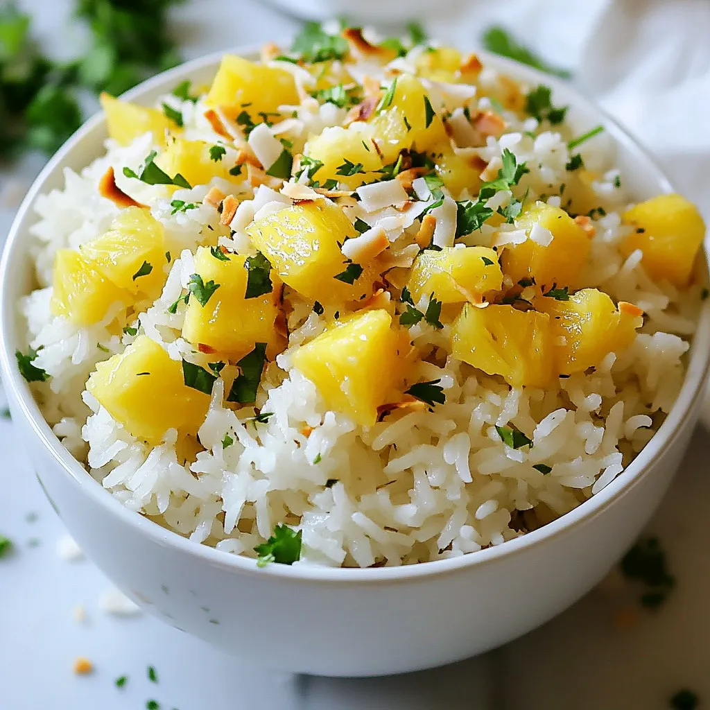 To make Pineapple Coconut Rice, gather these tasty ingredients: - Jasmine rice - Coconut milk - Pineapple juice - Fresh pineapple, diced - Shredded coconut (toasted) - Brown sugar - Salt - Lime juice - Fresh cilantro for garnish Here’s how much of each ingredient you need: - 1 cup jasmine rice - 1 cup coconut milk - 1 cup pineapple juice - 1 cup fresh pineapple, diced - 1/2 cup shredded coconut (toasted) - 1 tablespoon brown sugar - 1/2 teaspoon salt - 1 tablespoon lime juice - Fresh cilantro for garnish When choosing your ingredients, consider these brands: - Jasmine rice: Lundberg or Royal - Coconut milk: Aroy-D or Thai Kitchen - Pineapple juice: Dole or Hawaiian Sun - Shredded coconut: Bob’s Red Mill or Sweetened Coconut - Brown sugar: Domino or Wholesome Sweeteners These brands offer quality and flavor. Trust them for a great dish! {{ingredient_image_1}} Start by rinsing 1 cup of jasmine rice. Use cold water until it runs clear. This removes extra starch. After rinsing, drain the rice well. This step helps the rice stay fluffy. In a medium saucepan, mix the rinsed rice with 1 cup of coconut milk, 1 cup of pineapple juice, 1 tablespoon of brown sugar, and 1/2 teaspoon of salt. Stir well to combine. Place the saucepan over medium-high heat and bring the mixture to a boil. Once it boils, reduce the heat to low. Cover the pot and let it simmer for 18-20 minutes. The rice should be tender and soak up all the liquid. After cooking, take the pot off the heat. Let it sit, covered, for 5 more minutes. This steaming step makes the rice fluffy. Next, fluff the rice with a fork. Gently mix in 1 cup of diced fresh pineapple, 1 tablespoon of lime juice, and 1/2 cup of shredded toasted coconut. Taste and adjust with more salt or brown sugar if needed. Serve the warm rice in a bowl. Top it with fresh cilantro for color and flavor. This dish pairs well with grilled chicken or fish. Enjoy the sweet and tangy flavors of this pineapple coconut rice! To cook perfect rice, start with rinsing jasmine rice. Rinse it under cold water until the water runs clear. This helps remove extra starch. Use a medium saucepan to combine rice with coconut milk and pineapple juice. Stir in brown sugar and salt. Bring the mix to a boil over medium-high heat. Once it boils, reduce heat to low. Cover and let it simmer. Cook for about 18 to 20 minutes. The rice should be tender and soak up all the liquid. After cooking, let it sit covered for 5 more minutes. This step helps steam the rice. To give your rice a flavor boost, add fresh lime juice. It adds a zesty kick that brightens the dish. You can also mix in diced fresh pineapple for added sweetness. Toasted shredded coconut gives a crunchy texture. Each bite will be full of flavor. If you want a more tropical taste, try adding a splash of vanilla extract. This simple addition can make a big difference. You could even add a pinch of cinnamon for warmth and depth. Get creative and adjust the flavors to your liking. If your rice turns out too sticky, you may have overcooked it. Make sure to follow the timing closely. Use the right amount of liquid; too much can lead to mushy rice. If it tastes bland, check if you added enough salt or sugar. Adjust these ingredients to enhance the flavor. If your rice lacks coconut flavor, try using more coconut milk. You can add a bit more shredded coconut too. For dry rice, ensure you added enough liquid at the start. If you face any issues, don't hesitate to experiment and find what works for you. Pro Tips Rinse Your Rice: Always rinse jasmine rice thoroughly before cooking to remove excess starch, which helps prevent the rice from becoming gummy. Toast the Coconut: For added flavor, toast the shredded coconut in a dry skillet over medium heat until golden brown before adding it to the dish. Fresh Pineapple: Using fresh pineapple instead of canned will enhance the flavor and texture of your rice, making it more vibrant and delicious. Adjust Sweetness: Taste your rice before serving and adjust the sweetness by adding more brown sugar or a squeeze of lime juice according to your preference. {{image_2}} You can change some ingredients to make this rice your own. For a different taste, try using basmati rice instead of jasmine rice. This rice has a nice nutty flavor. You can also swap coconut milk for almond milk, if you want a lighter option. For a fun twist, add diced mango or papaya along with the fresh pineapple. This will add more sweetness and color. If you need a vegan dish, this recipe is already great for you. All ingredients are plant-based. To make it gluten-free, just check that your brown sugar is gluten-free. Most brands are safe, but it’s always good to read the labels. If you are avoiding sugar, you can use a sugar substitute, like stevia or monk fruit, to keep it sweet without the calories. Pineapple coconut rice is very versatile. You can serve it as a side dish with grilled chicken or fish. It pairs well with spicy dishes too, as the sweetness balances the heat. For a main dish, add black beans and corn for a filling meal. You can also top it with fresh herbs like cilantro or mint for extra flavor. Enjoy it warm or at room temperature for a picnic! To keep your pineapple coconut rice fresh, store it in an airtight container. Make sure it cools down first. Once cool, place it in the fridge. It will stay good for 3 to 4 days. If you leave it out, it can spoil fast. Always check for any bad smell or mold before eating. Reheating is easy! You can use the microwave or stovetop. For the microwave, place rice in a bowl. Add a splash of water to keep it moist. Cover the bowl and heat for 1 to 2 minutes. Stir halfway through. For stovetop, add rice to a pan. Add a little water and heat over low heat, stirring often. This helps to keep the rice fluffy. You can freeze pineapple coconut rice, too! First, let it cool completely. Then, scoop it into freezer bags. Try to remove as much air as possible. Seal the bags tightly. It can last for up to 3 months in the freezer. When you're ready to eat, thaw it in the fridge overnight. Reheat it as mentioned above. This keeps the flavors fresh! Yes, you can use other rice types. Brown rice adds a nutty taste. It takes longer to cook, so adjust the time. Basmati rice works well too, giving a fragrant aroma. Jasmine rice is my favorite for this dish, as it pairs nicely with coconut and pineapple. To reduce sweetness, cut back on brown sugar. You can also skip it entirely. Adding more lime juice helps balance the flavor. Using unsweetened coconut milk keeps the dish from being too sweet. Taste as you go to find your perfect mix. Pineapple coconut rice pairs great with grilled chicken or shrimp. It also complements stir-fried veggies. For a light meal, serve it with a fresh salad. This dish adds a tropical twist to many meals. Try it with fish tacos for a fun fusion! In this blog post, we explored the key ingredients needed for perfect Pineapple Coconut Rice. We detailed measurements, cooking steps, and tips for enhancing flavor. You learned about variations for different diets and how to store leftovers effectively. Remember, cooking rice takes practice, but you can master it with these guidelines. I hope these tips help you create a tasty dish that's versatile for any meal. Enjoy your cooking journey and don’t hesitate to experiment!