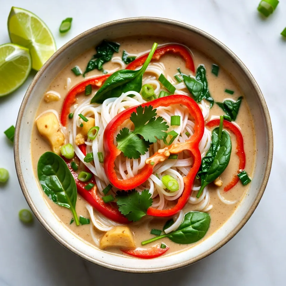 To make a great Thai Coconut Curry Noodle Soup, gather these key ingredients: - 200g rice noodles - 1 tablespoon coconut oil - 1 onion, chopped - 3 cloves garlic, minced - 1 tablespoon fresh ginger, grated - 2 tablespoons red curry paste - 1 can (400ml) coconut milk - 2 cups vegetable broth - 1 tablespoon soy sauce - 1 tablespoon brown sugar - 1 red bell pepper, sliced - 1 cup baby spinach These ingredients work together to create a rich, creamy soup. The rice noodles serve as the base. Coconut oil adds a smooth flavor. Onion, garlic, and ginger form a fragrant trio. Red curry paste brings heat and depth. Coconut milk gives the soup its creamy texture. Vegetable broth adds body, while soy sauce and brown sugar balance the flavors. The bell pepper and spinach add color and nutrition. For a fresh touch, consider these garnishes: - 2 green onions, chopped - Fresh cilantro, chopped - Lime wedges These garnishes add brightness and flavor. The green onions give a mild crunch. Cilantro adds a pop of freshness. Lime wedges provide a zesty kick when squeezed over the soup. You can tweak the soup to fit your tastes: - Use different noodles like udon or soba. - Add proteins like chicken, shrimp, or tofu for a heartier dish. - Swap the vegetable broth for chicken broth for extra flavor. - Try adding carrots, zucchini, or snap peas for more veggies. These variations let you customize your soup. You can make it heartier or lighter, depending on what you want. {{ingredient_image_1}} Start by cooking 200 grams of rice noodles. Follow the package instructions carefully. Once cooked, drain the noodles and set them aside. This step is quick and easy. You want the noodles to be al dente so they hold up in the soup. In a large pot, heat 1 tablespoon of coconut oil over medium heat. Add 1 chopped onion and sauté it for about five minutes. The onion should turn soft and clear. Next, stir in 3 minced garlic cloves and 1 tablespoon of fresh grated ginger. Cook these for one to two minutes, until your kitchen smells amazing. Then, add 2 tablespoons of red curry paste. Stir well for one minute to mix the flavors. Now, pour in 400 milliliters of coconut milk and 2 cups of vegetable broth. Mix well to dissolve the curry paste. Add 1 tablespoon of soy sauce and 1 tablespoon of brown sugar. Bring the mixture to a simmer. This will help blend all the rich flavors together. Next, introduce 1 sliced red bell pepper into the pot. Let it simmer for about five minutes until it softens slightly. After that, fold in 1 cup of baby spinach. Allow it to wilt for about two minutes. This gives your soup a fresh touch. Now, it’s time to serve! Divide the cooked rice noodles into bowls and ladle the hot coconut curry soup over them. Don't forget to garnish with chopped green onions, fresh cilantro, and lime wedges on the side for a burst of flavor. Enjoy your warm bowl of Thai Coconut Curry Noodle Soup! To boost the flavor of your Thai coconut curry noodle soup, use fresh herbs. Adding basil or cilantro enhances taste. A squeeze of lime juice brightens the dish. Consider adding a pinch of salt to balance the sweetness. If you like heat, try adding fresh chili slices. You can also use a splash of fish sauce for depth. One common mistake is overcooking the vegetables. They should stay crisp and colorful. Avoid using old curry paste; fresh paste has stronger flavor. Don’t skip the coconut milk; it adds creaminess. Make sure to cook the noodles just right. If they sit too long, they can become mushy. A large pot is key for making this soup. It gives you enough space to stir. Use a cutting board and sharp knife for easy chopping. A measuring spoon set helps with accuracy. A ladle is great for serving soup. Finally, keep a citrus juicer handy for fresh lime juice. Pro Tips Use Fresh Ingredients: Fresh vegetables and herbs enhance the flavor and aroma of your curry soup, making it more vibrant and delicious. Adjust Spiciness: If you prefer a milder curry, start with less red curry paste and add more to taste as it cooks. Perfect Noodle Texture: To prevent the rice noodles from becoming mushy, rinse them under cold water after cooking and before adding them to the soup. Garnish for Flavor: Don't skip the garnishes! Fresh cilantro and lime wedges add brightness and contrast to the rich flavors of the curry. {{image_2}} You can easily make this soup vegetarian or vegan. Just skip the chicken and use vegetable broth instead of chicken broth. This keeps all the flavors and makes it plant-based. You can add more veggies like carrots or mushrooms for extra taste. Tofu is a great choice too. It adds protein and soaks up the flavors well. If you want to add protein, chicken works great. Use cooked, shredded chicken for a quick option. Just stir it in during the last few minutes of cooking. Tofu is another excellent choice. Cut it into cubes and sauté it with the onions. This gives it a nice crisp. You can also use shrimp; they cook fast and taste amazing in this soup. Do you like it spicy? You can add more red curry paste for heat. Start with a little and taste as you go. If it gets too hot, add a bit more coconut milk to cool it down. If you want less spice, use less paste. You can also add a bit of sugar to balance the heat. To keep your Thai coconut curry noodle soup fresh, let it cool first. Place the soup in an airtight container. This helps keep it safe from bacteria. Store it in the fridge for up to three days. If you want to save it longer, freezing is a great option. For freezing, use freezer-safe containers or bags. Make sure to leave some space at the top. This allows for expansion when the soup freezes. The soup can last for up to three months in the freezer. To prevent freezer burn, ensure the container is sealed well. When you're ready to enjoy the soup again, thaw it in the fridge overnight. If you’re in a hurry, use the microwave. Heat it in short bursts, stirring in between. You can also reheat it on the stove. Just add a splash of broth or water to help it warm evenly. Enjoy your comforting bowl again! Thai Coconut Curry Noodle Soup is a warm and creamy dish. It blends rice noodles with rich coconut milk. The soup features bright flavors from red curry paste, garlic, and fresh ginger. You get a hint of sweetness from brown sugar and a savory touch from soy sauce. This dish often includes colorful veggies like red bell pepper and baby spinach. It's topped with fresh herbs like cilantro and green onions. Overall, it’s a comforting bowl of flavor that warms your soul. Yes, you can use different noodles if you prefer. While rice noodles work well, you can try egg noodles or soba noodles. Just make sure to adjust the cooking time based on the type of noodle you choose. For example, egg noodles cook faster than rice noodles. Always check the package for guidance. This way, you can customize the dish to your taste. The soup can last in the fridge for about 3 to 4 days. Make sure to store it in an airtight container. If you want to keep it longer, consider freezing it. This can extend its life for up to 3 months. When you're ready to eat, just reheat it on the stove or in the microwave. Enjoy your tasty leftovers! This blog shared how to make Thai Coconut Curry Noodle Soup. We explored the key ingredients, steps, and ideas for delicious variations. I discussed how to enhance flavor, avoid common mistakes, and the best tools for cooking. Remember, you can adjust spice levels and try vegetarian options. Store leftovers properly and enjoy them later. This soup is tasty, easy, and a perfect meal for everyone. Enjoy making it and impress your friends with your skills!