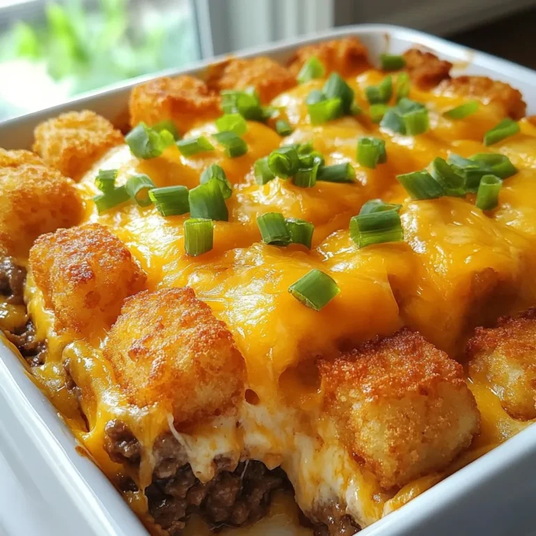 The key to a great Cheeseburger Tater Tot Casserole lies in fresh, flavorful ingredients. Here’s what you need: - 1 pound ground beef - 1 small onion, diced - 2 cloves garlic, minced - 1 cup cheddar cheese, shredded - 1 cup mozzarella cheese, shredded - 1 can (10.5 oz) creamy mushroom soup - 1 cup milk - 1 tablespoon Worcestershire sauce - 1 teaspoon mustard powder - Salt and pepper to taste - 1 package (32 oz) frozen tater tots - 2 tablespoons chopped green onions for garnish Each ingredient plays a special role. The ground beef gives a hearty base. Onion and garlic add nice depth. Cheddar and mozzarella bring that cheesy goodness. Creamy mushroom soup and milk keep everything nice and moist. Worcestershire sauce and mustard powder give it that classic burger flavor. Frozen tater tots add a crispy topping that everyone loves. Lastly, the green onions add a fresh touch when you serve it. {{ingredient_image_1}} - Browning the ground beef: Heat a large skillet over medium heat. Add one pound of ground beef. Stir and break the meat apart with a spatula. Cook until the beef is brown and fully cooked. This takes about 8-10 minutes. Drain any extra fat to keep it lean. - Cooking onions and garlic: Next, add one small diced onion and two minced garlic cloves to the skillet. Cook for about 5 minutes, or until the onion turns soft and clear. This adds great flavor to your dish. - Adding soup and milk: Now, stir in one can of creamy mushroom soup and one cup of milk. Mix well until everything blends together nicely. - Mixing in seasonings: Add one tablespoon of Worcestershire sauce, one teaspoon of mustard powder, and salt and pepper to taste. Stir until all the flavors are combined and heated through. - Layering the beef mixture: In a greased casserole dish, spread the beef mixture evenly on the bottom. This forms the tasty base of your casserole. - Adding cheese and tater tots: Next, sprinkle one cup of shredded cheddar cheese and one cup of shredded mozzarella cheese over the beef. Then, place the frozen tater tots in a single layer on top of the cheese. Make sure to cover the whole surface. - Preheating the oven: Preheat your oven to 375°F (190°C). This step is key for cooking the casserole evenly. - Cooking time and checking doneness: Bake for about 30-35 minutes. Keep an eye on the tater tots. They should be golden brown and crispy when done. Let it cool slightly before serving. Enjoy your meal! To make your Cheeseburger Tater Tot Casserole shine, start by browning the meat properly. Use medium heat to cook the ground beef. Break it apart with a spatula as it cooks. This helps it brown evenly, adding great flavor. Next, for crispy tater tots, make sure they are spread in a single layer on top. This helps them crisp up nicely in the oven. Avoid crowding them too much. You want each tot to have room for heat to reach it. To add a fresh touch, try adding chopped green onions on top. They give a nice color and a burst of flavor. Fresh herbs like parsley or cilantro can also brighten the dish. For extra toppings, consider adding diced tomatoes or pickles after baking. You can even sprinkle some extra cheese on top before serving. This makes the dish even more appealing and tasty. Pro Tips Use lean ground beef: Opt for lean ground beef to reduce the fat content in your casserole. This will help keep the dish from becoming too greasy. Add veggies: Consider adding some diced bell peppers or mushrooms to the beef mixture for extra flavor and nutrition. Cheese alternatives: Feel free to mix different cheeses like pepper jack for a spicy kick or gouda for a smoky flavor. Make ahead: This casserole can be prepared ahead of time. Assemble it, cover, and refrigerate until you're ready to bake it. Just add a few extra minutes to the baking time. {{image_2}} You can make this dish fit your taste. Use ground turkey or chicken instead of beef. This swap keeps it lean but still tasty. You can also try different cheeses. Use pepper jack for a spicy kick or gouda for a rich flavor. If you want a lighter soup, swap creamy mushroom with a low-fat version. You can even use a different soup like creamy chicken. This gives a new twist to your casserole. Add more taste by including veggies. Try diced bell peppers or zucchini for color and crunch. Spinach is another great option. It adds nutrients without changing the dish much. You can also mix in different seasonings. A dash of paprika or cayenne gives heat. For a savory touch, use Italian herbs like oregano or basil. These changes make your casserole unique and fun to eat. To store your Cheeseburger Tater Tot Casserole, let it cool first. Place leftovers in an airtight container. This keeps the dish fresh and tasty. The casserole will last in the fridge for about 3 to 4 days. If you want to enjoy it later, consider freezing it. When it's time to eat leftovers, you can reheat them in a few ways. The oven is best for maintaining flavor. Preheat the oven to 350°F (175°C). Place the casserole in an oven-safe dish and cover it with foil. Heat for about 20 minutes or until warm. You can also use the microwave for quick reheating. Just keep in mind it might not stay crispy. Heat in short bursts of 1 to 2 minutes, checking often. Enjoy your dish just like it was fresh! Can I use fresh ingredients instead of frozen? Yes, you can use fresh ingredients. If you want to swap frozen tater tots, use fresh potatoes instead. Just cut them into small cubes and pre-cook them until tender. You can also use fresh onions and garlic for better flavor. How can I make this dish ahead of time? You can prepare the meat mixture in advance. Cook and mix it, then store it in the fridge. Layer the casserole just before baking. This saves time and makes dinner easier. Is there a vegetarian version of this casserole? Yes, you can make it vegetarian. Replace the ground beef with cooked lentils or a meat substitute. Use vegetable soup instead of creamy mushroom soup. Add veggies like bell peppers or mushrooms for more flavor. Can I freeze Cheeseburger Tater Tot Casserole? Yes, you can freeze it. Make the casserole, but do not bake it. Wrap it well and store it in the freezer. When ready to eat, thaw it overnight and bake as directed. This blog post covers how to make a delicious Cheeseburger Tater Tot Casserole. You learned about key ingredients, step-by-step instructions, and helpful tips. You have options for variations and storage, along with answers to common questions. This dish is easy to make and great to share. Use your creativity to try different flavors and ingredients. Enjoy cooking, and relish every bite of this comforting meal!