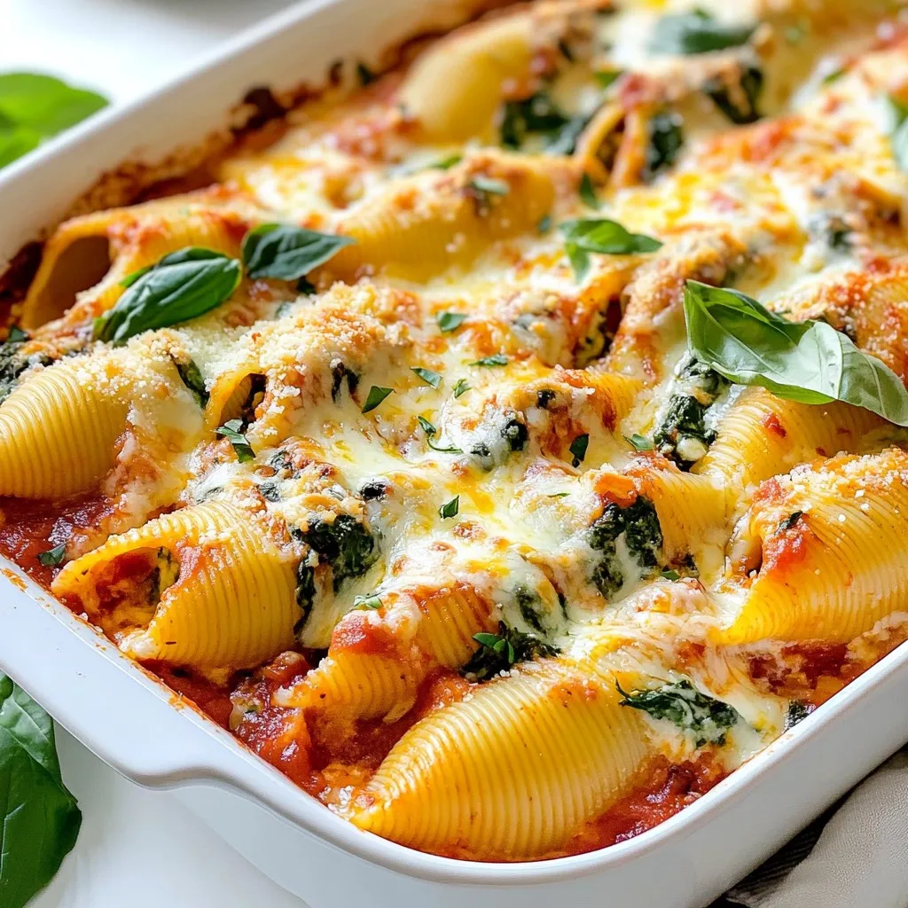 - 20 jumbo pasta shells - 1 cup ricotta cheese - 1 cup spinach, cooked and chopped - 1 cup shredded mozzarella cheese - 1/2 cup grated Parmesan cheese - 1 egg, beaten - 2 cloves garlic, minced - 1 teaspoon dried oregano - 1 teaspoon dried basil - 1 jar (24 oz) marinara sauce - Salt and pepper to taste - Fresh basil for garnish (optional) For this dish, we use jumbo pasta shells. These shells hold the filling well. The ricotta cheese gives a creamy texture. Cooked spinach adds a fresh taste and color. I love using both mozzarella and Parmesan for great flavor. The beaten egg helps bind everything together. Garlic adds depth, while dried herbs enhance the taste. I suggest using a good marinara sauce. It brings everything together when baked. Lastly, fresh basil adds a nice touch. You can skip it if you want, but I recommend it. Each ingredient plays a role in making these stuffed shells a hit. {{ingredient_image_1}} - Cooking the jumbo shells Start by boiling a large pot of salted water. Add the jumbo pasta shells and cook them until they are al dente. This usually takes about 9 to 11 minutes. Stir them gently to prevent sticking. Once cooked, drain the shells in a colander. - Cooling the shells After draining, let the shells cool for a few minutes. You can spread them out on a clean kitchen towel. This helps them stop cooking and makes them easier to handle later. - Combining ricotta, spinach, and cheeses In a big mixing bowl, combine the ricotta cheese, cooked spinach, half of the mozzarella, and the Parmesan cheese. Mix well with a spatula until everything is blended smoothly. The colors and textures should be inviting. - Mixing in egg and seasonings Add the beaten egg, minced garlic, oregano, basil, salt, and pepper to the cheese mix. Stir until all ingredients are well combined. This filling should taste rich and flavorful. - Stuffing the shells Take each cooled shell and fill it with a generous spoonful of the ricotta mixture. Make sure not to overfill, as they need space to bake. Place each stuffed shell seam side up in the baking dish. - Layering the baking dish with marinara sauce Pour a thin layer of marinara sauce at the bottom of a 9x13 inch baking dish. This keeps the shells moist while baking. Then, arrange the stuffed shells in a single layer. Pour the remaining marinara sauce over the top and sprinkle the rest of the mozzarella cheese. - Initial baking covered Cover the dish tightly with aluminum foil. Bake in a preheated oven at 375°F for 25 minutes. This step helps the flavors meld nicely while keeping the shells tender. - Finishing baking uncovered After 25 minutes, remove the foil. Bake for an additional 10 minutes until the cheese on top is bubbly and golden brown. This creates a lovely crust that adds texture to the dish. To get the perfect shell texture, cook the jumbo shells until they are al dente. This means they should be firm when you bite into them. If you overcook them, they will break easily when you stuff them. Always add salt to the boiling water. This step adds flavor to the pasta. To avoid breaking shells during cooking, handle them gently. Stir them carefully while boiling. Use a slotted spoon to remove them from the pot. Let them cool slightly on a clean kitchen towel. This way, they won’t stick together. Stuffed shells pair well with a fresh salad. A simple green salad with a light vinaigrette works great. Garlic bread also makes a nice side. It adds some crunch and is perfect for dipping in the sauce. For wine, a light red like Pinot Noir is a good choice. It complements the cheese and sauce flavors. If you prefer white wine, a crisp Sauvignon Blanc works too. For an appealing dish, use a nice, wide plate. Arrange the stuffed shells in a neat row. Add some marinara sauce on the plate for color and flavor. Garnishing with fresh basil adds a pop of green. Sprinkle chopped basil lightly over the top before serving. It will make the dish look even more inviting. Pro Tips Cook the Shells Al Dente: To ensure your pasta holds its shape and provides the perfect texture, cook the shells just until al dente. This will prevent them from becoming too soft during baking. Use Fresh Spinach: If possible, use fresh spinach instead of frozen. Fresh spinach has a brighter flavor and texture, making your stuffed shells even more delicious. Experiment with Cheese: While ricotta and mozzarella are classic choices, you can add other cheeses like feta or goat cheese for a unique twist on the flavor profile. Let it Rest: Allow the dish to cool for a few minutes before serving. This helps the cheese set slightly, making it easier to serve and enjoy. {{image_2}} You can easily change some ingredients in this dish. If you want a dairy-free option, use cashew cheese or tofu-based ricotta. These alternatives taste great and keep the dish creamy. Adding proteins like chicken or turkey can make it heartier. Just cook the meat first, then mix it into the ricotta and spinach filling. This swap adds extra flavor and makes the meal more filling. To spice things up, try adding red pepper flakes. This small change gives the dish a nice kick. If you prefer milder flavors, skip this step. You can also mix in different herbs. Fresh parsley, thyme, or chives can add a new twist. Feel free to experiment and find your favorite blend! For a vegan version, use plant-based cheese. You can also replace the egg with flaxseed meal or mashed banana. These options help bind the filling without using eggs. Adding more vegetables to the filling can boost nutrition. Consider adding mushrooms, bell peppers, or zucchini. These veggies add color and flavor, making the dish even more tasty. To keep your stuffed shells fresh, place them in an airtight container. This method is best for refrigeration. You can also cover the dish tightly with plastic wrap. Store the shells in the fridge for up to three days. After that, the flavors may fade, and the texture can change. Freezing stuffed shells is a great way to save them for later. First, let the shells cool completely. Then, place them in a single layer on a baking sheet. Once they are frozen, transfer them to a freezer-safe bag or container. You can freeze them for up to three months. When you’re ready to eat, remove the shells from the freezer. Reheat them directly from frozen. Preheat your oven to 375°F (190°C). Cover the dish with foil and bake for about 30 minutes. After that, remove the foil and bake for an additional 10 minutes. This way, you will get a bubbly and golden top. Baked Ricotta Spinach Stuffed Shells can last in the fridge for about 3 to 5 days. Make sure to store them in an airtight container. This helps keep the flavors fresh and the texture nice. If you notice any change in smell or look, it's best to throw them out. Yes, you can prepare these stuffed shells ahead of time. You can assemble them and store in the fridge for up to 24 hours before baking. This makes for an easy dinner on a busy day. Just cover the dish with foil to keep them fresh. If you freeze them, they can last for about 2 to 3 months. Just remember to thaw in the fridge before baking. These stuffed shells pair well with a fresh salad or garlic bread. A simple green salad adds crunch and freshness. You can also serve them with roasted vegetables for a healthy side. If you like, a light red wine can complement the dish nicely. Choose a Chianti or a light Merlot for a great match. In this post, I shared how to make delicious Baked Ricotta Spinach Stuffed Shells. You learned about the key ingredients, step-by-step instructions, and helpful tips for cooking and serving. Remember, you can easily customize the recipe to suit your taste. Try different fillings or add spices to make it your own. Meal prep can save time, so consider making some ahead. Enjoy this tasty dish with family and friends, and don't forget to have fun while cooking!