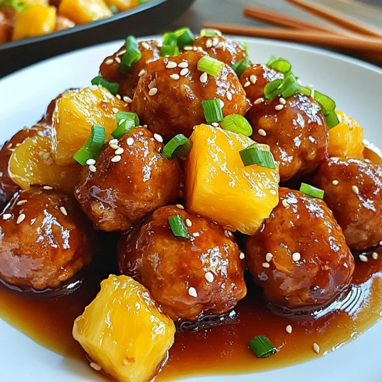 For Pineapple Teriyaki Meatballs, you need some key ingredients. Here’s the list: - Ground chicken or turkey - Breadcrumbs - Grated Parmesan cheese - 1 egg, lightly beaten - 2 cloves garlic, minced - 1/2 teaspoon ginger powder - 1 teaspoon salt - 1/2 teaspoon black pepper - 1/4 cup green onions, chopped (plus extra for garnish) - 1/2 cup teriyaki sauce - 1 cup fresh pineapple chunks (or canned) - 1 tablespoon sesame seeds (for garnish) Each ingredient plays a vital role in flavor. The ground chicken or turkey gives the meatballs their base. Breadcrumbs keep them tender. Grated Parmesan adds a salty, nutty taste. The egg helps bind everything together. Garlic and ginger give a warm aroma. Salt and black pepper enhance all the flavors. Green onions add a fresh crunch. The teriyaki sauce is key, providing that sweet and savory kick. Pineapple adds a bright, juicy burst that balances the dish. Lastly, sesame seeds give a nice finish and a hint of crunch. This combination makes each bite a delight. You’ll enjoy sweet, savory, and umami flavors dancing on your palate. {{ingredient_image_1}} To make the perfect meatball mixture, start by gathering all your ingredients. In a large mixing bowl, add: - 1 lb ground chicken or turkey - 1/2 cup breadcrumbs - 1/4 cup grated Parmesan cheese - 1 egg, lightly beaten - 2 cloves garlic, minced - 1/2 teaspoon ginger powder - 1 teaspoon salt - 1/2 teaspoon black pepper - 1/4 cup green onions, chopped Mix these ingredients well using your hands or a spoon. Make sure every item blends evenly. If you want a smoother mix, use your hands to knead the mixture gently. This helps the flavors meld together. Before you bake, preheat your oven to 400°F (200°C). This step is key for even cooking. While the oven heats, form your meat mixture into small balls, about 1 inch in size. Place them on a baking sheet lined with parchment paper. Bake the meatballs for about 15-20 minutes. You can tell they are done when they turn golden brown and feel firm to the touch. If you have a meat thermometer, aim for an internal temperature of 165°F (74°C) for safe eating. While the meatballs bake, it’s time to prepare the teriyaki sauce. In a small saucepan, combine: - 1/2 cup teriyaki sauce - 1 cup fresh pineapple chunks Heat this over medium heat until it simmers. Stir occasionally for about 5-7 minutes. This will help the sauce thicken slightly and the pineapple soften. If you want a thicker sauce, let it simmer a bit longer, stirring to prevent burning. Once the meatballs are cooked, gently add them to the saucepan. Stir them in the sauce until they are well coated. Enjoy the sweet and savory flavors! To keep your meatballs moist, use enough fat. Ground chicken or turkey has less fat than beef. Adding breadcrumbs helps, but you need moisture too. The egg binds the ingredients and adds moisture. Mix well, but don’t over-mix. Over-mixing can lead to tough meatballs. Use fresh ingredients for the best taste and moisture. Baking meatballs is a great choice. It allows for even cooking and less mess. You can line the baking sheet with parchment. This helps with cleanup and prevents sticking. Baking also captures flavors better, keeping them juicy. Frying can cause splatter and requires more oil. Choose baking for a healthier and easier option. Leftover meatballs can be a treat in other dishes. You can add them to pasta for a quick meal. They work well in sandwiches too. Just heat them in a skillet with some sauce. You can also chop them up for salads. This adds protein and flavor without much effort. Enjoy how versatile meatballs can be! Pro Tips Use Fresh Ingredients: Using fresh garlic and pineapple will enhance the flavor of your meatballs and teriyaki sauce, giving a vibrant taste to the dish. Don't Overmix: When combining the meatball ingredients, mix just until combined to keep the meatballs tender. Overmixing can make them tough. Experiment with Sauces: Feel free to try different sauces or add spices to the teriyaki sauce for a unique twist. A splash of lime juice can also brighten the flavors. Perfect Cooking Time: Keep an eye on the meatballs as they bake. Depending on your oven, cooking times may vary, so check for a golden brown color and no pink inside. {{image_2}} You can swap ground chicken or turkey for ground beef. This change gives a richer flavor. If you want a plant-based option, use lentils or chickpeas. These choices still work well with teriyaki sauce. You can also mash black beans or use tofu. These meats and alternatives all bring their unique taste to the dish. If you need gluten-free options, use gluten-free breadcrumbs. They work just as well in binding the meatballs. You can also use oats as a substitute. For cheese lovers who want a dairy-free option, try nutritional yeast or vegan cheese. Both provide flavor without dairy. These swaps help everyone enjoy the meal. Want to spice it up? Add some diced bell peppers or carrots to the mix. They add crunch and color to your meatballs. You can also mix in some chopped jalapeños for heat. If you love a sweeter touch, try adding shredded coconut. These extra flavors create a fun twist on the classic recipe. You can store Pineapple Teriyaki Meatballs in the fridge for up to three days. Place them in an airtight container to keep them fresh. Make sure they cool down first. This helps avoid moisture build-up. When you are ready to eat, just take them out and heat. For longer storage, freeze the meatballs. Place them in a single layer on a baking sheet. Once frozen, transfer them to a freezer bag. This helps avoid clumping. They can last in the freezer for up to three months. To thaw, leave them in the fridge overnight. This keeps them safe and tasty. To reheat meatballs, you have a few options. The microwave is quick and easy. Place them on a plate and cover with a damp paper towel. Heat in short bursts, checking often. You can also reheat in the oven. Preheat it to 350°F (175°C) and bake for about 10 minutes. This keeps them crispy on the outside. Enjoy your meal! Yes, you can use canned pineapple. It has pros and cons. Pros: - Canned pineapple is easy to find. - It saves time since it is already cut. Cons: - Canned pineapple can be sweeter. - It may have added sugar or syrup. Fresh pineapple gives a firmer texture and bright flavor. If you prefer, use canned pineapple. Just drain it well before adding to the sauce. You can serve Pineapple Teriyaki Meatballs with many sides. Here are some great options: - Steamed rice: White or brown rice pairs well. - Quinoa: A healthy grain that adds a nutty flavor. - Stir-fried vegetables: Mix bell peppers, snap peas, and carrots. - Salad: A fresh green salad balances the sweet meatballs. - Noodles: Serve with rice noodles for a fun twist. These sides bring great texture and flavor to your meal. To check if meatballs are fully cooked, use a meat thermometer. The inside should reach 165°F (74°C). Here are some tips: - Look for a golden brown color on the outside. - The juices should run clear when you cut one open. - The meatballs should feel firm but not hard. Using these methods ensures your meatballs are safe to eat and delicious! This blog post shared how to make Pineapple Teriyaki Meatballs, from ingredients to cooking tips. We covered the best meats, binding agents, and key seasonings. I provided step-by-step instructions to mix, bake, and create the sauce perfectly. Helpful tips ensured juicy meatballs and delicious variations. Don't forget about storage and reheating for later meals. Enjoy experimenting with flavors and leftovers. Your kitchen is a place for creativity. I hope these tips inspire you to make tasty meatballs that everyone will love!
