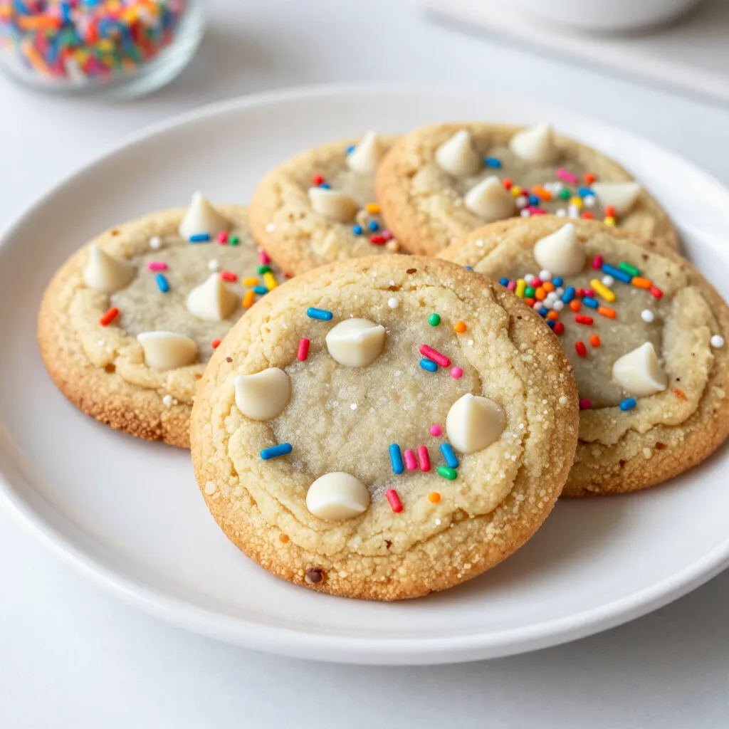To make these funfetti cake batter cookies, you need a few key items: - 1 stick (1/2 cup) unsalted butter, softened - 3/4 cup granulated sugar - 1/4 cup brown sugar, packed - 1 large egg - 1 teaspoon vanilla extract - 1 1/2 cups all-purpose flour - 1/2 teaspoon baking soda - 1/4 teaspoon salt - 1/2 cup cake mix (funfetti or vanilla flavored) - 1/2 cup rainbow sprinkles - 1/2 cup white chocolate chips (optional) These ingredients work together to create a soft, chewy cookie that bursts with flavor and color. While the main ingredients are essential, you might want to add a few optional ones: - White chocolate chips for extra sweetness - Nuts or other types of chocolate chips These options can enhance the cookie's taste and texture. If you need to swap out any ingredients, I have some great ideas: - Use coconut oil or margarine instead of butter. - Substitute brown sugar with coconut sugar for a different flavor. - Try almond or oat flour instead of all-purpose flour for a gluten-free option. - You can leave out the egg and use 1/4 cup unsweetened applesauce as a binder. These substitutions keep the cookie fun and tasty, even with your own twist! {{ingredient_image_1}} Start by preheating your oven to 350°F (175°C). This step is key. While it heats, line a baking sheet with parchment paper. This helps the cookies bake evenly and makes cleanup easy. Make sure you use a large baking sheet, so the cookies have room to spread. In a large mixing bowl, add 1 stick of softened unsalted butter, 3/4 cup of granulated sugar, and 1/4 cup of packed brown sugar. Use a mixer to cream these ingredients together until they are smooth and fluffy. This usually takes about 2-3 minutes. Next, crack in 1 large egg and pour in 1 teaspoon of vanilla extract. Mix until everything is well combined. This blend gives the cookies their rich flavor and soft texture. In another bowl, whisk together 1 1/2 cups of all-purpose flour, 1/2 teaspoon of baking soda, 1/4 teaspoon of salt, and 1/2 cup of cake mix. The cake mix is the secret to that funfetti flavor! Make sure the dry ingredients are evenly blended before adding them to your wet mixture. Gradually add the dry mix to the wet mix. Stir gently until just combined. Be careful not to overmix; this keeps the cookies tender. Fold in 1/2 cup of rainbow sprinkles and 1/2 cup of white chocolate chips, if you like. Now, scoop tablespoon-sized balls of dough and place them about 2 inches apart on your prepared baking sheet. Bake the cookies for 10-12 minutes. They should look slightly underbaked in the center but golden around the edges. Once they are out of the oven, let the cookies cool on the baking sheet for about 5 minutes. This helps them set up nicely. After that, transfer them to a wire rack to cool completely. Enjoy the sweet smell as they cool down! To make the best Funfetti Cake Batter Cookies, follow these tips: - Use softened butter: This helps create a fluffy texture. Let it sit out for about 30 minutes. - Don’t overmix: Mix just until the ingredients blend. Overmixing makes cookies tough. - Chill the dough: If you have time, chill the dough for 30 minutes. This helps the cookies keep their shape. - Watch the baking time: Bake until the edges are golden. The centers should look a bit underbaked. This keeps them soft. - Use fresh sprinkles: Fresh sprinkles add color and fun. Old sprinkles may lose their vibrancy. Avoid these common mistakes for better cookies: - Skipping the baking soda: This ingredient helps cookies rise. Don’t leave it out! - Using too much flour: Measure flour carefully. Too much makes cookies dry. - Not preheating the oven: Always preheat your oven. This ensures even baking. - Baking on a hot sheet: Make sure your baking sheet is cool. Hot sheets can spread the dough too much. - Ignoring the cooling time: Let cookies cool on the sheet. This helps them set properly. Serve these cookies in fun ways: - Colorful platter: Arrange cookies on a bright platter. It makes them look festive. - Extra sprinkles: Top each cookie with more sprinkles before serving. This adds a fun touch. - Dunk in milk: These cookies taste great with a glass of cold milk. It’s a classic combo! - Pair with ice cream: Sandwich some ice cream between two cookies for a delightful treat. - Gift in a jar: Layer cookies in a jar for a cute gift. It’s perfect for friends or family! Pro Tips Chill the Dough: For thicker cookies, chill the dough for at least 30 minutes before baking. This helps prevent spreading and results in a chewier texture. Use Fresh Ingredients: Ensure your baking soda and flour are fresh for the best rise and flavor. Stale ingredients can affect the outcome of your cookies. Experiment with Mix-Ins: Feel free to get creative! Try adding chopped nuts, different types of chocolate chips, or even flavored extracts to customize your cookies. Storage Tips: Store cookies in an airtight container at room temperature for up to a week. For longer freshness, consider freezing them and thawing as needed. {{image_2}} You can easily switch up the flavor of your Funfetti cake batter cookies. For chocolate lovers, swap the funfetti cake mix for chocolate cake mix. This change brings a rich, chocolaty taste. You can add chocolate chips for even more chocolatey goodness. If you prefer a bright flavor, try lemon cake mix. The cookies will be light and refreshing. A bit of lemon zest can also enhance the lemon flavor. Making these cookies gluten-free is simple. Use a gluten-free flour blend instead of all-purpose flour. Ensure your cake mix is also gluten-free. For a vegan version, replace the butter with coconut oil or vegan butter. Use flax eggs instead of a regular egg. Mix one tablespoon of flaxseed meal with three tablespoons of water and let it sit for five minutes. This will mimic the texture of an egg. Get creative with add-ins and mix-ins! Add chopped nuts like walnuts or pecans for a crunchy texture. If you love fruit, consider adding dried fruits like cranberries or cherries. You can also mix in different types of chocolate chips, like dark or milk chocolate. For a fun twist, try adding mini marshmallows. These mix-ins can change the cookie's taste and make them even more exciting. To keep your Funfetti cake batter cookies fresh, store them in an airtight container. This helps the cookies stay soft and moist. Make sure they are completely cool before placing them in the container. You can layer the cookies with parchment paper to avoid sticking. You can freeze the cookie dough before baking. Scoop out the dough and place it on a baking sheet. Freeze for about one hour. Once firm, transfer the dough balls to a freezer-safe bag. You can bake them straight from the freezer. Just add an extra minute or two to the baking time. When stored properly, these cookies last about one week at room temperature. If you freeze them, they can last up to three months. Just remember to label your containers or bags with the date. This way, you’ll know when to enjoy them! Yes, you can. Any flavor of cake mix works well. Chocolate or vanilla give great taste. Just remember, it changes the cookie flavor. Funfetti adds color and joy! These cookies last about one week when stored correctly. Keep them in an airtight container. They stay fresh and tasty that way. You can also freeze them for up to three months. If your dough feels too sticky, add a bit more flour. Start with one tablespoon at a time. Mix it well until the dough feels right. You want it soft but easy to handle. Absolutely! You can skip the sprinkles if you prefer. The cookies will still taste great. For a different twist, try adding nuts or chocolate chips instead. Funfetti cake batter cookies are fun and easy to make. You learned about the main ingredients and some optional tweaks. I showed you step-by-step how to mix, bake, and cool your cookies. There are tips to get the perfect batch and avoid common mistakes. You also saw tasty variations and how to store your cookies. Now you're ready to bake. Enjoy making these cookies your own!