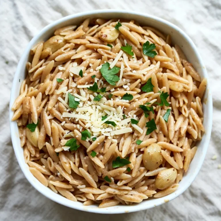 - 1 cup orzo pasta - 2 tablespoons olive oil - 4 cloves garlic, minced - 1 cup vegetable broth - 1 cup heavy cream - 1 cup grated Parmesan cheese - 1 teaspoon Italian seasoning - Salt and pepper to taste - Fresh parsley, chopped (for garnish) To make Creamy Garlic Parmesan Orzo, gather these easy ingredients. Orzo pasta is the star here. It cooks up soft and absorbs all the flavors well. Olive oil adds richness and helps the garlic shine. Minced garlic brings a bold taste that makes this dish memorable. Next, vegetable broth adds depth. Using broth instead of water gives a nice boost. Heavy cream is key for that creamy texture. Grated Parmesan cheese gives a salty kick and a cheesy finish. Italian seasoning adds a nice herbal touch. Lastly, salt and pepper enhance all these flavors. If you need gluten-free options, look for gluten-free orzo. Many brands offer rice or corn versions. These taste great and work well in this dish. For dairy-free options, try coconut cream or cashew cream instead of heavy cream. Nutritional yeast can replace Parmesan cheese. It adds a cheesy flavor without dairy. These swaps keep the dish tasty and suitable for different diets. {{ingredient_image_1}} To start, fill a medium saucepan with water and bring it to a boil. Once boiling, add 1 cup of orzo pasta. Cook the orzo according to the package instructions. You want it to be al dente, which means it should be firm to the bite. This texture keeps the pasta from becoming mushy when you mix it with the sauce. After cooking, drain the orzo and set it aside while you prepare the creamy sauce. Next, grab a large skillet and heat 2 tablespoons of olive oil over medium heat. Once the oil is hot, add 4 cloves of minced garlic. Sauté the garlic for about 1 minute until it becomes fragrant. Be careful not to burn it, as burnt garlic can taste bitter. After the garlic is ready, pour in 1 cup of vegetable broth. Stir it well and bring it to a gentle simmer. Lower the heat and add 1 cup of heavy cream. Mix until everything is well combined and creamy. Now, it's time to make this dish even better. Gradually stir in 1 cup of grated Parmesan cheese. Continue to stir until the cheese melts completely and the sauce becomes rich and smooth. Season the sauce with 1 teaspoon of Italian seasoning, salt, and pepper to taste. Taste your sauce, and feel free to adjust the seasoning as needed. Finally, add the cooked orzo to the skillet. Mix everything together until the orzo is fully coated in that delicious creamy sauce. Serve hot and enjoy! To make your orzo even tastier, try adding a pinch of red pepper flakes. This spice gives your dish a nice kick. You can also use smoked paprika for a subtle smoky taste. For cheese, consider using aged Gouda or Pecorino Romano. They bring a unique flavor twist, perfect for cheese lovers. To achieve a creamier texture, make sure to stir the cheese in slowly. This helps it melt and blend well. If your sauce feels too thick, just add a splash of vegetable broth or cream. This will loosen it up without losing flavor. For a lovely presentation, serve the orzo in shallow bowls. Drizzle a little olive oil on top for shine. Add a sprinkle of extra Parmesan and some fresh parsley. This makes the dish look fresh and inviting. You can also use lemon zest to brighten the plate. Pro Tips Use Fresh Garlic: Freshly minced garlic will give your dish a more vibrant flavor compared to pre-minced options. Parmesan Quality Matters: Use high-quality Parmesan cheese for the best creamy texture and rich flavor in your sauce. Season Gradually: Taste and adjust the seasoning at each step to ensure a perfectly balanced flavor. Garnish with Fresh Herbs: Adding fresh parsley or basil just before serving enhances the visual appeal and adds freshness to the dish. {{image_2}} You can switch up the orzo for other pasta types. Try using farfalle, or penne. Each shape gives a new twist. You can also add veggies like spinach or cherry tomatoes for more color and taste. These swaps keep the meal fresh and exciting. Want to make this dish heartier? Add protein! Chicken or shrimp pairs well with the creamy sauce. Just cook them in the skillet before adding the garlic. You can also toss in seasonal veggies, like zucchini or asparagus. This keeps your meal both tasty and nutritious. For a vegan version, swap heavy cream and cheese with plant-based options. Use coconut cream and nutritional yeast for a rich flavor. If you want a low-carb meal, try spiralized zucchini instead of orzo. This gives you a lighter dish while keeping the taste you love. To keep your creamy garlic Parmesan orzo fresh, store it in an airtight container. This helps prevent drying out and keeps the flavor intact. Refrigerate it within two hours of cooking. Always let it cool down before sealing. If you want to save it for later, freezing is an option. Divide the orzo into smaller portions. Use freezer-safe bags or containers, leaving some space for expansion. This way, you can enjoy it later without losing taste. When it comes to reheating, you can use a microwave or stovetop. The microwave is quicker but can dry out the sauce. If you choose this method, stir in a splash of broth or cream to keep it creamy. Heat in short intervals and mix well. The stovetop is my favorite method. Add the orzo to a skillet over low heat. Stir in a bit of broth or cream to help the sauce stay rich and smooth. This way, you maintain that delicious texture. In the fridge, your creamy garlic Parmesan orzo lasts about three to four days. Always check it for signs of spoilage. If you see any mold or smell something off, it’s best to toss it. If you freeze it, it can last up to three months. However, the texture may change slightly after thawing. Always look for any off smells or changes in color before eating leftovers. To make Creamy Garlic Parmesan Orzo gluten-free, use gluten-free orzo pasta. Many brands offer this option. Look for rice or corn-based pasta. These types cook similarly to regular orzo. Always check the label to ensure it meets your needs. Yes, you can prepare this dish ahead of time. Cook the orzo and sauce separately. Combine them just before serving. This keeps the orzo from soaking up too much sauce. Store the orzo and sauce in airtight containers. They can last in the fridge for up to three days. Creamy Garlic Parmesan Orzo pairs well with many dishes. Try serving it with grilled chicken or shrimp. A simple salad with greens and vinaigrette is also great. For a heartier meal, roasted vegetables work nicely. You can also add garlic bread for a comforting touch. To make the sauce less thick, adjust the cream and broth ratios. Use less heavy cream and more vegetable broth. Start with a half cup of cream and one and a half cups of broth. Stir the mixture well to combine. Taste and adjust to your liking for a creamy yet light sauce. This blog post gave you a clear guide to making Creamy Garlic Parmesan Orzo. You learned about the ingredients, cooking steps, and even some handy tips to enhance the dish. I shared ideas on variations and how to store leftovers too. Cooking should be fun and tasty. Don’t hesitate to experiment with flavors and ingredients to find your perfect mix! Enjoy your creamy orzo, and remember, the best meal is the one you love!
