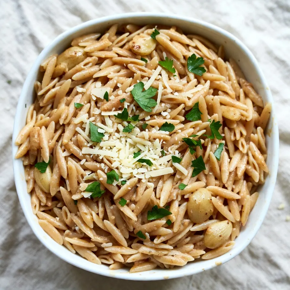 - 1 cup orzo pasta - 2 tablespoons olive oil - 4 cloves garlic, minced - 1 cup vegetable broth - 1 cup heavy cream - 1 cup grated Parmesan cheese - 1 teaspoon Italian seasoning - Salt and pepper to taste - Fresh parsley, chopped (for garnish) To make Creamy Garlic Parmesan Orzo, gather these easy ingredients. Orzo pasta is the star here. It cooks up soft and absorbs all the flavors well. Olive oil adds richness and helps the garlic shine. Minced garlic brings a bold taste that makes this dish memorable. Next, vegetable broth adds depth. Using broth instead of water gives a nice boost. Heavy cream is key for that creamy texture. Grated Parmesan cheese gives a salty kick and a cheesy finish. Italian seasoning adds a nice herbal touch. Lastly, salt and pepper enhance all these flavors. If you need gluten-free options, look for gluten-free orzo. Many brands offer rice or corn versions. These taste great and work well in this dish. For dairy-free options, try coconut cream or cashew cream instead of heavy cream. Nutritional yeast can replace Parmesan cheese. It adds a cheesy flavor without dairy. These swaps keep the dish tasty and suitable for different diets. {{ingredient_image_1}} To start, fill a medium saucepan with water and bring it to a boil. Once boiling, add 1 cup of orzo pasta. Cook the orzo according to the package instructions. You want it to be al dente, which means it should be firm to the bite. This texture keeps the pasta from becoming mushy when you mix it with the sauce. After cooking, drain the orzo and set it aside while you prepare the creamy sauce. Next, grab a large skillet and heat 2 tablespoons of olive oil over medium heat. Once the oil is hot, add 4 cloves of minced garlic. Sauté the garlic for about 1 minute until it becomes fragrant. Be careful not to burn it, as burnt garlic can taste bitter. After the garlic is ready, pour in 1 cup of vegetable broth. Stir it well and bring it to a gentle simmer. Lower the heat and add 1 cup of heavy cream. Mix until everything is well combined and creamy. Now, it's time to make this dish even better. Gradually stir in 1 cup of grated Parmesan cheese. Continue to stir until the cheese melts completely and the sauce becomes rich and smooth. Season the sauce with 1 teaspoon of Italian seasoning, salt, and pepper to taste. Taste your sauce, and feel free to adjust the seasoning as needed. Finally, add the cooked orzo to the skillet. Mix everything together until the orzo is fully coated in that delicious creamy sauce. Serve hot and enjoy! To make your orzo even tastier, try adding a pinch of red pepper flakes. This spice gives your dish a nice kick. You can also use smoked paprika for a subtle smoky taste. For cheese, consider using aged Gouda or Pecorino Romano. They bring a unique flavor twist, perfect for cheese lovers. To achieve a creamier texture, make sure to stir the cheese in slowly. This helps it melt and blend well. If your sauce feels too thick, just add a splash of vegetable broth or cream. This will loosen it up without losing flavor. For a lovely presentation, serve the orzo in shallow bowls. Drizzle a little olive oil on top for shine. Add a sprinkle of extra Parmesan and some fresh parsley. This makes the dish look fresh and inviting. You can also use lemon zest to brighten the plate. Pro Tips Use Fresh Garlic: Freshly minced garlic will give your dish a more vibrant flavor compared to pre-minced options. Parmesan Quality Matters: Use high-quality Parmesan cheese for the best creamy texture and rich flavor in your sauce. Season Gradually: Taste and adjust the seasoning at each step to ensure a perfectly balanced flavor. Garnish with Fresh Herbs: Adding fresh parsley or basil just before serving enhances the visual appeal and adds freshness to the dish. {{image_2}} You can switch up the orzo for other pasta types. Try using farfalle, or penne. Each shape gives a new twist. You can also add veggies like spinach or cherry tomatoes for more color and taste. These swaps keep the meal fresh and exciting. Want to make this dish heartier? Add protein! Chicken or shrimp pairs well with the creamy sauce. Just cook them in the skillet before adding the garlic. You can also toss in seasonal veggies, like zucchini or asparagus. This keeps your meal both tasty and nutritious. For a vegan version, swap heavy cream and cheese with plant-based options. Use coconut cream and nutritional yeast for a rich flavor. If you want a low-carb meal, try spiralized zucchini instead of orzo. This gives you a lighter dish while keeping the taste you love. To keep your creamy garlic Parmesan orzo fresh, store it in an airtight container. This helps prevent drying out and keeps the flavor intact. Refrigerate it within two hours of cooking. Always let it cool down before sealing. If you want to save it for later, freezing is an option. Divide the orzo into smaller portions. Use freezer-safe bags or containers, leaving some space for expansion. This way, you can enjoy it later without losing taste. When it comes to reheating, you can use a microwave or stovetop. The microwave is quicker but can dry out the sauce. If you choose this method, stir in a splash of broth or cream to keep it creamy. Heat in short intervals and mix well. The stovetop is my favorite method. Add the orzo to a skillet over low heat. Stir in a bit of broth or cream to help the sauce stay rich and smooth. This way, you maintain that delicious texture. In the fridge, your creamy garlic Parmesan orzo lasts about three to four days. Always check it for signs of spoilage. If you see any mold or smell something off, it’s best to toss it. If you freeze it, it can last up to three months. However, the texture may change slightly after thawing. Always look for any off smells or changes in color before eating leftovers. To make Creamy Garlic Parmesan Orzo gluten-free, use gluten-free orzo pasta. Many brands offer this option. Look for rice or corn-based pasta. These types cook similarly to regular orzo. Always check the label to ensure it meets your needs. Yes, you can prepare this dish ahead of time. Cook the orzo and sauce separately. Combine them just before serving. This keeps the orzo from soaking up too much sauce. Store the orzo and sauce in airtight containers. They can last in the fridge for up to three days. Creamy Garlic Parmesan Orzo pairs well with many dishes. Try serving it with grilled chicken or shrimp. A simple salad with greens and vinaigrette is also great. For a heartier meal, roasted vegetables work nicely. You can also add garlic bread for a comforting touch. To make the sauce less thick, adjust the cream and broth ratios. Use less heavy cream and more vegetable broth. Start with a half cup of cream and one and a half cups of broth. Stir the mixture well to combine. Taste and adjust to your liking for a creamy yet light sauce. This blog post gave you a clear guide to making Creamy Garlic Parmesan Orzo. You learned about the ingredients, cooking steps, and even some handy tips to enhance the dish. I shared ideas on variations and how to store leftovers too. Cooking should be fun and tasty. Don’t hesitate to experiment with flavors and ingredients to find your perfect mix! Enjoy your creamy orzo, and remember, the best meal is the one you love!