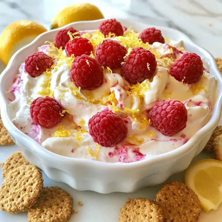Fresh raspberries are key to this dip. You need 1 cup of them. They add a bright, tangy flavor. Raspberries also give a lovely pink color. For garnish, save some extra berries. You will use 8 ounces of cream cheese. Make sure it is softened. This makes the dip smooth and creamy. It acts as the base for your cheesecake dip. You will need a few more items. Use ½ cup of powdered sugar for sweetness. Add ¼ cup of sour cream for creaminess. Squeeze in 2 tablespoons of fresh lemon juice for zest. The zest of 1 lemon adds a fragrant touch. Finally, add 1 teaspoon of vanilla extract for flavor. You can serve this dip with graham cracker crumbs or fruit for dipping. {{ingredient_image_1}} Start by softening the cream cheese. Let it sit out for about 20 minutes. This helps it mix better. In a mixing bowl, beat the cream cheese with an electric mixer. Mix until it is smooth and creamy. This step is key for a nice texture. If you skip it, your dip may be lumpy. Next, add the powdered sugar, sour cream, lemon juice, lemon zest, and vanilla extract. Mix all these ingredients together until they blend well. You want it to be fluffy and light. This creates a nice balance of sweet and tangy flavors. Taste the dip after mixing. If it needs more sweetness, add more powdered sugar. Now, it’s time for the fresh raspberries. Gently fold them into the mixture. Be careful not to crush them too much. You want some whole berries for texture and color. This makes the dip more appealing. Once mixed, transfer it to a serving bowl. For a nice touch, add a few extra raspberries on top. This makes your dip look lovely and inviting. To make your dip creamy, beat the cream cheese well. Use an electric mixer for a smooth base. Mix until it feels light and fluffy. When adding raspberries, fold them gently. This keeps some berries whole. The texture will be amazing with these simple steps. Taste your dip before serving. If it’s not sweet enough, add more powdered sugar. Start with one tablespoon at a time. Mix well after each addition. This way, you control the sweetness to fit your taste. Everyone enjoys a dip that’s just right! A great presentation makes your dip shine. Use a nice bowl to hold the dip. Surround it with colorful fruits like strawberries and kiwi. Add fresh mint leaves on top for color. You can also swirl some extra raspberries on the surface. This adds a fun touch to your dessert! Pro Tips Use Room Temperature Ingredients: Allow your cream cheese and sour cream to reach room temperature before mixing. This ensures a smoother, creamier dip without lumps. Freshness is Key: Use fresh raspberries for the best flavor and texture. Frozen raspberries can be used but may result in a mushier dip. Adjust Sweetness: Taste the dip before serving and adjust the sweetness with additional powdered sugar if necessary to suit your preference. Creative Dippers: Experiment with different dipping options like pretzel sticks, animal crackers, or even chocolate-covered fruits for a fun twist. {{image_2}} You can mix in other fruits for fun twists. Strawberries, blueberries, and peaches work well. Just chop them into small pieces. Use the same amount as raspberries. The new fruits add color and taste. Each fruit brings its own flavor, making the dip special. You have many choices for dippers. Graham crackers are classic, but fruit slices shine too. Try apple, banana, or pear slices. Pretzel sticks add a fun crunch. Each dipper changes the taste, so mix and match. This keeps the dip exciting and fresh. For extra flavor, consider adding a pinch of salt. This brings out the sweetness of the dip. You can also add a splash of almond extract for a nutty twist. If you want zest, use lime juice instead of lemon. Each change gives the dip a new vibe. To keep your raspberry lemon cheesecake dip fresh, store it in an airtight container. This helps lock in flavor. Make sure the container is clean and dry before adding the dip. Avoid using metal containers, as they can react with the ingredients. When stored correctly, this dip lasts about three to five days in the fridge. Keep an eye on it. If the dip starts to change color or smell off, it is best to toss it. You do not need to heat this dip. It tastes best cold. If it seems thick after a few days, mix in a little sour cream or cream cheese. This will help bring back its creamy texture. Enjoy it with fresh fruit or graham crackers! Yes, you can make this dip a day before. Just store it in an airtight container. This helps the flavors blend well. When ready to serve, give it a quick stir. If it looks a bit thick, add a splash of lemon juice for creaminess. You can use frozen raspberries if needed. Just thaw them and drain any excess water. This keeps the dip from becoming too watery. Be gentle when mixing them in, so they don’t break apart too much. You still want to see those pretty raspberry pieces. If you want a lighter dip, try Greek yogurt. It gives a nice tang. You can also use ricotta cheese for a different taste. Just make sure it is smooth. Blend it well with the other ingredients for a creamy texture. We covered a simple and tasty raspberry dip recipe. You learned about the key ingredients, including fresh raspberries and cream cheese. Step-by-step, we walked through how to prepare the mix and add flavors. I shared tips for the best texture and sweetness. We also explored fun variations and storage advice. Now, you can enjoy this dip at your next gathering. It’s refreshing and easy to make!