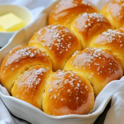 To make buttery soft pretzel rolls, you need these key items: - 4 cups all-purpose flour - 1 packet (2 ¼ teaspoons) active dry yeast - 1 cup warm water (110°F to 115°F) - ¼ cup granulated sugar - ½ cup unsalted butter, melted - 1 teaspoon salt - ⅓ cup baking soda (for boiling) - Coarse sea salt (for topping) - 1 egg (for egg wash) These ingredients create a soft, chewy texture and that classic pretzel flavor. The warm water helps activate the yeast. Sugar fuels the yeast, and butter adds richness. You can enhance your pretzel rolls with optional ingredients. Try adding: - Garlic powder for a savory twist - Cheese, like cheddar, for a cheesy flavor - Dried herbs for added aroma - Mustard or pretzel seasoning for a fun topping These additions make the rolls even more delicious. Get creative and make your rolls unique! If you are missing an ingredient, here are some swaps: - Use bread flour instead of all-purpose flour for a chewier roll. - Instant yeast can replace active dry yeast without proofing. - Coconut oil works well in place of unsalted butter. - Use baking powder if you don't have baking soda, but the texture may change. These substitutes help you still enjoy soft pretzel rolls, even if you lack some ingredients. Don't hesitate to experiment! {{ingredient_image_1}} Start by mixing warm water and sugar in a small bowl. The water should be 110°F to 115°F. Sprinkle the yeast on top and wait 5-10 minutes. This step wakes up the yeast. You want it foamy and bubbly. In a large bowl, mix the flour and salt. Once the yeast is ready, pour it into the flour mixture. Add the melted butter too. Stir until a soft dough forms. Knead the dough on a floured surface for 5-7 minutes. It should feel smooth and elastic. Place the dough in a greased bowl. Cover it with a kitchen towel. Let it rise in a warm spot for about 1 hour. The dough should double in size during this time. After the dough rises, punch it down to release air. Divide it into 12 equal pieces. Roll each piece into a ball. Let the balls rest for 10 minutes. This helps them stay soft. Now, bring a large pot of water to a boil. Add ⅓ cup of baking soda to the water. Carefully drop each dough ball into the boiling water for 30 seconds. Use a slotted spoon to remove them. Place the rolls on a baking sheet lined with parchment paper. In a small bowl, whisk an egg. Brush the egg wash over each roll. This gives them a golden color. Sprinkle coarse sea salt on top for extra flavor. Preheat your oven to 425°F (220°C). Bake the rolls for 12-15 minutes. They should turn golden brown. Remove them and let cool slightly before serving. Enjoy your buttery soft pretzel rolls warm! To get that soft, chewy bite, use warm water. It helps the yeast bloom. Make sure the water is between 110°F and 115°F. This range keeps the yeast active but not too hot. Knead your dough well. Aim for about 5 to 7 minutes. You want it smooth and elastic. Let it rise in a warm spot. A good rise will make the rolls fluffy. Don’t skip the boiling step. This helps form the pretzel crust. If you skip it, your rolls may not have that great texture. Make sure to measure your ingredients carefully. Too much flour can make the rolls dry. Also, let the dough rise until it doubles in size. If it doesn't rise enough, your rolls will be dense. For a great flavor boost, use coarse sea salt on top. It gives a nice crunch and flavor pop. You can also brush the rolls with melted butter after baking. This adds richness and shine. Consider adding spices or cheese for fun twists. Garlic powder or cheddar cheese can make your rolls unique. Pro Tips Use the Right Temperature: Ensure your water is between 110°F to 115°F to activate the yeast properly for a good rise. Knead Thoroughly: Knead the dough for at least 5-7 minutes to develop gluten, which gives the rolls their soft texture. Perfect Boiling Technique: Boil each roll for 30 seconds to achieve that signature pretzel crust; don’t skip this step! Egg Wash for Shine: Brushing the rolls with an egg wash before baking will give them a beautiful golden color and glossy finish. {{image_2}} To make gluten-free pretzel rolls, swap the all-purpose flour for a gluten-free blend. Look for a mix that contains xanthan gum. This helps mimic the texture of wheat flour. Follow the same steps in the recipe. Your rolls may be softer, but they will still taste great. For vegan pretzel rolls, replace the butter with coconut oil or a plant-based butter. Use a flax egg instead of a regular egg. To make a flax egg, mix 1 tablespoon of ground flaxseed with 2.5 tablespoons of water. Let it sit for a few minutes until it thickens. This keeps your rolls soft and tasty without using animal products. You can get creative with toppings and flavors. Try sprinkling garlic powder or dried herbs on top before baking. For a sweet twist, add a sprinkle of cinnamon sugar after baking. If you love cheese, sprinkle shredded cheese on top in the last few minutes of baking. Each of these options adds a unique touch to your buttery soft pretzel rolls! To store leftover pretzel rolls, let them cool completely first. Place them in an airtight container. You can also wrap them in plastic wrap or aluminum foil. This keeps them soft and fresh for up to three days. If you want them to last longer, consider freezing them. Freezing pretzel rolls is simple. Once they cool, wrap each roll in plastic wrap. Then, place them in a freezer bag or airtight container. Label the bag with the date. You can freeze them for up to three months. When you're ready to eat them, just thaw them at room temperature. To reheat pretzel rolls, preheat your oven to 350°F (175°C). Place the rolls on a baking sheet. Heat them for 5-10 minutes until warm. If you want a crispy crust, you can also broil them for 1-2 minutes. Just watch closely so they don't burn. Enjoy your rolls as if they were freshly baked! You can tell when your dough has risen enough by its size. The dough should double in size. You can also poke the dough lightly. If it springs back slowly, it’s ready. This means it has enough air inside. Yes, you can make pretzel rolls without baking soda. Baking soda gives the rolls their dark color and unique taste. If you skip it, the rolls will still taste good but will be lighter in color. You can also boil them in plain water instead. You can serve buttery soft pretzel rolls with many dips! Try melted butter for a classic choice. Cheese sauce is also a hit. You can add mustard for a tangy bite. These rolls are great with soups or salads too. Enjoy them warm for the best taste! You learned how to make buttery soft pretzel rolls from scratch. We covered essential and optional ingredients, plus substitutes. You saw step-by-step instructions for preparing the dough and shaping rolls. The boiling and baking process was clear to follow. I shared tips for the perfect texture and common mistakes. Variations include gluten-free and vegan options. Finally, you know how to store and reheat leftover rolls. Enjoy making these tasty treats! You’ll impress your friends and family with your baking skills.