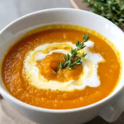 - 1 medium butternut squash, peeled, seeded, and cubed - 1 tablespoon olive oil - 1 medium onion, diced - 2 cloves garlic, minced - 1 teaspoon ground ginger - 1/2 teaspoon ground cinnamon - 4 cups vegetable broth - 1 cup coconut milk - Salt and pepper to taste - Fresh thyme or parsley for garnish (optional) To make a great roasted butternut squash soup, you need fresh and simple ingredients. The star of this dish is the butternut squash. It gives the soup a sweet flavor and a lovely orange color. The olive oil helps the squash roast well. The onion and garlic add depth and aroma. Ground ginger and cinnamon give warmth and spice to the soup. You'll also use vegetable broth. This keeps the soup light and tasty. Coconut milk makes the soup creamy and rich. It balances the sweetness of the squash. Don’t forget to season with salt and pepper. These simple spices can really make a dish shine. For a touch of color, use fresh thyme or parsley as a garnish. This makes the soup look pretty and adds a little extra flavor. Enjoy gathering these ingredients, as they are the key to a comforting bowl of soup. {{ingredient_image_1}} - Preheat oven to 400°F (200°C). - Cube and coat butternut squash with olive oil, salt, and pepper. Start by preheating your oven. This step is key for roasting. Next, peel and cube your butternut squash. Aim for bite-sized pieces. This helps them cook evenly. Toss the cubed squash in a bowl with olive oil, salt, and pepper. Make sure each piece gets a nice coat. This adds flavor and helps with browning. - Spread squash on a baking sheet. - Roast for 25-30 minutes, flipping halfway. Now, spread the seasoned squash on a baking sheet. Don't overcrowd them. This allows each piece to roast well. Roast for 25 to 30 minutes. Flip them halfway through. You want them tender and slightly caramelized. This roasting brings out their natural sweetness. - Sauté onion in a pot until translucent. - Add garlic, ginger, and cinnamon. - Incorporate roasted squash and vegetable broth. While the squash roasts, let's focus on the soup base. In a pot, heat a tablespoon of olive oil over medium heat. Add the diced onion. Sauté until it turns translucent. This should take about five minutes. Then, add minced garlic, ground ginger, and cinnamon. Stir for about a minute. You will smell those lovely spices! Afterward, add the roasted squash to the pot. Pour in the vegetable broth. Bring the mix to a simmer. - Simmer soup for 10 minutes. - Blend until smooth with an immersion blender. - Stir in coconut milk and adjust seasoning. Let the soup simmer for about ten minutes. This allows all the flavors to meld together. After simmering, use an immersion blender. Blend until the soup is smooth. If you don’t have one, you can transfer it to a regular blender in batches. Once blended, stir in the coconut milk. Taste the soup and add more salt or pepper if needed. This gives the soup a creamy finish and a hint of sweetness. To achieve a deep caramelization, start with a hot oven at 400°F (200°C). This high heat helps the sugars in the squash turn golden brown. Make sure to coat the cubed squash with olive oil, salt, and pepper. This coating ensures a nice crisp while roasting. Flip the squash halfway through cooking for even browning. When cubing butternut squash, aim for uniform pieces. This helps them cook at the same rate. Use a sharp knife for clean cuts. Start by cutting the squash in half and scoop out the seeds. Then, slice it into strips before cubing. This method makes it easier to manage. Use an immersion blender when you want a quick and easy way to blend soup. It allows you to blend right in the pot. This saves time and reduces mess. A traditional blender works too, but you need to blend in batches. Always let the soup cool slightly before blending in a regular blender. This prevents hot splashes and burns. To ensure a smooth texture, blend the soup until it is completely creamy. If you see any lumps, keep blending until smooth. You can adjust the thickness by adding more vegetable broth or coconut milk after blending. To add depth to your soup, consider spices like nutmeg, cayenne, or even curry powder. Fresh herbs, such as thyme or parsley, brighten the flavor. You can add them while cooking or use them as a garnish. For garnish, drizzle extra coconut milk on top for creaminess. A sprinkle of fresh thyme or parsley adds a splash of color. This makes your soup not only tasty but also beautiful. Serve it in bowls to show off these garnishes. Pro Tips Choose the Right Squash: Select a butternut squash that feels heavy for its size and has a smooth, blemish-free skin for the best flavor and texture. Enhance the Flavor: Add a pinch of nutmeg or a splash of apple cider vinegar to elevate the soup's flavor profile and add depth. Texture Matters: For an ultra-creamy soup, blend thoroughly and consider straining it for an even smoother consistency. Make it Ahead: This soup stores well in the refrigerator for up to 5 days, and the flavors deepen after a day, making it a perfect make-ahead dish. {{image_2}} You can change the flavor of your soup with different ingredients. For a creamier texture, use coconut milk instead of cream. Coconut milk adds a hint of sweetness, making the soup rich and smooth. If you want other dairy-free options, try almond milk or oat milk. Each option brings its own unique taste. You can also mix in different root vegetables. Sweet potatoes work well and add a lovely sweetness. Carrots can add a nice color and flavor too. You can even use parsnips for a more earthy taste. Feel free to experiment and find your favorite mix! This soup pairs well with many dishes. A fresh salad can balance the creaminess of the soup. Try a simple green salad with lemon vinaigrette for a bright taste. You can also serve it with crusty bread. A slice of sourdough or a warm baguette is perfect for dipping. For extra fun, top the soup with roasted seeds or croutons. They add a nice crunch and texture. A sprinkle of fresh herbs like thyme or parsley will give it a pop of color. Use your creativity to make your meal even more enjoyable! Seasonal ingredients can enhance your soup's flavor. In fall and winter, use warm spices like nutmeg or allspice. These spices add warmth and depth. You can even mix in seasonal veggies like kale or spinach for added nutrients. In summer, keep it light. Use fresh herbs like basil or mint to brighten the flavor. You can also use lighter vegetables like zucchini or peas. Adjusting the ingredients based on the season makes your soup fresh and exciting! To keep your Roasted Butternut Squash Soup fresh, use an airtight container. Make sure the soup cools before you seal it. This helps prevent condensation and keeps it tasty. You can store the soup in the fridge for up to five days. If you want to enjoy it later, freezing is a great choice. To freeze the soup properly, let it cool completely first. Then, pour it into freezer-safe bags or containers. Leave some space at the top for expansion. This soup can last in the freezer for up to three months. When you want to eat it, thaw it overnight in the fridge. To reheat, warm it gently on the stove or in the microwave. Stir well to ensure even heating and enjoy! You can tell when butternut squash is done roasting by looking for a few signs. First, the squash should be soft to the touch. You can also insert a fork into the pieces. If it goes in easily, it's ready. The edges should have a nice golden-brown color. This caramelization adds a sweet flavor to your soup. Yes, you can prepare this soup ahead of time. After cooking, let the soup cool down. Then, store it in the fridge for up to three days. If you want to keep it longer, you can freeze it. Just remember to leave some space in the container for expansion. Absolutely! If you want some heat, you can add red pepper flakes or cayenne pepper. Start with a small amount, like 1/4 teaspoon, and taste. You can always add more if you like it spicier. Another option is to mix in some chopped jalapeños while cooking. If your soup is too thick, don't worry! You can add more vegetable broth or water to thin it out. Start with a little, about 1/4 cup, and stir well. Keep adding until you reach your desired consistency. Yes, adding protein is a great idea! You can stir in cooked lentils or chickpeas for a hearty boost. If you prefer meat, shredded chicken or turkey works well too. Just make sure to heat it through before serving your soup. In this blog post, we explored making a delicious Roasted Butternut Squash Soup. We covered the necessary ingredients, simple steps, and useful tips. You can enhance flavors, try variations, and store leftovers effectively. Remember, this soup is not just tasty but also versatile for any season. Trying this recipe will surely delight your taste buds. Enjoy the process and share your delicious results!