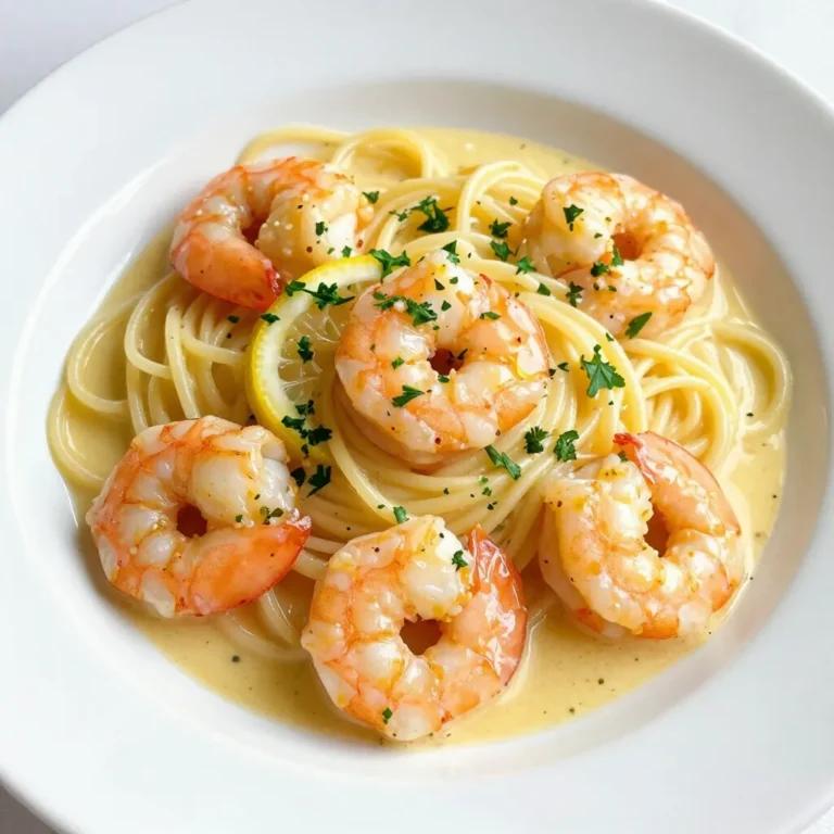 To make Lemon Garlic Shrimp Scampi, gather these simple ingredients: - 1 lb large shrimp, peeled and deveined - 4 tablespoons unsalted butter - 4 tablespoons olive oil - 4 cloves garlic, minced - 1 teaspoon red pepper flakes (adjust to taste) - Zest of 1 lemon - Juice of 2 lemons - Salt and pepper to taste - 1/2 cup chicken broth or vegetable broth - 1/2 cup chopped fresh parsley - 8 oz linguine or spaghetti - Grated Parmesan cheese for serving (optional) These ingredients come together to create a fresh and tasty dish. I love how the shrimp pairs with the bright lemon and garlic flavors. When you use fresh ingredients, you bring out the best in this meal. The butter and olive oil create a rich base, while the garlic adds depth. The red pepper flakes give a nice kick, balancing the dish perfectly. Using high-quality shrimp is key for great taste. I always look for shrimp that are firm and have a slight sheen. They should smell like the ocean, not fishy. Fresh herbs, like parsley, add a pop of color and freshness. You can also customize your dish with optional toppings like Parmesan cheese. This dish is all about flavor and speed, making it perfect for a quick weeknight dinner. {{ingredient_image_1}} - First, boil water in a large pot. - Add 8 oz of linguine or spaghetti. - Cook according to package instructions until al dente. - Drain the pasta, but save 1/2 cup of pasta water for later. - In a large skillet, heat 4 tablespoons of olive oil. - Add 2 tablespoons of unsalted butter to the skillet. - Once melted, add 4 cloves of minced garlic. - Sprinkle in 1 teaspoon of red pepper flakes. - Sauté for about 1 minute until the garlic smells great but isn’t brown. - Add 1 pound of large shrimp to the skillet. - Season with salt, pepper, and lemon zest. - Cook the shrimp for 2-3 minutes until pink and opaque. - Pour in 1/2 cup of chicken broth and juice from 2 lemons. - Let this mixture simmer for 2 more minutes to blend the flavors. - Toss in the cooked pasta with the shrimp mixture. - Add the remaining 2 tablespoons of butter. - Stir everything together until the pasta is well-coated. - If it seems dry, add some reserved pasta water until it’s just right. - Remove the skillet from heat. - Stir in 1/2 cup of chopped fresh parsley. - Taste and adjust with more salt or lemon juice if needed. - Serve right away, garnished with extra parsley and grated Parmesan cheese if you like. To make your Lemon Garlic Shrimp Scampi shine, adjust the seasoning. Start with salt and pepper. Taste as you go. If you love heat, add more red pepper flakes. For a fresh kick, add more lemon juice. When cooking shrimp, keep it simple. Don’t overcook them. They should turn pink and opaque in just 2-3 minutes per side. If they are rubbery, you cooked them too long. Always use fresh shrimp for the best taste. Cook your pasta al dente. This means it should be firm when bitten. Follow the package directions for timing. Save some pasta water before draining. This water can help make your sauce creamy. Store leftover ingredients properly. Keep shrimp in an airtight container in the fridge. Use them within a day or two. For cooked pasta, store it separately. This will keep it from getting mushy. Garnish your dish with fresh parsley. This adds a pop of color. You can also sprinkle grated Parmesan cheese on top, if you like. For plating, use a large bowl. Twirl the pasta in the center and place shrimp around it. Drizzle some sauce on top. This will make your dish look beautifully inviting. Pro Tips Fresh Shrimp is Best: Always opt for fresh shrimp if possible, as they offer superior flavor and texture compared to frozen varieties. Don't Overcook the Shrimp: Shrimp cook very quickly; remove them from the heat as soon as they turn pink and opaque to avoid a rubbery texture. Adjust Heat to Your Liking: If you prefer a milder dish, reduce the red pepper flakes or omit them entirely; conversely, add more for extra heat. Save Some Pasta Water: The starchy pasta water can be a great addition to adjust the sauce's consistency, making it creamier without adding more fat. {{image_2}} You can change proteins in this dish. Use scallops for a sweet twist. Chicken also works well if you prefer it. For a gluten-free meal, swap linguine for gluten-free pasta. It still tastes great! Adding veggies can boost flavor and nutrition. Try tossing in spinach for a pop of green. Cherry tomatoes also add sweetness and color. For herbs, consider fresh basil or cilantro. They both add a unique touch. You can bake this dish for a different flavor. Just layer the shrimp and sauce in a baking dish. Bake it until the shrimp are done. Grilling shrimp is another fun option. It gives a smoky taste and is perfect for summer. To keep your Lemon Garlic Shrimp Scampi fresh, follow these tips: - Place leftovers in an airtight container. - Store in the fridge for up to 2 days. - If you want to freeze it, use freezer-safe bags. - Remove as much air as possible before sealing. - It can stay frozen for up to 2 months. When reheating, you have two main options: the stove or microwave. - Stove: Heat a skillet over low heat. - Add a splash of broth or water to prevent drying. - Stir gently until warmed through. - Microwave: Place in a microwave-safe dish. - Add a little broth to keep it moist. - Heat in short bursts, stirring in between. To maintain the best texture: - Avoid high heat, which can make shrimp rubbery. - Stir often to ensure even heating. Shrimp scampi comes from Italy. The dish features shrimp cooked in garlic, butter, and lemon. It uses simple ingredients to create bold flavors. Italian-American chefs popularized this dish in the U.S. They often serve it with pasta. The name "scampi" refers to a type of shrimp or langoustine. Yes, you can make shrimp scampi without pasta. You can serve it over rice or with crusty bread. You can also enjoy it as a standalone dish. This way, the rich sauce shines without the pasta. Pair it with vegetables for a complete meal. You can tell shrimp is cooked when it turns pink and opaque. The flesh should feel firm and bounce back when pressed. Cook shrimp for 2-3 minutes on each side. If you see the "C" shape forming, it's ready to eat. Yes, this recipe is great for meal prep. You can cook the shrimp and sauce ahead of time. Store them in the fridge for up to three days. Just reheat before serving. You can also cook the pasta fresh when you're ready to eat. This keeps the dish tasty and fresh. You now have a tasty shrimp scampi recipe ready to impress. We covered key ingredients, step-by-step instructions, and helpful tips. With options for variations, storage, and reheating, you’ll enjoy this dish multiple times. Don’t hesitate to experiment with flavors and ingredients. Cooking should be fun and personal. Keep practicing, and share your delicious results!