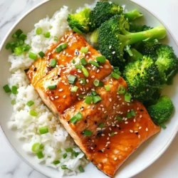 - 4 salmon fillets - 1/2 cup teriyaki sauce - 2 tablespoons honey - 1 tablespoon fresh ginger, grated - 2 cloves garlic, minced - 1 tablespoon sesame oil - 1 tablespoon olive oil - 1 cup broccoli florets - 1 cup jasmine rice - 2 cups water - Sesame seeds for garnish - Green onions for garnish - Pineapple chunks for a sweet touch - Red pepper flakes for spice - Lime juice for a zesty kick - Cilantro for fresh herbs - Mixing bowl for marinating - Baking sheet lined with parchment paper - Medium saucepan for rice - Steamer or pot for broccoli - Fork for fluffing rice - Basting brush for the marinade I find that these ingredients create a lovely balance of sweet and savory. The teriyaki sauce pairs perfectly with the salmon. The honey adds a nice touch of sweetness. Fresh ginger and garlic give it a lovely kick. If you want to change things up, try adding pineapple chunks or a squeeze of lime. For cooking, you need simple tools. A mixing bowl helps mix the marinade. A baking sheet lined with parchment paper makes cleaning easy. A saucepan is key for cooking the rice. You can steam the broccoli in a pot or use a steamer. A fork helps fluff the rice for perfect serving. These items help make your cooking easy and fun. Enjoy creating this dish! {{ingredient_image_1}} To start, mix the teriyaki sauce, honey, ginger, garlic, and sesame oil in a bowl. This blend creates a sweet and savory mix. Next, add the salmon fillets to the bowl. Make sure each fillet is coated well. Cover the bowl and place it in the fridge. Let it marinate for at least 30 minutes. This step makes the salmon taste great. First, rinse the jasmine rice under cold water. Keep rinsing until the water runs clear. This removes extra starch and makes the rice fluffy. In a medium saucepan, add the rinsed rice and 2 cups of water. Bring the mix to a boil over high heat. Once boiling, reduce the heat to low. Cover the pan and let it simmer for about 15 minutes. The water should absorb all the way. After that, remove the pan from heat and let it sit, still covered, for 5 minutes. This resting time helps the rice become fluffy. While the rice rests, preheat your oven to 400°F (200°C). Line a baking sheet with parchment paper. Take the marinated salmon and place it on the sheet. Save the marinade for later. Bake the salmon for 12-15 minutes. It should be cooked through and flake easily with a fork when done. While the salmon bakes, steam the broccoli florets for 5-7 minutes. They should stay bright green and tender. In the last 5 minutes of baking, brush some of the saved marinade over the salmon. This adds even more flavor. Now, you have a tasty meal ready to serve! To get the best salmon, start with fresh fillets. Look for firm, bright fish. After marinating, let the salmon sit at room temperature for about 15 minutes. This helps it cook evenly. When you bake it, keep an eye on the time. Bake for 12-15 minutes at 400°F (200°C). The salmon should flake easily with a fork when done. If it's still raw in the middle, pop it back in for a couple more minutes. While the teriyaki marinade is great, you can mix it up! Try adding a splash of lime juice for a tangy twist. You could also use orange juice for a fruity flavor. Want some heat? Add red pepper flakes or a small dash of sriracha. If you like a sweeter taste, mix in more honey or a bit of brown sugar. Each change gives a new vibe to the dish. For a colorful plate, serve your salmon with jasmine rice and steamed broccoli. The rice soaks up the sauce well. You can also add a side of sautéed snap peas or carrots for crunch. Top your dish with sesame seeds and chopped green onions for a fresh look. If you want something extra special, drizzle more teriyaki sauce over the salmon before serving. Pro Tips Marination Time: Allow the salmon to marinate for at least an hour for deeper flavor absorption. Perfect Rice: For fluffier jasmine rice, let it rest covered for 10 minutes after cooking before fluffing with a fork. Broccoli Brightness: To maintain the vibrant green color of broccoli, shock it in ice water immediately after steaming. Garnishing Tips: Use toasted sesame seeds for an added crunch and nutty flavor, enhancing the dish's overall appeal. {{image_2}} If you want to switch things up, try other proteins. Chicken works well with teriyaki sauce. Use boneless chicken thighs or breasts. Pork also pairs nicely with teriyaki flavors. Choose pork tenderloin for a great option. Firm tofu is another choice if you want something different. It absorbs the sauce well and tastes amazing. For a vegetarian twist, try using eggplant or mushrooms. Eggplant has a meaty texture and soaks up flavors. Cut it into thick slices and marinate like salmon. Portobello mushrooms are also a great choice. They have a rich flavor and can be grilled or baked. Both options make a delicious, plant-based meal. You can change the flavor by using other sauces too. Try a spicy gochujang sauce for heat. Mix it with honey for balance. A sweet chili sauce can add a nice kick. If you like citrus, a lemon or lime glaze is refreshing. Experiment with these sauces to find your favorite flavor! To keep your baked teriyaki salmon fresh, store it in an airtight container. Place the salmon in the fridge within two hours of cooking. It’s best to eat the leftovers within three days. If you know you won’t finish it all, separate the salmon from the rice and broccoli. This helps each part stay fresh longer. Reheat your salmon gently to keep it moist. You can use a microwave or an oven. For the microwave, place the salmon on a plate. Heat on medium power for 30 seconds. Check if it's warm, and repeat in short bursts if needed. If you use the oven, preheat it to 350°F (175°C). Wrap the salmon in foil and bake for about 10 minutes. This helps avoid drying it out. If you want to freeze your salmon, do it right away. Wrap the cooked salmon tightly in plastic wrap or foil, then place it in a freezer bag. Label the bag with the date. You can freeze it for up to three months. When you’re ready to eat, thaw it overnight in the fridge. Then, reheat it using the methods above. This keeps the flavor intact and ensures a tasty meal later on. You should bake teriyaki salmon for 12 to 15 minutes. The salmon is ready when it flakes easily with a fork. For best results, check it at the 12-minute mark. This way, you avoid overcooking. Remember, every oven is a bit different. Yes, you can use frozen salmon. Just make sure to thaw it first. I recommend placing the salmon in the fridge overnight. If you're short on time, you can also run it under cold water. Once thawed, follow the same marinating and baking steps. Teriyaki salmon pairs well with various sides. I love serving it with jasmine rice and steamed broccoli. You can also add a fresh salad or grilled vegetables. For an extra touch, sprinkle sesame seeds and green onions on top. This adds color and flavor to your plate. This blog post covered how to make teriyaki salmon, from ingredients to serving suggestions. We explored marinades, cooking rice, and baking salmon with broccoli. You learned tips to get the best salmon texture and fun options to switch flavors. I also shared how to store leftovers and answer common questions. Cooking can be easy and fun. Enjoy making this dish your own! Try different flavors and enjoy your meals.