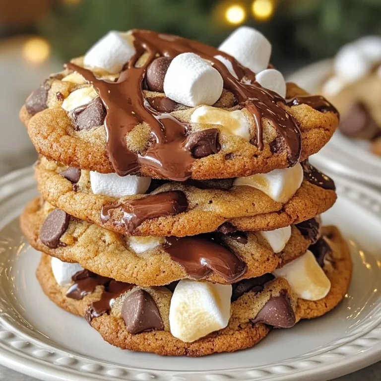 To make S’mores chocolate chip cookies, gather these items: - 1 cup all-purpose flour - 1/2 teaspoon baking soda - 1/4 teaspoon salt - 1/2 cup unsalted butter, softened - 1/2 cup brown sugar, packed - 1/3 cup granulated sugar - 1 teaspoon vanilla extract - 1 large egg - 1 cup chocolate chips - 1 cup mini marshmallows - 1/2 cup crushed graham crackers When measuring, use dry measuring cups for flour and sugar. Be sure to pack the brown sugar into the cup tightly. For butter, soften it at room temperature for best results. This helps the cookies stay soft and chewy. The egg should be large, as size affects the batter. You can swap ingredients if needed. Here are some easy changes: - Use coconut oil instead of butter for a dairy-free option. - Substitute light brown sugar for dark brown sugar if that’s all you have. - If you don’t have graham crackers, try digestive biscuits for a similar taste. - For a nutty flavor, add chopped nuts instead of chocolate chips. These swaps keep the spirit of S’mores alive while adding your twist. Enjoy experimenting! {{ingredient_image_1}} Start by preheating your oven to 350°F (175°C). This makes sure your cookies bake perfectly. Next, line a baking sheet with parchment paper. This prevents sticking and makes cleanup easy. In a medium bowl, whisk together 1 cup of all-purpose flour, 1/2 teaspoon of baking soda, and 1/4 teaspoon of salt. Set this bowl aside for later. In a large mixing bowl, cream 1/2 cup of softened unsalted butter, 1/2 cup of brown sugar, and 1/3 cup of granulated sugar. Mix until it’s light and fluffy, which takes about 2-3 minutes. Then, beat in 1 large egg and 1 teaspoon of vanilla extract. Mix until everything is well combined. Gradually add the dry ingredients from the medium bowl. Stir gently until just combined; be careful not to overmix. Finally, fold in 1 cup of chocolate chips, 1 cup of mini marshmallows, and 1/2 cup of crushed graham crackers. This step is where the magic really happens, giving the cookies that S'mores flavor! Now, scoop tablespoon-sized dough balls and place them onto your prepared baking sheet. Make sure to leave about 2 inches between each ball. This gives them room to spread. Bake in your preheated oven for 10-12 minutes. The edges should be lightly golden, while the centers will look soft and a bit underdone. This ensures a chewy cookie that melts in your mouth. Once baked, remove the cookies from the oven. Let them cool on the baking sheet for about 5 minutes. This helps them firm up a bit. After that, transfer the cookies to a wire rack to cool completely. For serving, stack the cookies on a plate. Drizzle a little melted chocolate on top and add extra mini marshmallows for that perfect S’mores touch. Enjoy these sweet treats with friends or family; they are sure to impress! To get that ideal cookie texture, start with softened butter. Soft butter mixes well with sugar. This step makes your cookies light and fluffy. After mixing, don't overwork the dough. Overmixing can make cookies tough. Gently fold in the chocolate chips and marshmallows for the best results. For even baking, space your cookie dough balls about 2 inches apart. This gives them room to spread. Always preheat your oven to 350°F (175°C). An uneven oven can lead to burnt edges. Keep an eye on them as they bake. The cookies should be lightly golden on the edges but still soft in the center. Serve your cookies stacked high on a plate. Drizzle warm chocolate over them for extra flair. Top with mini marshmallows to give that S’mores vibe. You can also pair them with a glass of cold milk. For a fun twist, serve them with ice cream for a unique dessert experience. Pro Tips Chill the Dough: For thicker cookies, refrigerate the dough for 30 minutes before baking. This helps prevent spreading and enhances the flavor. Use Parchment Paper: Always line your baking sheet with parchment paper to prevent sticking and ensure even baking. Watch the Baking Time: Keep an eye on the cookies towards the end of the baking time. They should be lightly golden around the edges but still soft in the center. Customize Your Mix-ins: Feel free to add other mix-ins like nuts or different types of chocolate chips for a personalized touch! {{image_2}} You can make these cookies gluten-free. Use a gluten-free flour blend instead of all-purpose flour. Most blends work well in cookies. Just ensure that your baking soda and other ingredients are gluten-free too. This way, everyone can enjoy these tasty treats without worry. Feel free to switch up the chocolate. You can use dark chocolate chips for a richer flavor. Milk chocolate gives a sweet touch. Try white chocolate chips for something different. Each option will change the taste and feel of the cookies. Get creative with add-ins! You can add nuts like walnuts or pecans for crunch. Chopped candy bars can bring extra sweetness. Try adding a pinch of cinnamon for warmth. Each add-in will make your cookies unique and delightful. To keep your S’mores chocolate chip cookies fresh, store them in an airtight container. Line the bottom with a paper towel. This helps absorb moisture. Place a layer of cookies on top. Add another paper towel before the next layer. This keeps cookies soft. They will stay fresh for up to five days at room temperature. You can freeze these cookies for up to three months. Start by letting them cool completely. Then, place them in a single layer on a baking sheet. Freeze them for about an hour. Once frozen, transfer them to a freezer bag. Remove as much air as possible. Label the bag with the date for easy tracking. When you want to enjoy your frozen cookies, take them out of the freezer. Let them thaw in the fridge overnight. To warm them, preheat your oven to 350°F (175°C). Place cookies on a baking sheet. Heat them for about 5-7 minutes. This will make them soft and gooey again. If you like, drizzle some melted chocolate on top for extra flavor. Yes, you can use any chocolate chips you like. Dark chocolate, milk chocolate, or even white chocolate work well. Mixing them can add a fun twist. Each type gives a unique taste to your cookies. Experiment with your favorites to find your perfect S’mores flavor. To make more cookies, simply double the recipe. You can also scale it as needed. Just remember to keep the same ratios for the ingredients. This way, you’ll still get that crunchy outside and soft center every time. Larger batches are great for parties or sharing with friends! Store your cookies in an airtight container. They will stay fresh for about a week. If you want to keep them longer, freeze them. Wrap each cookie in plastic wrap before placing them in a freezer bag. They can last up to three months this way. Just let them thaw before enjoying again! You learned about key ingredients and measurements for the perfect cookies. We explored dough prepping, baking, and smart cooling tips. I shared tricks for great texture and even baking. You discovered fun variations, like gluten-free options and flavor add-ins. Lastly, we covered storage and reheating tips for leftovers. With these steps, you can create delicious cookies every time. Enjoy baking and get creative with your flavors!