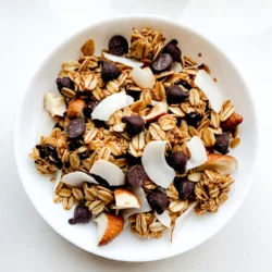 To make Coconut Chocolate Chip Granola, you need: - 3 cups rolled oats - 1 cup unsweetened shredded coconut - 1 cup chopped nuts (like almonds or walnuts) - 1/2 cup honey or maple syrup - 1/4 cup coconut oil, melted - 1 teaspoon vanilla extract - 1/2 teaspoon salt - 1/2 teaspoon cinnamon - 1 cup dark chocolate chips These ingredients form the base of your granola. Rolled oats give it texture, while coconut adds flavor. Nuts add crunch, and chocolate gives sweetness. You can add more fun to your granola with these extras: - 1/2 cup dried fruits (like cranberries or raisins) - 1/4 cup seeds (like pumpkin or sunflower seeds) - 1/2 teaspoon nutmeg for extra spice These are not required but can boost the flavor and nutrition of your granola. Feel free to mix and match based on what you have. Coconut Chocolate Chip Granola is tasty and fairly healthy. Each serving (about 1/4 cup) contains roughly: - Calories: 200 - Protein: 4g - Carbs: 30g - Fat: 9g - Fiber: 3g This snack offers energy and keeps you full. The nuts and coconut provide healthy fats, while oats give you fiber. Enjoy this granola as a great snack or breakfast! {{ingredient_image_1}} Start by preheating your oven to 350°F (175°C). This warms the oven for even baking. Line a baking sheet with parchment paper. This helps the granola not stick and makes cleanup easy. In a large bowl, add 3 cups of rolled oats. Next, toss in 1 cup of unsweetened shredded coconut. Add 1 cup of chopped nuts, like almonds or walnuts. Sprinkle in 1/2 teaspoon of salt and 1/2 teaspoon of cinnamon. Stir well, blending all the dry ingredients. This mix will give your granola flavor and texture. In another bowl, whisk together 1/4 cup of melted coconut oil and 1/2 cup of honey or maple syrup. Add 1 teaspoon of vanilla extract to this mix. Whisk until the mixture is smooth. This wet mix will bind the dry ingredients and add sweetness. Pour the wet mixture over the dry ingredients. Stir everything until the oats and nuts are well coated. This step is important for even flavor. Once mixed, spread the granola mixture evenly onto your prepared baking sheet. Make sure it’s in a single layer for even baking. Place the baking sheet in the oven. Bake for 20-25 minutes, stirring halfway through. This helps the granola brown evenly. Keep an eye on it to prevent burning. Once golden brown, remove it from the oven and let it cool for about 10 minutes. As it cools, it will get crispy. After cooling, gently fold in 1 cup of dark chocolate chips. Some will melt, adding a rich chocolate flavor. Transfer your granola to an airtight container for storage. Enjoy your delicious snack! To make perfect granola, keep a close watch while it bakes. Bake at 350°F for 20-25 minutes. Stir the granola halfway through to ensure even browning. Spread it out evenly on the baking sheet. This helps it cook well and get that nice crunch. If you like it extra crispy, leave it in a few more minutes. Just be careful not to burn it! You can adjust the sweetness to fit your taste. If you want it sweeter, add more honey or maple syrup. Start with 1/2 cup, then taste the mixture. You can always add a little more. If you prefer less sweetness, cut back to 1/3 cup. The chocolate chips also add sweetness, so keep that in mind when mixing. To get that perfect crispy granola, let it cool completely after baking. As it cools, it will harden up nicely. Use melted coconut oil in your mix. This helps the oats get that golden color and crisp texture. Make sure to store it in an airtight container. This keeps it fresh and crunchy for days! Pro Tips Use Fresh Ingredients: Always opt for fresh, high-quality nuts and chocolate chips to enhance the flavor of your granola. Experiment with Flavors: Feel free to add dried fruits, seeds, or spices like nutmeg to make your granola unique. Cool Completely: Let the granola cool completely on the baking sheet to achieve maximum crunchiness. Store Properly: Keep your granola in an airtight container to maintain freshness and prevent it from becoming soggy. {{image_2}} If you want to make nut-free granola, just skip the nuts. You can still enjoy that great crunch by adding more oats or seeds. Try using pumpkin seeds or sunflower seeds instead. Both add fiber and a nice texture. You won't lose any flavor when you remove the nuts, so feel free to make this change. Dried fruits can bring a sweet burst to your granola. I love adding raisins, cranberries, or apricots. Just chop them up a bit so they mix well. You can add these fruits after baking. Seeds like chia or flax can also boost nutrition. Mix them right in with the dry ingredients before baking for a nice crunch. If you want to switch up the sweetener, you have great choices. Maple syrup is a popular option. It adds a deep, rich flavor. Brown sugar can work, too, but it can make the granola clump more. Agave nectar is another choice if you want something lighter. Each sweetener changes the taste just a bit, so pick what you like best! To keep your Coconut Chocolate Chip Granola fresh, store it in an airtight container. Glass jars work well, but plastic containers also do the job. Keep the granola in a cool, dry place, like a pantry or cupboard. Make sure to seal it tightly after each use to lock in the crispiness. When stored properly, your granola can last up to two weeks. If you notice any changes in smell or texture, it's best to toss it. Keeping your granola in the fridge can extend its life by a few days. However, it may lose some crunch. If you want to store your granola for longer, freezing is a great option. Place the granola in a freezer-safe bag or container. Remove as much air as possible before sealing. Frozen granola can last up to three months. When ready to eat, simply thaw it at room temperature. You can also enjoy it frozen as a cool snack! Yes, you can use quick oats. However, rolled oats give a better texture. Quick oats may make the granola a bit softer. If you prefer crunchier granola, stick with rolled oats. You can use butter or any mild oil, like canola oil. Olive oil can also work, but it may change the taste a little. Choose what you like best! To get nice clusters, press the granola down firmly on the baking sheet. Bake it without stirring for the first half of the time. When cool, break it into pieces. Yes, this recipe can be gluten-free. Make sure to use gluten-free oats. Many brands offer certified gluten-free options, so check the labels. Absolutely! Replace honey with maple syrup. Use certified dark chocolate chips that are dairy-free. This way, you can enjoy a vegan treat without losing flavor. You’ve learned how to make tasty granola from scratch. We covered the ingredients, step-by-step instructions, storage tips, and answered common questions. Remember, you can customize your granola to fit your taste. Whether you prefer it nut-free or with extra sweetness, the options are endless. Enjoy experimenting with different flavors and textures. With these tips, you’ll make delicious granola every time. Dive in and have fun with your granola-making adventure!