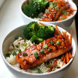 - 2 salmon fillets (6 oz each) - 1 cup jasmine rice - 1 cup broccoli florets - 1 carrot, julienned - 2 green onions, chopped - 1/4 cup soy sauce (low sodium preferred) - 2 tablespoons honey or maple syrup - 1 tablespoon sesame oil - 1 tablespoon rice vinegar - 1 teaspoon grated fresh ginger - 1 clove garlic, minced - Salt and pepper to taste - Sesame seeds for garnish To make teriyaki salmon rice bowls, gather fresh and pantry items. Fresh salmon fillets bring great flavor and protein. Jasmine rice serves as a soft base. Broccoli and carrots add color and crunch. For pantry staples, low-sodium soy sauce gives salty depth. Honey or maple syrup adds sweetness. Sesame oil brings a nutty taste. Rice vinegar adds tang. Fresh ginger and garlic give a warm kick. Make sure to have salt and pepper ready for seasoning. Lastly, sesame seeds make a lovely garnish. You now have all the ingredients for a tasty and easy meal! {{ingredient_image_1}} To start, rinse the jasmine rice under cold water until the water runs clear. This helps remove excess starch. In a pot, combine the rinsed rice with 1 cup of water or vegetable broth. Bring it to a boil. Then, reduce the heat, cover, and let it simmer for about 15 minutes. You know it's done when the liquid is absorbed. Fluff the rice with a fork and set it aside. For the teriyaki sauce, whisk together the following ingredients in a small bowl: - 1/4 cup soy sauce - 2 tablespoons honey or maple syrup - 1 tablespoon rice vinegar - 1 teaspoon grated fresh ginger - 1 clove garlic, minced Mix them until they blend well. If you want a thicker sauce, simmer it on low heat for a few minutes. This will help the flavors meld. Heat 1 tablespoon of sesame oil in a skillet over medium heat. Season the salmon fillets with salt and pepper. Place the salmon skin-side down in the skillet. Cook for about 4-5 minutes. Flip the salmon and brush it with teriyaki sauce. Cook for an additional 3-4 minutes. The salmon should be flaky and cooked to your liking. In the same skillet, add the broccoli florets and julienned carrots. Stir-fry for 2-3 minutes. This keeps them bright and crunchy. If you like, drizzle with a bit of teriyaki sauce for added flavor. In each bowl, add a generous scoop of jasmine rice. Next, add the sautéed vegetables. Place the teriyaki salmon fillet on top. Drizzle more teriyaki sauce over the salmon for an extra burst of flavor. For the final touch, sprinkle chopped green onions and sesame seeds over the top. This adds flavor and makes the dish look beautiful. Serve in colorful bowls to make it pop. You can also add edible flowers for a special touch. To make great teriyaki sauce, adjust the sweetness and saltiness to your taste. Start with 1/4 cup of low-sodium soy sauce. Add 2 tablespoons of honey or maple syrup. Taste it. If you want it sweeter, add more honey or syrup. If you need more salt, a bit more soy sauce will help. You can also try other flavors. Add a dash of chili flakes for heat or a splash of orange juice for a citrus twist. This makes your sauce unique and fun. You have options for cooking salmon. Pan-searing gives a nice crust and rich flavor. Baking is easy and keeps the salmon moist. Grilling adds a smoky taste that many love. To know if your salmon is done, look for the flesh to flake easily with a fork. It should be opaque, not shiny. Aim for an internal temperature of 145°F. This means it’s safe to eat and still juicy. Pair your teriyaki salmon rice bowls with tasty sides. Steamed edamame or a simple cucumber salad works well. For drinks, try green tea or a light white wine, like Sauvignon Blanc. Incorporate seasonal vegetables for color and nutrition. In spring, use asparagus. In fall, add pumpkin. This makes your meal fresh and interesting. Pro Tips Fresh Salmon is Best: Choose wild-caught salmon if possible for a richer flavor and better texture. Perfectly Cooked Rice: Allow the rice to rest for 5 minutes after cooking to achieve a fluffy texture. Add More Veggies: Feel free to include other vegetables like bell peppers or snap peas for added color and nutrition. Customizable Sauce: Adjust the sweetness and saltiness of the teriyaki sauce to your liking by modifying the honey and soy sauce ratios. {{image_2}} You can switch up the protein in your teriyaki salmon rice bowls. Chicken works well. It soaks up the teriyaki sauce nicely. Simply use sliced chicken breast instead of salmon. Cook it the same way. Tofu is a great option for a plant-based meal. Firm tofu holds its shape well. Press and cube it before cooking. Sauté it until golden brown. Then, add the teriyaki sauce for flavor. If you like shrimp, try shrimp teriyaki. Cook shrimp for just a few minutes. They cook quickly and pair well with the sauce. While jasmine rice is delicious, you have other choices. Brown rice offers more fiber and a nutty taste. Quinoa is another healthy grain. It’s rich in protein and cooks fast. Cauliflower rice is a low-carb option. Simply pulse cauliflower florets in a food processor. It cooks quickly and has a mild flavor. You can add more veggies to your bowls. Bell peppers, snap peas, or zucchini all work well. They bring extra color and crunch. Seasonal greens like spinach or kale are great too. Just add them at the end of cooking. They wilt quickly and pack a nutrient punch. Feel free to mix and match your ingredients. These variations keep your meal prep fun and exciting! To keep your teriyaki salmon rice bowls fresh, store leftovers in airtight containers. Separate the salmon, rice, and veggies if possible. This helps maintain their texture. In the fridge, they last about three days. If you see any signs of spoilage, like an off smell or discoloration, it’s best to toss it. Yes, you can freeze the components! For best results, store the salmon and veggies in separate bags. Cooked rice can also be frozen. Use freezer-safe bags to reduce air exposure. When ready to eat, thaw overnight in the fridge. For reheating, warm them gently to keep flavors intact. For even reheating, use the microwave or stovetop. If using a microwave, heat in short intervals. Stir in between to avoid hot spots. On the stovetop, add a splash of water or broth to keep the dish moist. Avoid overcooking the salmon; it should flake easily but remain juicy. You can use store-bought teriyaki sauce. It saves time and adds flavor. However, some sauces are too sweet or salty. Check the label for quality. Look for low-sodium options to keep it healthy. You can also add fresh ginger and garlic for extra taste. To make this dish gluten-free, use tamari instead of soy sauce. Tamari is a gluten-free soy sauce. For broth, choose a certified gluten-free vegetable broth. Always read labels to be safe. This way, you still enjoy great flavor without gluten. You can serve many sides with teriyaki salmon rice bowls. Try a simple cucumber salad for crunch. Steamed edamame makes a great snack. You can also add pickled vegetables for a tangy bite. These sides enhance the meal and add variety. You can keep prepared teriyaki salmon in the fridge for up to three days. Store it in an airtight container to maintain freshness. Always check for any signs of spoilage. Before eating, reheat it thoroughly to enjoy the best flavor. To sum up, we’ve covered how to create delicious teriyaki salmon bowls. You learned about the fresh ingredients needed, like salmon and rice, along with pantry staples. I shared step-by-step instructions, from cooking rice to making the teriyaki sauce. Don't forget the tips for perfecting the dish and exploring variations that suit your taste! Remember, the key to great meals is to enjoy the process and experiment. Happy cooking!