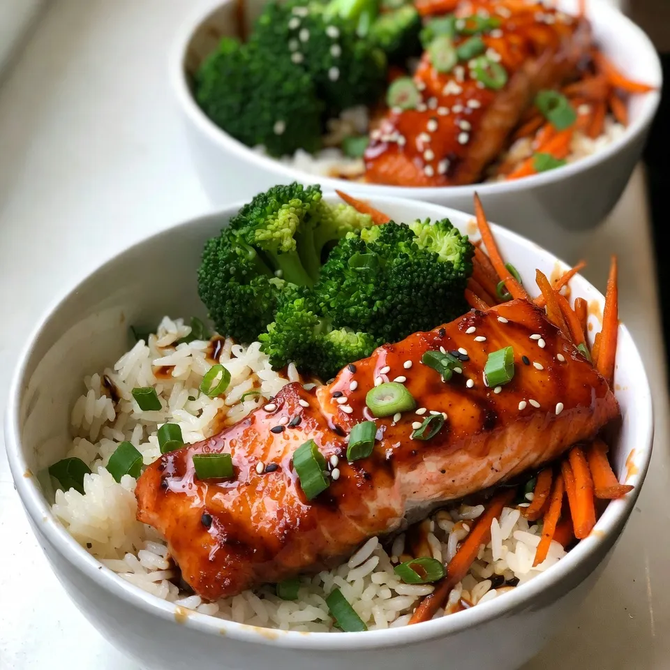 - 2 salmon fillets (6 oz each) - 1 cup jasmine rice - 1 cup broccoli florets - 1 carrot, julienned - 2 green onions, chopped - 1/4 cup soy sauce (low sodium preferred) - 2 tablespoons honey or maple syrup - 1 tablespoon sesame oil - 1 tablespoon rice vinegar - 1 teaspoon grated fresh ginger - 1 clove garlic, minced - Salt and pepper to taste - Sesame seeds for garnish To make teriyaki salmon rice bowls, gather fresh and pantry items. Fresh salmon fillets bring great flavor and protein. Jasmine rice serves as a soft base. Broccoli and carrots add color and crunch. For pantry staples, low-sodium soy sauce gives salty depth. Honey or maple syrup adds sweetness. Sesame oil brings a nutty taste. Rice vinegar adds tang. Fresh ginger and garlic give a warm kick. Make sure to have salt and pepper ready for seasoning. Lastly, sesame seeds make a lovely garnish. You now have all the ingredients for a tasty and easy meal! {{ingredient_image_1}} To start, rinse the jasmine rice under cold water until the water runs clear. This helps remove excess starch. In a pot, combine the rinsed rice with 1 cup of water or vegetable broth. Bring it to a boil. Then, reduce the heat, cover, and let it simmer for about 15 minutes. You know it's done when the liquid is absorbed. Fluff the rice with a fork and set it aside. For the teriyaki sauce, whisk together the following ingredients in a small bowl: - 1/4 cup soy sauce - 2 tablespoons honey or maple syrup - 1 tablespoon rice vinegar - 1 teaspoon grated fresh ginger - 1 clove garlic, minced Mix them until they blend well. If you want a thicker sauce, simmer it on low heat for a few minutes. This will help the flavors meld. Heat 1 tablespoon of sesame oil in a skillet over medium heat. Season the salmon fillets with salt and pepper. Place the salmon skin-side down in the skillet. Cook for about 4-5 minutes. Flip the salmon and brush it with teriyaki sauce. Cook for an additional 3-4 minutes. The salmon should be flaky and cooked to your liking. In the same skillet, add the broccoli florets and julienned carrots. Stir-fry for 2-3 minutes. This keeps them bright and crunchy. If you like, drizzle with a bit of teriyaki sauce for added flavor. In each bowl, add a generous scoop of jasmine rice. Next, add the sautéed vegetables. Place the teriyaki salmon fillet on top. Drizzle more teriyaki sauce over the salmon for an extra burst of flavor. For the final touch, sprinkle chopped green onions and sesame seeds over the top. This adds flavor and makes the dish look beautiful. Serve in colorful bowls to make it pop. You can also add edible flowers for a special touch. To make great teriyaki sauce, adjust the sweetness and saltiness to your taste. Start with 1/4 cup of low-sodium soy sauce. Add 2 tablespoons of honey or maple syrup. Taste it. If you want it sweeter, add more honey or syrup. If you need more salt, a bit more soy sauce will help. You can also try other flavors. Add a dash of chili flakes for heat or a splash of orange juice for a citrus twist. This makes your sauce unique and fun. You have options for cooking salmon. Pan-searing gives a nice crust and rich flavor. Baking is easy and keeps the salmon moist. Grilling adds a smoky taste that many love. To know if your salmon is done, look for the flesh to flake easily with a fork. It should be opaque, not shiny. Aim for an internal temperature of 145°F. This means it’s safe to eat and still juicy. Pair your teriyaki salmon rice bowls with tasty sides. Steamed edamame or a simple cucumber salad works well. For drinks, try green tea or a light white wine, like Sauvignon Blanc. Incorporate seasonal vegetables for color and nutrition. In spring, use asparagus. In fall, add pumpkin. This makes your meal fresh and interesting. Pro Tips Fresh Salmon is Best: Choose wild-caught salmon if possible for a richer flavor and better texture. Perfectly Cooked Rice: Allow the rice to rest for 5 minutes after cooking to achieve a fluffy texture. Add More Veggies: Feel free to include other vegetables like bell peppers or snap peas for added color and nutrition. Customizable Sauce: Adjust the sweetness and saltiness of the teriyaki sauce to your liking by modifying the honey and soy sauce ratios. {{image_2}} You can switch up the protein in your teriyaki salmon rice bowls. Chicken works well. It soaks up the teriyaki sauce nicely. Simply use sliced chicken breast instead of salmon. Cook it the same way. Tofu is a great option for a plant-based meal. Firm tofu holds its shape well. Press and cube it before cooking. Sauté it until golden brown. Then, add the teriyaki sauce for flavor. If you like shrimp, try shrimp teriyaki. Cook shrimp for just a few minutes. They cook quickly and pair well with the sauce. While jasmine rice is delicious, you have other choices. Brown rice offers more fiber and a nutty taste. Quinoa is another healthy grain. It’s rich in protein and cooks fast. Cauliflower rice is a low-carb option. Simply pulse cauliflower florets in a food processor. It cooks quickly and has a mild flavor. You can add more veggies to your bowls. Bell peppers, snap peas, or zucchini all work well. They bring extra color and crunch. Seasonal greens like spinach or kale are great too. Just add them at the end of cooking. They wilt quickly and pack a nutrient punch. Feel free to mix and match your ingredients. These variations keep your meal prep fun and exciting! To keep your teriyaki salmon rice bowls fresh, store leftovers in airtight containers. Separate the salmon, rice, and veggies if possible. This helps maintain their texture. In the fridge, they last about three days. If you see any signs of spoilage, like an off smell or discoloration, it’s best to toss it. Yes, you can freeze the components! For best results, store the salmon and veggies in separate bags. Cooked rice can also be frozen. Use freezer-safe bags to reduce air exposure. When ready to eat, thaw overnight in the fridge. For reheating, warm them gently to keep flavors intact. For even reheating, use the microwave or stovetop. If using a microwave, heat in short intervals. Stir in between to avoid hot spots. On the stovetop, add a splash of water or broth to keep the dish moist. Avoid overcooking the salmon; it should flake easily but remain juicy. You can use store-bought teriyaki sauce. It saves time and adds flavor. However, some sauces are too sweet or salty. Check the label for quality. Look for low-sodium options to keep it healthy. You can also add fresh ginger and garlic for extra taste. To make this dish gluten-free, use tamari instead of soy sauce. Tamari is a gluten-free soy sauce. For broth, choose a certified gluten-free vegetable broth. Always read labels to be safe. This way, you still enjoy great flavor without gluten. You can serve many sides with teriyaki salmon rice bowls. Try a simple cucumber salad for crunch. Steamed edamame makes a great snack. You can also add pickled vegetables for a tangy bite. These sides enhance the meal and add variety. You can keep prepared teriyaki salmon in the fridge for up to three days. Store it in an airtight container to maintain freshness. Always check for any signs of spoilage. Before eating, reheat it thoroughly to enjoy the best flavor. To sum up, we’ve covered how to create delicious teriyaki salmon bowls. You learned about the fresh ingredients needed, like salmon and rice, along with pantry staples. I shared step-by-step instructions, from cooking rice to making the teriyaki sauce. Don't forget the tips for perfecting the dish and exploring variations that suit your taste! Remember, the key to great meals is to enjoy the process and experiment. Happy cooking!