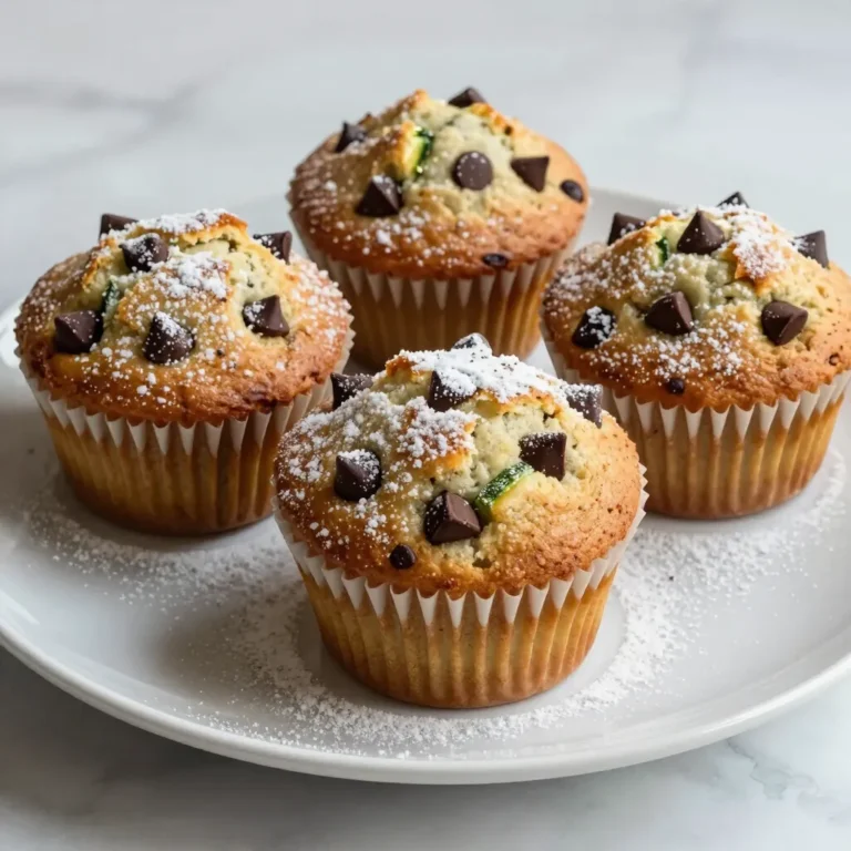 For delicious chocolate chip zucchini muffins, you will need a few simple ingredients. Here’s the list: - 1 cup grated zucchini (about 1 medium zucchini) - 1 cup all-purpose flour - 1/2 cup whole wheat flour - 1/2 cup granulated sugar - 1/4 cup brown sugar, packed - 1/2 cup unsweetened applesauce - 2 large eggs - 1/3 cup vegetable oil - 1 teaspoon vanilla extract - 1 teaspoon baking soda - 1/2 teaspoon baking powder - 1/4 teaspoon salt - 1 teaspoon cinnamon - 1 cup semi-sweet chocolate chips These ingredients blend well to create moist muffins. Zucchini adds a nice texture while keeping the muffins light. The mix of sugars provides sweetness, and the applesauce helps to keep the muffins moist. Enjoy the rich flavors of chocolate chips that melt into each bite. {{ingredient_image_1}} - Preheat oven to 350°F (175°C). - Prepare muffin tin with liners or cooking spray. In a large bowl, combine: - 1 cup grated zucchini - 1/2 cup unsweetened applesauce - 2 large eggs - 1/3 cup vegetable oil - 1 teaspoon vanilla extract Whisk these ingredients together until they blend well. The zucchini adds moisture and flavor. In another bowl, mix together: - 1 cup all-purpose flour - 1/2 cup whole wheat flour - 1/2 cup granulated sugar - 1/4 cup brown sugar, packed - 1 teaspoon baking soda - 1/2 teaspoon baking powder - 1/4 teaspoon salt - 1 teaspoon cinnamon Stir until everything is well combined. This mix gives the muffins their structure and sweetness. Gently fold the dry ingredients into the wet mixture. Do not overmix; a few lumps are okay. This step keeps the muffins light and fluffy. Then, fold in: - 1 cup semi-sweet chocolate chips This adds a rich, chocolatey touch that makes these muffins irresistible. Scoop the batter into the prepared muffin tin. Fill each cup about two-thirds full. Bake in your preheated oven for 18-20 minutes. Check for doneness with a toothpick; it should come out clean. Once baked, remove the muffins from the oven. Let them cool in the pan for about 5 minutes. Then, transfer them to a wire rack. Cooling helps them set and makes them easier to handle. Enjoy these muffins warm, or store them for later! To get the best muffins, avoid overmixing your batter. When you mix too much, the muffins can turn out dense. It’s fine if some lumps remain. Just stir until the flour disappears. Checking for doneness is easy. Stick a toothpick in the center. If it comes out clean, your muffins are ready. To keep your muffins fresh, store them in an airtight container. This keeps moisture in but prevents them from getting soggy. You can also wrap them in plastic wrap for extra protection. If you want a warm muffin later, pop it in the microwave for 10-15 seconds. This brings back the soft texture. Serve your muffins warm with a light dusting of powdered sugar. This adds a lovely touch. You can also pair them with cream cheese spread. This creaminess balances the sweetness of the chocolate. Your guests will love it! Pro Tips Use Fresh Zucchini: For the best flavor and moisture, choose fresh, firm zucchini. Grating it just before using will ensure maximum freshness. Don’t Overmix: Mix the batter until just combined to keep the muffins tender. A few lumps are perfectly fine! Experiment with Add-Ins: Feel free to customize your muffins by adding nuts, dried fruit, or even a sprinkle of sea salt on top before baking for extra flavor. Storing Muffins: Store your muffins in an airtight container at room temperature for up to 3 days or freeze them for longer shelf life. Just reheat before serving! {{image_2}} - Use whole wheat flour instead of all-purpose flour. This swap adds fiber and nutrients. - Substitute oil with applesauce. It cuts fat while keeping muffins moist and sweet. - Add nuts like walnuts or pecans for crunch. Dried fruits like raisins or cranberries work well too. - Experiment with spices. Nutmeg or ginger can elevate the flavor profile. - For gluten-free muffins, use a gluten-free flour blend. This keeps the texture light and fluffy. - Replace eggs with flaxseed meal or chia seeds for vegan muffins. Use non-dairy milk instead of regular milk. Zucchini is a great food choice. It is low in calories and high in fiber. This helps keep you full without extra calories. One medium zucchini has about 33 calories. It also packs a punch with vitamins and minerals. You will find vitamin C, vitamin A, and potassium. These nutrients are important for your body’s health and energy. Using applesauce in recipes is smart. It helps cut back on sugar and fat. By using applesauce, you can reduce sugar by half. This keeps the muffins sweet without being too sugary. Applesauce adds moisture, making muffins soft and flavorful. It also gives a slight fruity taste that pairs well with chocolate. Adding zucchini to your baked goods is a game-changer. Zucchini enhances the texture of muffins. It makes them moist and fluffy. Plus, it boosts the nutritional value without changing the taste. You can enjoy delicious treats while sneaking in extra veggies. This is a great way to get kids to eat more healthy foods! Yes, you can use frozen zucchini. First, thaw it completely. After thawing, drain the excess water. This step is important. Too much moisture can make the muffins soggy. Once drained, you can add the zucchini just like fresh. You can check for doneness with a toothpick. Insert it into the center of a muffin. If it comes out clean, the muffins are done. You might also notice a nice golden color on top. They should bounce back slightly when you touch them. Absolutely! You can try nuts for a crunch. Chopped walnuts or pecans work well. Dried fruits like raisins or cranberries add sweetness. You could also use white chocolate chips for a fun twist. These muffins stay fresh for about four days at room temperature. If you want them to last longer, freeze them. Just wrap each muffin in plastic wrap. They can stay in the freezer for up to three months. When you want one, let it thaw at room temperature. In this post, we explored how to make delicious chocolate chip zucchini muffins. You learned about the ingredients, steps, tips, and variations. Zucchini adds moisture and nutrients while keeping the muffins light and tasty. Try these muffins for a healthy treat that everyone will love. Enjoy baking and sharing these yummy, nutritious goodies!