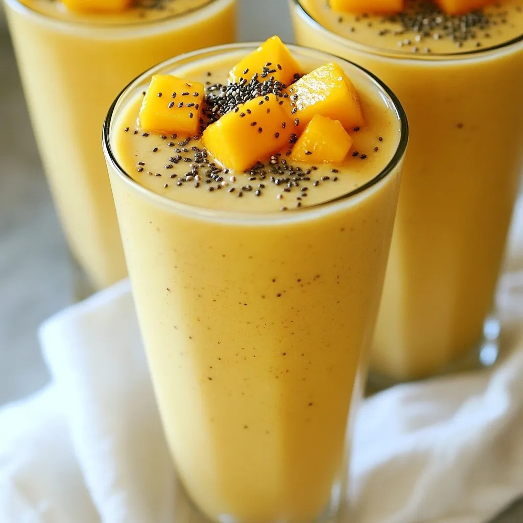To whip up a Creamy Coconut Mango Smoothie, you need the following: - 1 ripe mango, peeled and diced - 1 cup coconut milk (canned or carton) - 1/2 cup Greek yogurt (or dairy-free yogurt) - 1 banana, sliced - 1 tablespoon honey or agave syrup (adjust based on sweetness preference) - 1/2 teaspoon vanilla extract - 1/2 cup ice cubes - Optional: 1 tablespoon chia seeds (for added texture and nutrients) These ingredients blend together to create a creamy, tropical delight. Start with a ripe mango; it adds the perfect sweetness. Coconut milk gives a smooth and rich base. Greek yogurt adds creaminess and protein. The banana adds extra body and natural sweetness. Honey or agave syrup can enhance the flavor, but you can adjust it to your taste. Adding vanilla extract brings warmth to the mix. Ice cubes keep the smoothie chilled and refreshing. If you want a bit of crunch and extra nutrients, toss in chia seeds. They are small but mighty! Gather these ingredients, and you’re ready to create a delicious, healthy drink. Enjoy the process of blending and tasting along the way! {{ingredient_image_1}} First, you need to prepare your mango and banana. Take one ripe mango, peel it, and dice it into small pieces. Next, slice one banana. Make sure your fruit is fresh for the best flavor. Now, measure out the other ingredients. You’ll need one cup of coconut milk, half a cup of Greek yogurt, one tablespoon of honey or agave syrup, and half a teaspoon of vanilla extract. If you like, you can also add one tablespoon of chia seeds for extra texture and nutrients. Add all these ingredients into your blender. This step is simple but key to a tasty smoothie. Now it's time to blend! Start blending on high. This mixes everything smoothly and creates a creamy texture. Occasionally, stop the blender and scrape down the sides. This ensures all the ingredients blend evenly. You want a smooth and creamy mixture. Once blended, taste the smoothie. If you want it sweeter, add more honey or agave syrup. Blend again for a few seconds to mix in the sweetness. Finally, pour the smoothie into tall glasses. It looks great! You can garnish with a slice of fresh mango or a sprinkle of chia seeds. Enjoy this refreshing, healthy treat! To get the smoothest texture, blend on high speed. Start with the softer fruits, like mango and banana. Add in the coconut milk and yogurt next. This order helps everything mix well. If you want it extra creamy, add more yogurt. For the best texture, use ice cubes. They chill the smoothie and give it a nice thickness. If you want to change the sweetness, try using ripe fruits. The riper the mango and banana, the sweeter your smoothie will be. You can also adjust the honey or agave syrup. If you prefer a different sweetener, maple syrup works well too. Just add a little at a time and taste as you go. When serving, use tall glasses to showcase the vibrant colors. You can garnish with a slice of fresh mango on the rim. A sprinkle of chia seeds on top adds a nice touch. A mint leaf can also give a pop of green and freshness. Pro Tips Use Frozen Fruits: For a colder and creamier smoothie, consider using frozen mango or banana. This will eliminate the need for ice and enhance the texture. Adjust Sweetness: The sweetness of the mango and banana can vary, so taste your smoothie before adding more honey or agave syrup to avoid it becoming overly sweet. Add Spinach or Kale: For a nutrient boost, blend in a handful of fresh spinach or kale. The flavors of the smoothie will mask the greens, making it a healthy choice. Experiment with Toppings: Try adding granola, shredded coconut, or sliced almonds on top for added crunch and flavor contrast when serving. {{image_2}} You can mix in other fruits for fun flavors. Pineapple adds a tropical twist. It pairs well with mango and coconut. Peaches bring a sweet, juicy touch. You might also try berries or papaya. Each fruit adds a unique taste and color. If you want a dairy-free smoothie, swap Greek yogurt for coconut yogurt. This keeps the creamy texture but makes it plant-based. For milk, use almond, soy, or oat milk. Each option brings its own flavor, so pick what you like best. Want to make your smoothie even healthier? Add protein powder for an extra boost. This works great if you're post-workout. You can also mix in greens like spinach or kale. They blend in easily and give you more vitamins without changing the flavor much. Store any leftover smoothie in an airtight container. This keeps it fresh longer. Place it in the fridge right away. It’s best to consume it within two days. If you notice it separating, just shake or stir it before drinking. You can freeze the smoothie if you want to save it for later. Pour the smoothie into ice cube trays or freezer bags. This way, you can enjoy it later as a cool treat. Thaw it in the fridge overnight before enjoying. Blending it again can help restore the texture. The creamy coconut mango smoothie lasts about 1-2 days in the fridge. After that, it may lose taste and texture. If it smells sour or changes color, it's time to toss it. Always trust your senses when it comes to food safety. A creamy coconut mango smoothie is packed with nutrients. It has vitamins, minerals, and good fats. One serving contains: - Calories: About 250 - Protein: 6 grams - Fat: 10 grams - Carbohydrates: 38 grams - Fiber: 4 grams - Sugar: 18 grams The mango gives you vitamin C and A. Coconut milk adds healthy fats. Greek yogurt boosts protein, and bananas provide potassium. This smoothie is great for a quick breakfast or snack. Yes, you can use frozen mango! Frozen mango is often picked at peak ripeness. It keeps the sweet flavor and nutrients. Just replace fresh mango with an equal amount of frozen. This also makes your smoothie extra cold and thick, which is nice on hot days. To make this smoothie vegan-friendly, swap the Greek yogurt for dairy-free yogurt. Coconut yogurt works well and keeps the creamy texture. Use agave syrup instead of honey for sweetness. Check that your coconut milk is also dairy-free. This way, you still enjoy all the flavor while keeping it plant-based. In this article, you learned how to make a creamy coconut mango smoothie. We covered the essential ingredients, step-by-step instructions, and tips to achieve the perfect creaminess. Plus, I shared fun variations and storage tips to keep your smoothies fresh. Remember, you can customize this recipe to suit your taste. Enjoy blending all the flavors and share your creations! Smoothies are a great way to stay healthy and satisfied.