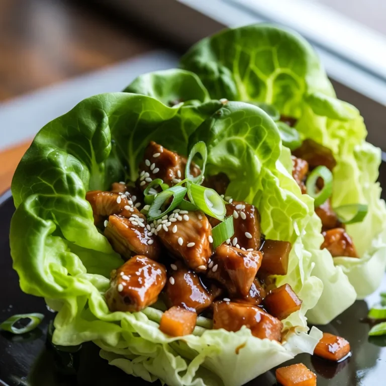 - 1 lb boneless, skinless chicken thighs - 1/4 cup low-sodium teriyaki sauce - 1 tablespoon sesame oil - 1 tablespoon fresh ginger, minced - 2 garlic cloves, minced - 1 cup diced water chestnuts - 1/2 cup sliced green onions - 1 head of butter or iceberg lettuce - Optional garnish: sesame seeds, Sriracha, salt, and pepper The main ingredients make this dish shine. Using chicken thighs keeps it juicy. Teriyaki sauce gives a sweet and salty taste. I love to use low-sodium sauce to control salt levels. The sesame oil adds a nutty flavor that enhances the dish. Fresh ginger and minced garlic create a fragrant base. These ingredients work well together to build layers of flavor. For the additional components, diced water chestnuts add a nice crunch. Sliced green onions give a fresh pop. And, the lettuce serves as cups for the filling. Butter lettuce is soft and easy to fold. Iceberg lettuce is crisp and holds its shape well. The optional garnishes like sesame seeds and Sriracha let you customize the heat and texture. Overall, these ingredients create a flavorful and fresh meal that is fun to eat! {{ingredient_image_1}} To start, take 1 pound of boneless, skinless chicken thighs and chop them into small pieces. Place the chicken in a medium bowl. Pour in 1/4 cup of low-sodium teriyaki sauce. Mix well to coat the chicken evenly. For best flavor, let it marinate for at least 15 minutes. This helps your chicken absorb the tasty teriyaki flavors. Next, heat 1 tablespoon of sesame oil in a large skillet over medium heat. Once the oil is hot, add 1 tablespoon of minced ginger and 2 minced garlic cloves. Sauté for about 1 minute until you smell the delightful aroma. Then, add the marinated chicken to the skillet. Cook it for 6 to 7 minutes, stirring occasionally. Make sure the chicken is cooked through and no longer pink. After that, fold in 1 cup of diced water chestnuts and 1/2 cup of sliced green onions. Cook for another 2 to 3 minutes until everything is heated through. Taste your mixture and add salt and pepper if needed. Finally, sprinkle 1 tablespoon of sesame seeds over the top for that extra crunch. Now it's time to assemble your lettuce cups. Carefully separate the leaves from a head of butter or iceberg lettuce. Choose the biggest leaves for good holding. Spoon the chicken mixture into the center of each leaf. If you like a bit of heat, drizzle with Sriracha or your favorite hot sauce. These cups make a fun and fresh meal! Marinating the chicken is key. I suggest letting it sit for at least 15 minutes. This time allows the teriyaki sauce to soak in, making the chicken tender and tasty. If you want more flavor, taste the mix before serving. You can always add a bit more salt or pepper. For a beautiful presentation, arrange the filled lettuce cups on a large platter. Sprinkle extra sesame seeds and green onions on top. This adds color and makes it look fancy. You can pair these cups with rice or a light salad. For drinks, iced tea or a crisp white wine works well. A large non-stick skillet is best for this recipe. It helps prevent sticking and makes cooking easier. Use a wooden spoon or spatula for stirring. These tools help you mix without damaging the skillet. Additionally, have a sharp knife handy for chopping the chicken and veggies. Pro Tips Marinate for Maximum Flavor: Allow the chicken to marinate for at least 30 minutes, or even overnight, to enhance the flavor infusion from the teriyaki sauce. Choose the Right Lettuce: Butter lettuce is ideal for its soft texture and ability to hold fillings without tearing. Iceberg lettuce can also work but may be crunchier. Add Crunch with Water Chestnuts: Diced water chestnuts add a delightful crunch to the filling. You can also substitute with diced bell peppers for added color and flavor. Customize Your Heat Level: Adjust the amount of Sriracha or hot sauce based on your spice preference. You can also serve it on the side for guests to customize their own cups. {{image_2}} You can switch the chicken for turkey or tofu. Turkey gives a leaner protein option. Tofu adds a great plant-based choice. Both options work well with teriyaki sauce. For low-carb meals, try using shrimp or beef instead. These proteins offer unique flavors and textures. Add more vegetables to boost taste and crunch. Bell peppers and carrots add color and nutrition. You can also try different sauces. Use hoisin, sweet chili, or peanut sauce for a fun twist. Mixing flavors can make your dish stand out. For gluten-free options, use coconut aminos instead of teriyaki sauce. This keeps the taste while avoiding gluten. Vegan eaters can replace chicken with mushrooms or chickpeas. These swaps keep your meal flavorful and plant-based. Enjoy experimenting with these variations! Store your filled lettuce cups in an airtight container. This keeps them fresh. Try to eat them within two days. The lettuce may wilt after that, but the filling stays good longer. If you have leftover filling, store it separately. It can last for up to four days in the fridge. You can freeze the chicken filling for later use. Place it in a freezer-safe bag or container. Make sure to remove excess air to prevent freezer burn. It’s best to use the filling within three months. When you’re ready to eat, thaw it in the fridge overnight. Reheat in a skillet over medium heat. Add a splash of water for moisture and stir until hot. You can prep the chicken filling ahead of time. Marinate the chicken and cook it, then cool it down. Store it in the fridge until you need it. Chop the water chestnuts and green onions in advance, too. Just before serving, assemble the cups. This keeps the lettuce crisp and fresh. Enjoy the bright flavors in every bite! If you lack teriyaki sauce, don't worry! You can use soy sauce as a base. Add honey or brown sugar for sweetness. Mix in minced ginger and garlic for added flavor. Another option is to create a simple homemade teriyaki. Combine equal parts soy sauce and water with a bit of sugar. Heat it gently until the sugar dissolves. This will give you a nice substitute. Yes, you can prepare parts of this recipe ahead. Cook the chicken and let it cool. Store it in the fridge for up to three days. When ready to serve, reheat the chicken mixture on low heat. Prepare the lettuce just before serving for the best crunch. This way, you keep the freshness and flavor intact. Teriyaki Chicken Lettuce Cups are quite healthy! They include lean chicken, which is high in protein. The lettuce adds fiber and low calories. Water chestnuts provide a nice crunch and extra nutrients. Using low-sodium teriyaki sauce helps cut down on salt. Plus, you can skip or limit the hot sauce for less spice. Overall, this dish supports a balanced diet with fresh ingredients. This blog post showed how to make tasty Teriyaki Chicken Lettuce Cups. I explained the key ingredients, cooking steps, tips for flavor, and possible variations. You can adapt this dish to fit different diets and tastes. Whether you choose chicken, turkey, or tofu, these cups are fresh and fun. Remember, marinating is key to flavor. Enjoy experimenting and serving these delightful cups. You’ll impress your friends and family with this simple yet delicious recipe. Happy cooking!