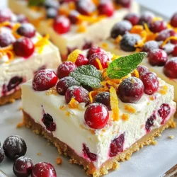 - 1 cup graham cracker crumbs - 1/4 cup granulated sugar - 1/2 cup unsalted butter, melted - 16 oz cream cheese, softened - 1 cup powdered sugar - 2 large eggs - 1 teaspoon vanilla extract - 1 cup fresh or frozen cranberries, chopped - 1 tablespoon orange zest - 1 tablespoon cornstarch - 1/4 teaspoon salt - Optional toppings: whipped cream, fresh cranberries, mint leaves To make these cranberry cheesecake bars, you need simple ingredients. The graham cracker crumbs form a tasty crust. The unsalted butter adds richness. Cream cheese gives the bars their creamy texture. Granulated sugar and powdered sugar sweeten the mix perfectly. The eggs help set the cheesecake, while vanilla extract adds flavor. Chopped cranberries bring a tart taste. Orange zest brightens the dish, making it fresh and vibrant. Cornstarch helps thicken the filling, ensuring a smooth texture. Optional toppings like whipped cream and mint leaves add a lovely touch. Fresh cranberries are great for decoration. These ingredients work together to create a delicious treat for everyone to enjoy! {{ingredient_image_1}} 1. Preheat the oven and prepare the baking dish Start by setting your oven to 325°F (160°C). Line a 9x9 inch baking dish with parchment paper. Leave some paper hanging over the edges. This helps you lift the bars out later. 2. Make the graham cracker crust In a bowl, mix 1 cup of graham cracker crumbs with 1/4 cup of granulated sugar. Pour in 1/2 cup of melted unsalted butter. Stir until it looks like wet sand. Press this mixture into the bottom of your lined baking dish. Use the back of a measuring cup to pack it down firmly. 3. Prepare the cheesecake filling In a new bowl, beat 16 oz of softened cream cheese with an electric mixer. Mix until it’s smooth. Gradually add 1 cup of powdered sugar and blend until combined. Add 2 large eggs one at a time, mixing well after each. Then, mix in 1 teaspoon of vanilla extract, 1 tablespoon of orange zest, 1 tablespoon of cornstarch, and 1/4 teaspoon of salt. Make sure everything is smooth. Finally, fold in 1 cup of chopped cranberries gently. 1. Pour batter over the crust and bake Spread the cheesecake filling over the crust you made. Make sure it’s even. Place it in the oven and bake for 40-45 minutes. The center should be set but may jiggle a little when you shake it gently. 2. Cooling and chilling instructions After baking, take the dish out of the oven. Let it cool at room temperature for about 1 hour. After that, refrigerate it for at least 3 hours or overnight. This helps it set up properly. 3. Cutting and serving the cheesecake bars Once chilled, lift the cheesecake out of the dish using the parchment paper. Cut it into squares. Serve these chilled. You can add a dollop of whipped cream on top and garnish with fresh cranberries and mint leaves if you like. To keep your cheesecake smooth, avoid cracks. Here are some easy ways to do this: - Room Temperature Ingredients: Use cream cheese, eggs, and other ingredients at room temperature. This helps the batter mix evenly. - Avoid Overmixing: Mix just until smooth. Overmixing adds air, which can cause cracks as it bakes. - Water Bath Method: For extra care, bake your cheesecake in a water bath. Place the pan in a larger dish filled with water. This keeps the heat gentle and even. Cooling is just as important. Follow these tips: - Cool Gradually: After baking, turn off the oven and leave the cheesecake inside for 30 minutes. This helps it cool slowly and reduces cracks. - Chill Properly: Once cooled, chill in the refrigerator for at least 3 hours. Overnight is best for a firm texture. Cranberry cheesecake bars are delightful on their own, but pair them with other treats for a special touch: - Whipped Cream: A dollop on top adds creaminess and contrasts well with the tart cranberries. - Fresh Fruit: Serve with fresh berries or orange slices for color and zest. - Mint Leaves: A sprig of mint on top adds a pop of color and a fresh taste. For presentation, keep it simple yet elegant: - Cut Neatly: Use a sharp knife to cut even squares. Wipe the knife between cuts for clean edges. - Plate Artfully: Arrange the bars on a nice plate. Add a few fresh cranberries and mint leaves around them for a stunning look. These tips will help make your cranberry cheesecake bars not only taste great but also look beautiful! Pro Tips Chill for Best Texture: Allowing the cheesecake bars to chill overnight in the refrigerator will enhance their flavor and texture, making them creamier and easier to cut. Use Fresh Cranberries: If possible, use fresh cranberries for a brighter flavor and better texture. If using frozen, make sure to thaw and chop them before adding to the batter. Don’t Overmix: When adding the eggs, mix just until incorporated. Overmixing can lead to a denser texture in your cheesecake. Garnish Creatively: For a festive touch, use whipped cream, fresh cranberries, and mint leaves to garnish. This not only adds flavor but also makes your dessert visually appealing. {{image_2}} You can mix up the flavors of your cranberry cheesecake bars easily. Here are some fun ideas: - Alternative fruits: Try berries like blueberries or raspberries. You can also use chopped apples or peaches for a fresh twist. Each fruit gives a unique taste and color. - Sweetness adjustment: Use brown sugar instead of granulated sugar for a deeper flavor. Maple syrup can also work well. Just adjust the amount based on how sweet you want it. The crust can change the whole vibe of your cheesecake bars. Here are some tasty options: - Different cookies: Instead of graham crackers, use chocolate cookies or vanilla wafers. Each cookie adds a new layer of flavor. You could even mix two kinds for an exciting taste. - Gluten-free crust: For a gluten-free option, try almond flour mixed with melted butter. You can also use gluten-free cookies to make a delicious crust. This way, everyone can enjoy the treat. These variations let you customize your cranberry cheesecake bars to your liking. Have fun exploring new flavors and textures! To keep your cranberry cheesecake bars fresh, follow these steps: - Cool Completely: Let the bars cool at room temperature before storing. - Use Airtight Containers: Place the bars in an airtight container. This keeps them moist and prevents them from absorbing odors. - Layer with Parchment: If you stack the bars, use parchment paper between layers to avoid sticking. These bars stay fresh for about 4-5 days in the fridge. Want to save some for later? Here’s how to freeze them: - Wrap Well: Cut the cheesecake bars into squares. Wrap each piece tightly in plastic wrap. Then, place them in a freezer bag or container. - Label and Date: Always label your containers with the date. This helps you keep track of how long they’ve been in the freezer. To thaw and serve: - Thaw in the Fridge: Move the bars from the freezer to the fridge. Let them thaw for about 4-6 hours or overnight. - Serve Chilled: Once thawed, serve the bars cold. Top with whipped cream and garnish for extra flair. Enjoy your delicious cranberry cheesecake bars anytime! Can I use frozen cranberries instead of fresh? Yes, you can use frozen cranberries. Just chop them before adding to the batter. They may release more juice, so adjust the sugar to taste. What if I don’t have cornstarch? If you lack cornstarch, you can use flour instead. Use the same amount. This helps the cheesecake set well. How long do cranberry cheesecake bars last in the fridge? These bars last about five days in the fridge. Store them in an airtight container for freshness. What to do if the cheesecake doesn’t set properly? If your cheesecake is too soft, it may need more time in the oven. Bake it a bit longer, checking every five minutes after the initial baking time. Best ways to reheat after refrigeration? To reheat, place the bars in a warm oven at 300°F. Heat for about 10 minutes. This keeps the texture nice without cooking it further. This blog post covered all you need for delicious cranberry cheesecake bars. We discussed ingredients, step-by-step instructions, and helpful tips like avoiding cracks. You learned about variations and the best ways to store and serve your dessert. Always remember, baking is an art you can enjoy and share. With the right approach, your cheesecake will impress. Now, get baking and enjoy this sweet treat with family and friends!