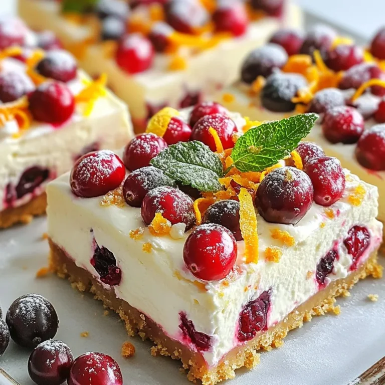 - 1 cup graham cracker crumbs - 1/4 cup granulated sugar - 1/2 cup unsalted butter, melted - 16 oz cream cheese, softened - 1 cup powdered sugar - 2 large eggs - 1 teaspoon vanilla extract - 1 cup fresh or frozen cranberries, chopped - 1 tablespoon orange zest - 1 tablespoon cornstarch - 1/4 teaspoon salt - Optional toppings: whipped cream, fresh cranberries, mint leaves To make these cranberry cheesecake bars, you need simple ingredients. The graham cracker crumbs form a tasty crust. The unsalted butter adds richness. Cream cheese gives the bars their creamy texture. Granulated sugar and powdered sugar sweeten the mix perfectly. The eggs help set the cheesecake, while vanilla extract adds flavor. Chopped cranberries bring a tart taste. Orange zest brightens the dish, making it fresh and vibrant. Cornstarch helps thicken the filling, ensuring a smooth texture. Optional toppings like whipped cream and mint leaves add a lovely touch. Fresh cranberries are great for decoration. These ingredients work together to create a delicious treat for everyone to enjoy! {{ingredient_image_1}} 1. Preheat the oven and prepare the baking dish Start by setting your oven to 325°F (160°C). Line a 9x9 inch baking dish with parchment paper. Leave some paper hanging over the edges. This helps you lift the bars out later. 2. Make the graham cracker crust In a bowl, mix 1 cup of graham cracker crumbs with 1/4 cup of granulated sugar. Pour in 1/2 cup of melted unsalted butter. Stir until it looks like wet sand. Press this mixture into the bottom of your lined baking dish. Use the back of a measuring cup to pack it down firmly. 3. Prepare the cheesecake filling In a new bowl, beat 16 oz of softened cream cheese with an electric mixer. Mix until it’s smooth. Gradually add 1 cup of powdered sugar and blend until combined. Add 2 large eggs one at a time, mixing well after each. Then, mix in 1 teaspoon of vanilla extract, 1 tablespoon of orange zest, 1 tablespoon of cornstarch, and 1/4 teaspoon of salt. Make sure everything is smooth. Finally, fold in 1 cup of chopped cranberries gently. 1. Pour batter over the crust and bake Spread the cheesecake filling over the crust you made. Make sure it’s even. Place it in the oven and bake for 40-45 minutes. The center should be set but may jiggle a little when you shake it gently. 2. Cooling and chilling instructions After baking, take the dish out of the oven. Let it cool at room temperature for about 1 hour. After that, refrigerate it for at least 3 hours or overnight. This helps it set up properly. 3. Cutting and serving the cheesecake bars Once chilled, lift the cheesecake out of the dish using the parchment paper. Cut it into squares. Serve these chilled. You can add a dollop of whipped cream on top and garnish with fresh cranberries and mint leaves if you like. To keep your cheesecake smooth, avoid cracks. Here are some easy ways to do this: - Room Temperature Ingredients: Use cream cheese, eggs, and other ingredients at room temperature. This helps the batter mix evenly. - Avoid Overmixing: Mix just until smooth. Overmixing adds air, which can cause cracks as it bakes. - Water Bath Method: For extra care, bake your cheesecake in a water bath. Place the pan in a larger dish filled with water. This keeps the heat gentle and even. Cooling is just as important. Follow these tips: - Cool Gradually: After baking, turn off the oven and leave the cheesecake inside for 30 minutes. This helps it cool slowly and reduces cracks. - Chill Properly: Once cooled, chill in the refrigerator for at least 3 hours. Overnight is best for a firm texture. Cranberry cheesecake bars are delightful on their own, but pair them with other treats for a special touch: - Whipped Cream: A dollop on top adds creaminess and contrasts well with the tart cranberries. - Fresh Fruit: Serve with fresh berries or orange slices for color and zest. - Mint Leaves: A sprig of mint on top adds a pop of color and a fresh taste. For presentation, keep it simple yet elegant: - Cut Neatly: Use a sharp knife to cut even squares. Wipe the knife between cuts for clean edges. - Plate Artfully: Arrange the bars on a nice plate. Add a few fresh cranberries and mint leaves around them for a stunning look. These tips will help make your cranberry cheesecake bars not only taste great but also look beautiful! Pro Tips Chill for Best Texture: Allowing the cheesecake bars to chill overnight in the refrigerator will enhance their flavor and texture, making them creamier and easier to cut. Use Fresh Cranberries: If possible, use fresh cranberries for a brighter flavor and better texture. If using frozen, make sure to thaw and chop them before adding to the batter. Don’t Overmix: When adding the eggs, mix just until incorporated. Overmixing can lead to a denser texture in your cheesecake. Garnish Creatively: For a festive touch, use whipped cream, fresh cranberries, and mint leaves to garnish. This not only adds flavor but also makes your dessert visually appealing. {{image_2}} You can mix up the flavors of your cranberry cheesecake bars easily. Here are some fun ideas: - Alternative fruits: Try berries like blueberries or raspberries. You can also use chopped apples or peaches for a fresh twist. Each fruit gives a unique taste and color. - Sweetness adjustment: Use brown sugar instead of granulated sugar for a deeper flavor. Maple syrup can also work well. Just adjust the amount based on how sweet you want it. The crust can change the whole vibe of your cheesecake bars. Here are some tasty options: - Different cookies: Instead of graham crackers, use chocolate cookies or vanilla wafers. Each cookie adds a new layer of flavor. You could even mix two kinds for an exciting taste. - Gluten-free crust: For a gluten-free option, try almond flour mixed with melted butter. You can also use gluten-free cookies to make a delicious crust. This way, everyone can enjoy the treat. These variations let you customize your cranberry cheesecake bars to your liking. Have fun exploring new flavors and textures! To keep your cranberry cheesecake bars fresh, follow these steps: - Cool Completely: Let the bars cool at room temperature before storing. - Use Airtight Containers: Place the bars in an airtight container. This keeps them moist and prevents them from absorbing odors. - Layer with Parchment: If you stack the bars, use parchment paper between layers to avoid sticking. These bars stay fresh for about 4-5 days in the fridge. Want to save some for later? Here’s how to freeze them: - Wrap Well: Cut the cheesecake bars into squares. Wrap each piece tightly in plastic wrap. Then, place them in a freezer bag or container. - Label and Date: Always label your containers with the date. This helps you keep track of how long they’ve been in the freezer. To thaw and serve: - Thaw in the Fridge: Move the bars from the freezer to the fridge. Let them thaw for about 4-6 hours or overnight. - Serve Chilled: Once thawed, serve the bars cold. Top with whipped cream and garnish for extra flair. Enjoy your delicious cranberry cheesecake bars anytime! Can I use frozen cranberries instead of fresh? Yes, you can use frozen cranberries. Just chop them before adding to the batter. They may release more juice, so adjust the sugar to taste. What if I don’t have cornstarch? If you lack cornstarch, you can use flour instead. Use the same amount. This helps the cheesecake set well. How long do cranberry cheesecake bars last in the fridge? These bars last about five days in the fridge. Store them in an airtight container for freshness. What to do if the cheesecake doesn’t set properly? If your cheesecake is too soft, it may need more time in the oven. Bake it a bit longer, checking every five minutes after the initial baking time. Best ways to reheat after refrigeration? To reheat, place the bars in a warm oven at 300°F. Heat for about 10 minutes. This keeps the texture nice without cooking it further. This blog post covered all you need for delicious cranberry cheesecake bars. We discussed ingredients, step-by-step instructions, and helpful tips like avoiding cracks. You learned about variations and the best ways to store and serve your dessert. Always remember, baking is an art you can enjoy and share. With the right approach, your cheesecake will impress. Now, get baking and enjoy this sweet treat with family and friends!