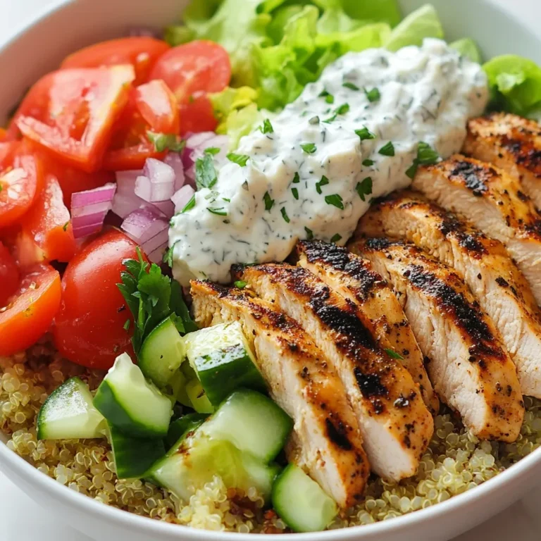 - 2 boneless, skinless chicken breasts - 2 tablespoons olive oil - 2 teaspoons dried oregano - 1 teaspoon garlic powder - 1 teaspoon onion powder - 1 teaspoon smoked paprika - Salt and pepper to taste - 1 cup cooked quinoa or rice - 1 cup chopped romaine lettuce - 1 cup diced tomatoes - 1 small cucumber, diced - ½ red onion, thinly sliced - ½ cup feta cheese, crumbled - ½ cup tzatziki sauce - Fresh parsley, chopped (for garnish) When I select chicken, I look for fresh, high-quality breasts. They should feel firm and not slimy. For vegetables, bright colors often mean better flavor. Try to use ripe tomatoes and crisp lettuce for the best taste. Measure your ingredients carefully. Too much salt can ruin a dish, while too little can make it bland. Use measuring spoons and cups to get it right. Proper amounts help your dish shine. Cooking is all about balance! {{ingredient_image_1}} To start, prepare the marinade. In a bowl, combine olive oil, oregano, garlic powder, onion powder, smoked paprika, salt, and pepper. This mix packs a flavorful punch. Next, add the chicken breasts to the bowl. Make sure they are well-coated in the marinade. Cover the bowl and let it sit in the fridge for at least 30 minutes. The ideal time is 1-2 hours. Marination helps the chicken absorb all those tasty flavors. Now it's time to cook the chicken. Preheat your grill pan or skillet over medium-high heat. You want it hot for the best sear. Once hot, place the marinated chicken breasts in the pan. Cook for about 6-7 minutes on each side. Check for doneness; the chicken should no longer be pink in the center. When done, remove the chicken from heat. Let it rest for a few minutes before slicing. Resting keeps it juicy. While the chicken rests, you can assemble the bowls. Start with a base of cooked quinoa or rice in each bowl. This gives you a hearty foundation. Next, layer chopped romaine lettuce, diced tomatoes, diced cucumber, and sliced red onion on top. Make it colorful and fresh! Finally, slice the rested chicken breasts into strips and arrange them over the veggies. This adds height to your dish. Top it off with crumbled feta cheese and a dollop of tzatziki sauce. Garnish with fresh parsley for a beautiful finish. To boost flavor, try adding lemon juice or zest. This adds brightness to the dish. You may also mix in fresh herbs like dill or mint for a fresh twist. If you're out of olive oil, you can use avocado oil or coconut oil. These oils work well and have great flavor. When grilling chicken, make sure your grill is hot. This helps to sear the chicken and keep juices inside. Cook for about 6-7 minutes on each side. To keep chicken moist, let it rest after cooking. This allows juices to redistribute. Pair Greek Chicken Gyro Bowls with a light salad or some pita bread. A refreshing drink like iced tea or lemonade goes well too. For a fun serving style, try using large lettuce leaves as wraps. This adds a nice crunch and makes it easy to eat! Pro Tips Marinate Longer: For maximum flavor, marinate the chicken for at least 2 hours or overnight if possible. This allows the spices to penetrate the meat more deeply. Use a Meat Thermometer: To ensure your chicken is perfectly cooked, use a meat thermometer. The internal temperature should reach 165°F (75°C). Customize Your Toppings: Feel free to add or substitute toppings based on your preferences. Olives, bell peppers, or even hummus can add a unique twist to your gyro bowl. Serve with Warm Pita: For an authentic touch, serve your gyro bowls with warm pita bread on the side for scooping up the delicious ingredients. {{image_2}} You can switch up the protein in your Greek Chicken Gyro Bowls. Try using shrimp or tofu instead of chicken. Shrimp cooks fast and adds a sweet flavor. Tofu gives a nice, chewy texture and absorbs marinades well. If you want to use other meats, consider beef or lamb. These meats bring rich flavors that pair nicely with the bowl's toppings. You have options for the grain base. Instead of quinoa or rice, use couscous or bulgur wheat. Both grains are quick to cook and add different textures. If you need gluten-free choices, opt for brown rice or even cauliflower rice. These options keep your bowl light and tasty. Add seasonal vegetables to your bowl for freshness. Think about using bell peppers, zucchini, or even asparagus. These veggies add color and crunch. For a tangy kick, consider pickled toppings like red onions or cucumbers. They brighten the dish and enhance the flavors of the other ingredients. To keep your Greek chicken gyro bowls fresh, store them in airtight containers. Divide the chicken, grains, and veggies into separate containers. This helps maintain their texture and flavor. Place the containers in the fridge. They stay good for up to three days. If you have leftover tzatziki sauce, keep it in a small container. When reheating, use a microwave or oven to warm the chicken gently. Avoid high heat to keep it moist. For the grains, add a splash of water before microwaving. This prevents them from drying out. Heat veggies separately to keep their crunch. Always check that everything is hot before eating. To freeze portions, place the chicken and grains in freezer-safe bags or containers. Label them with the date. They can last up to three months in the freezer. To thaw, move them to the fridge overnight. For quick thawing, use the microwave. Just make sure to eat them soon after thawing for the best taste and quality. To make tzatziki, you need a few simple ingredients. You will need: - 1 cup plain Greek yogurt - 1 small cucumber, grated and drained - 1 clove garlic, minced - 1 tablespoon olive oil - 1 tablespoon fresh lemon juice - Salt and pepper to taste Start by mixing the yogurt, cucumber, and garlic in a bowl. Then, stir in the olive oil and lemon juice. Season with salt and pepper. Chill in the fridge for at least 30 minutes to let the flavors blend. Yes, you can prepare Greek Chicken Gyro Bowls in advance! Here are some tips: - Cook the chicken ahead of time. Store it in the fridge. - Prep the veggies and grains. Keep them in separate containers for freshness. - Assemble the bowls right before serving. This keeps everything crisp and tasty. You can also make the tzatziki sauce ahead. Just store it in an airtight container. Yes, this recipe can be gluten-free! Use quinoa or rice as your base. Both are gluten-free grains. Make sure to check all labels for any hidden gluten. If you want to add pita, look for gluten-free options to keep your meal safe and delicious. This blog post covered how to make amazing Greek Chicken Gyro Bowls. We detailed the key ingredients, like juicy chicken and fresh veggies, and provided step-by-step instructions. I shared important tips to enhance flavor and ensure success. You can explore fun variations and learn how to store leftovers effectively. These bowls are tasty, healthy, and easy to customize. Enjoy crafting your recipes, and don’t shy away from trying new things!