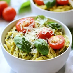 To make the creamy pesto orzo, gather these fresh and simple ingredients: - 1 cup orzo pasta - 2 cups vegetable broth - 1 cup heavy cream - 1/2 cup basil pesto (homemade or store-bought) - 1/2 cup grated Parmesan cheese - 1 cup cherry tomatoes, halved - 1 cup baby spinach - 2 cloves garlic, minced - 2 tablespoons olive oil - Salt and pepper to taste - Fresh basil leaves for garnish Each ingredient plays a key role in making this dish rich and vibrant. The orzo pasta adds a nice bite, while the vegetable broth brings depth. Heavy cream gives it a silky texture, and basil pesto packs in fresh flavor. Cherry tomatoes add sweetness, and baby spinach boosts nutrition. Garlic enhances aroma, and good olive oil ties it all together. Don't forget to season with salt and pepper for balance, and fresh basil leaves make a lovely garnish. {{ingredient_image_1}} 1. Start by boiling the vegetable broth in a medium pot. Bring it to a rolling boil. 2. Add 1 cup of orzo pasta to the boiling broth. 3. Cook the orzo for about 8-10 minutes. This gives you the perfect al dente texture. 4. Drain any extra broth once the orzo is cooked. 1. While the orzo cooks, heat 2 tablespoons of olive oil in a large skillet over medium heat. 2. Add 2 cloves of minced garlic to the skillet. Sauté it for about 1 minute until it smells good. 3. Next, toss in 1 cup of halved cherry tomatoes. Cook them for 3-4 minutes until they soften. 1. Add the cooked orzo to the skillet with the tomatoes and garlic. 2. Pour in 1 cup of heavy cream and mix it well. Let it simmer gently. 3. Stir in 1/2 cup of basil pesto and 1/2 cup of grated Parmesan cheese. Keep mixing until creamy. 4. Finally, fold in 1 cup of baby spinach. Cook for about 2 minutes until it wilts. 5. Season with salt and pepper to taste before serving. For a great creamy pesto orzo, I have some simple swaps for you. If you want less fat, use half-and-half instead of heavy cream. You can also try Greek yogurt for a tangy twist. If you can't find orzo, use small pasta like ditalini or macaroni. To get a creamy texture, stir the sauce gently. This keeps it smooth. Let it simmer for a few minutes after adding the cream and pesto. This helps all the flavors blend together nicely. When serving, use nice bowls to show off your dish. A deep bowl keeps the sauce from spilling. Add extra grated Parmesan on top for a pop of flavor. Fresh basil leaves make it look pretty and fresh. You can even drizzle with olive oil for a shiny finish. For sides, a light salad works well. A simple arugula salad with lemon dressing pairs nicely. You can also serve garlic bread for a comforting touch. Roasted veggies like zucchini or bell peppers add color and flavor to your meal. Pro Tips Use High-Quality Pesto: The flavor of your pesto will significantly impact the overall taste of the dish, so choose a high-quality store-bought option or make your own for the best results. Don't Overcook the Orzo: Keep an eye on the orzo as it cooks; al dente pasta will hold its shape better and provide a lovely texture in your creamy dish. Customize Your Veggies: Feel free to add other vegetables like zucchini, bell peppers, or asparagus for added color and nutrition to your orzo. Garnish for Presentation: A sprinkle of extra Parmesan and fresh basil not only enhances the flavor but also makes your dish visually appealing. {{image_2}} You can easily make this dish your own. Adding protein can change the meal. Try chicken, shrimp, or tofu. Each option gives a new taste and texture. Grilled chicken adds a nice smoky flavor. Shrimp brings a sweet touch. Tofu soaks up the sauce well. Switching up vegetables is another way to customize. Zucchini and bell peppers work great. Zucchini adds a mild crunch. Bell peppers bring a sweet, juicy bite. Feel free to mix and match your favorites. If you need gluten-free options, look for gluten-free orzo. Many brands offer this choice. It cooks just like regular orzo. You won’t lose any of the creamy goodness. For vegetarian or vegan diets, swap out the heavy cream. Use coconut milk or cashew cream instead. This keeps it rich and tasty without dairy. Also, make sure your pesto is vegan by avoiding cheese. Don’t feel stuck with just basil pesto. You can try different pesto flavors. Sun-dried tomato pesto offers a tangy twist. Spinach or arugula pesto adds freshness. If you want a change, try a creamy Alfredo sauce. Each sauce gives the dish a unique taste. To keep your creamy pesto orzo fresh, store it in an airtight container. This helps prevent it from drying out. Make sure to let it cool to room temperature before sealing. In the fridge, it lasts for about three to four days. If you want it to last even longer, consider freezing it. When you’re ready to enjoy your leftovers, reheat them gently. The best way is to use a skillet over low heat. Add a splash of vegetable broth or cream to keep it creamy. Stir often to avoid burning. You can also microwave it, but be sure to cover it. This keeps moisture in and helps it warm evenly. Yes, you can freeze creamy pesto orzo! Just make sure it’s in a freezer-safe container. It can last up to three months in the freezer. When you’re ready to eat, take it out and let it thaw overnight in the fridge. For reheating, use the same skillet method or microwave until hot. Add a little cream or broth to bring back the creamy texture. Orzo is a type of pasta that looks like rice. It is small and oval-shaped. Orzo cooks quickly and has a soft texture. You can use it in soups, salads, or main dishes. It absorbs flavors well, making it a great base for creamy sauces like pesto. Yes, you can prepare creamy pesto orzo in advance. Cook the orzo and mix in the sauce, but don't add the spinach right away. Store it in an airtight container in the fridge. When you're ready to serve, just heat it in a pan. Add the spinach at the end so it stays fresh and bright. Creamy pesto orzo pairs well with many sides. Here are some great options: - Grilled chicken or shrimp for protein - A fresh green salad with lemon vinaigrette - Roasted vegetables like zucchini or bell peppers - Garlic bread to soak up the sauce You can use store-bought pesto for this recipe. It's a time-saver and still tastes good. However, homemade pesto has a fresher flavor. If you want to make your own, blend fresh basil, garlic, nuts, olive oil, and cheese. Both options work but vary in taste. In this post, I shared a simple way to make creamy pesto orzo. We covered the right ingredients, step-by-step instructions, and tips for perfecting the dish. You can customize flavors with proteins and veggies, and I provided storage and reheating tips to keep it fresh. Remember, you can make this dish your own. Enjoy experimenting with different pesto flavors and pairings. It's a fun recipe that flavors your meals. With a bit of practice, you'll master this dish and wow your friends and family!