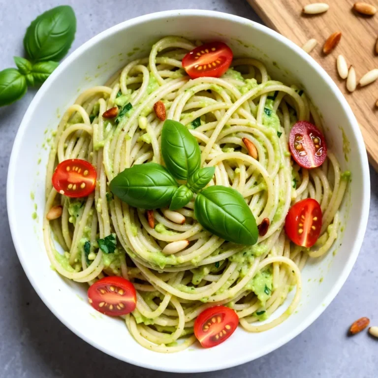 To make this creamy avocado pasta, you need these main ingredients: - 12 oz whole grain spaghetti - 2 ripe avocados, pitted and peeled - 2 cloves garlic, minced - ¼ cup fresh basil leaves, plus extra for garnish - 2 tablespoons lemon juice - 3 tablespoons olive oil - Salt and pepper to taste These ingredients come together to create a rich and creamy sauce that coats the pasta beautifully. You can add your own twist to this dish with these optional ingredients: - ½ teaspoon red pepper flakes (for a spicy kick) - ½ cup cherry tomatoes, halved - ¼ cup toasted pine nuts (for garnish) Feel free to mix and match to fit your taste. You can add protein or veggies to make it heartier. This dish is not just delicious; it also offers great nutrition: - Avocados provide healthy fats and fiber, which support heart health. - Whole grain spaghetti adds complex carbs and keeps you fuller longer. - Garlic contains antioxidants and may boost your immune system. - Basil is rich in vitamins and has anti-inflammatory properties. - Lemon juice adds vitamin C and aids digestion. Enjoy the creamy goodness while knowing it's good for you too! {{ingredient_image_1}} Start by boiling a large pot of salted water. Add 12 ounces of whole grain spaghetti. Cook the spaghetti until it is al dente, which takes about 8 to 10 minutes. Stir the pasta occasionally to prevent sticking. Once done, reserve half a cup of pasta water. This water helps adjust the sauce later. Drain the spaghetti and set it aside for now. Grab a food processor and add two ripe avocados, pitted and peeled. Next, add two minced garlic cloves and ¼ cup of fresh basil leaves. Squeeze in 2 tablespoons of lemon juice and pour in 3 tablespoons of olive oil. Blend everything until it is smooth and creamy. If the sauce seems too thick, add a tablespoon of reserved pasta water at a time. Blend until you reach the perfect texture. In a large mixing bowl, toss the drained spaghetti with the creamy avocado sauce. Make sure to coat all the strands evenly. If the sauce is too thick, stir in more reserved pasta water. This helps the sauce cling better to the pasta. For extra flavor, add salt and pepper to taste. Gently fold in halved cherry tomatoes for a fresh touch. Your dish is ready to serve! To get the best creamy texture, use ripe avocados. They should feel soft but not mushy. When blending, add olive oil and lemon juice. This mix helps make the sauce smooth. If it’s too thick, add reserved pasta water. Do this one tablespoon at a time. Keep blending until you get that creamy dream. Garnishes make your dish pop! Fresh basil adds a bright taste. Cherry tomatoes bring a nice crunch and color. Toasted pine nuts add a nutty flavor. You can sprinkle them on top just before serving. Try adding red pepper flakes for some heat. These small touches elevate your plate! One mistake is not using enough lemon juice. It brightens the sauce and keeps avocados from browning. Another error is overcooking the pasta. Aim for al dente to keep it firm. Don’t skip on seasoning! Salt and pepper enhance the flavors. Finally, avoid blending too long. You want a creamy texture, not a puree. Pro Tips Use Ripe Avocados: Ensure your avocados are perfectly ripe for a creamy texture. They should yield slightly to gentle pressure when squeezed. Unripe avocados can result in a less desirable consistency. Cook Pasta Al Dente: Follow the package instructions to cook the spaghetti al dente. This will give the pasta a nice bite and help it hold onto the sauce better. Customize Your Sauce: Feel free to add other herbs or spices to the avocado sauce for additional flavor. Fresh parsley or cilantro can be great alternatives to basil. Serve Fresh: This dish is best enjoyed immediately after preparing, as the avocado can brown over time. If you need to store it, add a bit more lemon juice to slow the browning process. {{image_2}} You can easily make this dish vegan. Simply skip any cheese and use plant-based ingredients. The creamy texture comes from the avocados. They give all the richness you need. Use nutritional yeast for a cheesy flavor. It adds a nice twist without dairy. If you want more protein, try adding cooked chicken or tofu. Grilled chicken gives a nice smoky flavor. For a plant-based option, use firm tofu. Cube it and pan-fry until golden brown. Mix it into your pasta for a filling meal. You can also add beans for extra protein and fiber. Swapping ingredients can make this dish exciting. Try using different herbs like cilantro or parsley. They will change the taste profile while keeping it fresh. You can also replace cherry tomatoes with sun-dried tomatoes. They add a sweet and tangy kick. For a nutty flavor, swap pine nuts for walnuts or almonds. To keep your creamy avocado pasta fresh, store it in an airtight container. Place it in the fridge right after you finish eating. Make sure to eat it within two days for the best taste. If you want to keep it longer, consider freezing. When reheating, add a splash of water or olive oil. This helps the sauce get creamy again. Use the microwave or a skillet over low heat. Stir often to avoid burning. Heat until warm, but don’t overcook. You can freeze the avocado sauce. Just blend it and store it in ice cube trays. Once frozen, transfer cubes to a bag. This way, you can use them later. Cook fresh pasta when you're ready to eat. Just thaw the sauce and mix it in. This keeps the flavors fresh and tasty. Yes, you can use any pasta you like. Whole grain spaghetti is great, but penne, fusilli, or even gluten-free pasta works well too. Just make sure to cook it until it's al dente for the best texture. If you don't have lemon juice, try lime juice. You can also use vinegar, like apple cider or white wine vinegar. Each adds a different taste, but they all help keep your sauce fresh. To make your sauce greener, add more fresh basil leaves. You can also blend in a handful of spinach. This not only boosts color but adds nutrition too. Absolutely! Creamy avocado pasta is perfect for meal prep. You can make the sauce ahead of time and store it separately from the pasta. Just mix them together when you're ready to eat. The avocado sauce stays good for about 2-3 days in the fridge. To keep it fresh, store it in an airtight container. Adding a bit of lemon juice helps slow down browning. Creamy avocado pasta is not only easy to make, but it's also healthy. We explored key ingredients and their benefits. I shared simple steps for cooking pasta and making the sauce. You learned tips for perfect texture and common mistakes to avoid. Variations let you customize it to your taste. Finally, proper storage keeps your leftovers fresh. Enjoy this dish and make it your own!