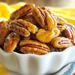 - 2 cups pecan halves - 1/4 cup pure maple syrup - 1 teaspoon ground cinnamon - 1/4 teaspoon salt - 1/8 teaspoon nutmeg - 1 tablespoon unsalted butter, melted - 1/2 teaspoon vanilla extract - Optional: A pinch of cayenne pepper for a spicy kick To make maple cinnamon roasted pecans, gather these simple ingredients. You will need fresh pecan halves for the best flavor. Pure maple syrup adds sweetness and helps bind the spices. Ground cinnamon gives warmth, while salt enhances all the flavors. Nutmeg adds a hint of spice. Melted unsalted butter helps the mixture stick. Vanilla extract adds a rich, sweet note. If you like heat, a pinch of cayenne pepper will elevate the taste. Each ingredient plays a vital role in creating a crunchy and tasty snack. {{ingredient_image_1}} - Preheat your oven to 350°F (175°C). Line a baking sheet with parchment paper. - In a medium bowl, mix 1/4 cup of pure maple syrup, 1 tablespoon of melted butter, and 1/2 teaspoon of vanilla extract. Add 1 teaspoon of ground cinnamon, 1/4 teaspoon salt, and 1/8 teaspoon nutmeg. If you like heat, add a pinch of cayenne pepper. - Toss 2 cups of pecan halves in the maple mixture until they are fully coated. - Spread the coated pecans in a single layer on the baking sheet. - Bake them for 15-20 minutes. Stir the pecans every 5-7 minutes. This helps them roast evenly and get golden brown. - Once baked, take the pecans out and let them cool on the baking sheet for about 10 minutes. They will crisp up as they cool. To make the best maple cinnamon roasted pecans, focus on two key areas: even roasting and flavor balance. - Ensuring even roasting: Stir the pecans every 5 to 7 minutes while baking. This helps them roast evenly. If some nuts sit too long, they may burn. Keep an eye on them. You want a golden brown color and a great smell. - Adjusting sweetness and spice levels: You can change the maple syrup and cinnamon to fit your taste. If you want it sweeter, add a bit more syrup. For a spicier kick, sprinkle in some cayenne pepper. Always taste the mix before coating the nuts to get it just right. Presentation can elevate your snack experience. - Best presentation methods: Serve these tasty nuts in a pretty bowl or jar. This makes them look inviting. You can also sprinkle a little extra cinnamon on top for a nice touch. - Pairing ideas for snacks or desserts: Maple cinnamon roasted pecans go well with cheese or yogurt. They also make a great topping for salads or desserts like ice cream. Enjoy them on their own or mix them into your favorite dishes! Pro Tips Watch the Time: Keep a close eye on the pecans while they roast, as they can go from perfectly toasted to burnt quickly. Stir them every 5-7 minutes for even browning. Cooling Matters: Allow the pecans to cool on the baking sheet for at least 10 minutes. This helps them crisp up nicely as they cool. Storage Tips: Store the cooled pecans in an airtight container at room temperature. They will stay fresh for up to two weeks, but are best enjoyed within the first few days. Flavor Variations: Experiment with different spices such as cardamom or even a touch of cocoa powder for a unique twist on the classic maple cinnamon flavor. {{image_2}} You can easily make maple cinnamon roasted pecans your own. Try adding other spices like chili powder. This gives them a sweet and spicy kick. You can also mix in cayenne pepper for heat. If you want to change up the nuts, consider using walnuts or almonds. Each nut adds a unique flavor and texture. Walnuts offer a rich taste, while almonds add a nice crunch. Experiment with what you love! If you want to swap out maple syrup, you have options. Honey or agave nectar can work well too. They both bring their own sweetness. For a vegan choice, use agave nectar instead of maple syrup. You can also try coconut sugar for a different flavor. Each sweetener can change the taste slightly, so feel free to explore. To keep your maple cinnamon roasted pecans fresh, use an airtight container. A glass jar or a sealed plastic bag works well. Make sure to close it tightly after each use. This helps protect the pecans from air and moisture. Store your pecans in a cool, dry place. A pantry or a cupboard is perfect. Avoid direct sunlight and heat sources. This keeps them from losing their great taste. At room temperature, these roasted pecans last up to two weeks. After that, their flavor may fade. They can still be safe to eat, but they won’t taste as good. Check for signs of spoilage. If the pecans smell off or have a strange taste, it’s best to toss them. Dryness or a change in color can also mean they are past their prime. How do I know when the pecans are finished roasting? You can tell the pecans are done when they turn golden brown. Their smell will fill your kitchen with a warm, sweet aroma. I suggest checking them at 15 minutes. Stir them every few minutes to avoid burning. Can I make these pecans in advance? Yes! You can make these pecans ahead of time. Once they cool, store them in an airtight container. They will stay fresh at room temperature for up to two weeks. This makes them great for snacks or gifts. What can I do with leftover pecans? Leftover pecans can be used in many ways. Add them to salads for a crunchy texture. You can also use them in baked goods like cookies or muffins. If you're feeling creative, mix them into your morning oatmeal or yogurt. Caloric content per serving Each serving has about 200 calories. This includes healthy fats and natural sugars from the maple syrup. Enjoy them in moderation to keep your snack healthy. Health benefits of pecans Pecans are packed with nutrients. They are rich in healthy fats, protein, and fiber. These nuts can help lower bad cholesterol levels. They also contain antioxidants, which are good for your heart. Eating pecans may even improve brain health due to their vitamins. You now have all you need to make tasty spiced pecans. We covered the essential ingredients, easy steps for baking, and handy tips to perfect your recipe. Remember to store your pecans well to keep them fresh. You can also try different spices or nuts for fun variations. Make this snack your own, and enjoy it with friends or family. With a little practice, you'll create a delightful treat every time. Happy baking!