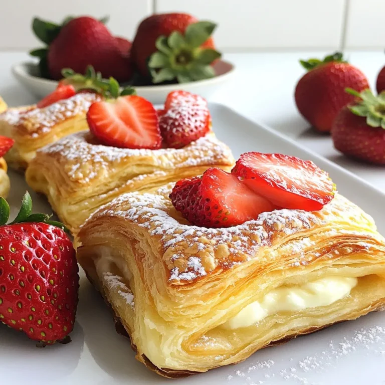 To make these tasty Strawberry Cream Cheese Danishes, gather these items: - 1 sheet of puff pastry, thawed - 8 oz cream cheese, softened - 1/2 cup powdered sugar - 1 teaspoon vanilla extract - 1 cup fresh strawberries, hulled and diced - 1 egg, beaten (for egg wash) - 1 tablespoon lemon juice - 1 tablespoon cornstarch - Zest of 1 lemon - Sea salt, a pinch You can add some fun flavors to your danishes. Here are a few ideas: - A splash of almond extract for a nutty taste - Fresh mint leaves for a refreshing twist - A sprinkle of cinnamon for warmth If you are missing some ingredients, don’t worry! Here are some swaps you can try: - Use ricotta cheese instead of cream cheese for a lighter filling. - Replace powdered sugar with granulated sugar if needed. - Swap fresh strawberries with other berries like blueberries or raspberries for variety. - Cornstarch can be replaced with flour if you don't have it. These options help you create a delicious treat even with what you have at home! {{ingredient_image_1}} First, let’s get everything ready. Preheat your oven to 400°F (200°C). Line a baking sheet with parchment paper to keep things clean. Take your thawed puff pastry sheet and roll it out on a lightly floured surface. This helps smooth it out. Cut the pastry into 4 equal squares. Next, grab a mixing bowl. Combine 8 oz of softened cream cheese, 1/2 cup of powdered sugar, 1 teaspoon of vanilla extract, and the zest of 1 lemon. Mix these ingredients until they blend into a smooth and creamy filling. Now, let's prepare the strawberries. In another bowl, toss 1 cup of diced strawberries with 1 tablespoon of lemon juice, 1 tablespoon of cornstarch, and a pinch of sea salt. This mixture will help thicken the berries and add flavor. Place a generous spoonful of the cream cheese mixture in the center of each puff pastry square. Make sure to leave a border around the edges. Top each cream cheese dollop with a spoonful of the strawberry mixture. Fold the corners of each square inward toward the center to form little pockets. Pinch the corners together to secure them. This helps keep the filling inside while baking. Now, beat 1 egg and brush the edges of the pastries with it. This will give your danishes a beautiful golden color when baked. Place the pastries in the preheated oven and bake for 15-20 minutes. Keep an eye on them! They should puff up and turn golden brown. Once baked, remove the danishes from the oven. Allow them to cool slightly on a wire rack. This helps prevent sogginess. For a lovely presentation, serve the danishes warm on a beautiful plate. Garnish with a few fresh strawberries and a light dusting of powdered sugar on top. Enjoy your delightful treat! To get the best puff pastry, keep it cold. When you roll it out, do not overwork it. This helps the layers stay flaky. Always use a lightly floured surface to avoid sticking. Cut the pastry into equal squares for even baking. If you have scraps, you can re-roll them once. Just remember, do not do it too many times. It can make the pastry tough. Serve your danishes warm. Place them on a nice plate for a fancy look. Add a few fresh strawberries on the side. A dusting of powdered sugar adds sweetness and charm. Feel free to drizzle some melted chocolate on top for extra fun. You can also pair them with a cup of coffee or tea for a lovely treat. One mistake is skipping the egg wash. This step gives your danishes a golden color. Don't rush the cooling time either. They taste better when slightly cooled. Avoid overfilling the pastry, as it may spill out. Lastly, keep an eye on the baking time. Every oven is different. Check for a golden brown color to know when they’re done. Pro Tips Keep It Cold: Ensure your puff pastry remains cold while working with it to achieve the best flakiness when baked. Customize the Filling: Feel free to substitute strawberries with other fruits like raspberries or blueberries for a different flavor profile. Don’t Skip the Egg Wash: Brushing the pastries with an egg wash not only gives them a beautiful golden color but also adds a lovely sheen. Serve Fresh: These danishes are best enjoyed warm out of the oven, so serve them immediately for the best flavor and texture. {{image_2}} You can change up the strawberries for other fruits. Blueberries, raspberries, or peaches work great. Each fruit adds its own fun taste. Just follow the same steps for mixing the fruit. Toss it with lemon juice and cornstarch as before. This keeps the filling thick and sweet. Don’t be scared to mix fruits too! Try a mix of strawberries and blueberries for a berry blast. Want a vegan version? Use dairy-free cream cheese. Many brands make good options now. Replace the egg wash with almond milk or soy milk. This keeps the pastry shiny and golden. For the filling, use maple syrup for sweetness instead of powdered sugar. You can also try coconut cream for a rich texture. These swaps keep the flavor while staying plant-based. Feeling daring? Try a savory danish! Swap the cream cheese for ricotta or goat cheese. Use cooked spinach, mushrooms, or herbs for a filling. Add some garlic or onion for extra flavor. You can even top it with shredded cheese before baking. These savory treats make a great brunch option. They are perfect for any meal of the day! After you enjoy your Strawberry Cream Cheese Danishes, you may have some left. To store them, let the danishes cool completely. Place them in an airtight container. Keep the container in the fridge. They will stay fresh for about three days. If you want them to last longer, consider freezing them. When you're ready to enjoy your leftover danishes, reheating is key. Preheat your oven to 350°F (175°C). Place the danishes on a baking sheet. Heat them for about 10-15 minutes. This will help restore their crispy texture. You can also use a microwave, but this may make them soft. If you use the microwave, warm them for about 15 seconds. Freezing danishes is a great option for later. Wrap each cooled danish in plastic wrap. Then, place them in a freezer bag or container. Make sure to remove as much air as possible. They can last up to two months in the freezer. When ready to eat, let them thaw in the fridge overnight. Then, reheat as mentioned above. Enjoy your tasty danishes anytime! Yes, you can prepare the filling ahead. Mix the cream cheese, sugar, and vanilla. Store it in the fridge for up to two days. You can also prep the strawberries. Cut and mix them with lemon juice and cornstarch. Keep them in the fridge too. When you're ready to bake, assemble the danishes and bake them fresh. If you need a substitute, try mascarpone cheese. It has a similar taste and texture. Another option is ricotta cheese. Drain it well to avoid excess moisture. Greek yogurt can work too, but it will be tangier. Adjust the sugar to balance the flavors in your recipe. Look for a golden-brown color on the pastry. The edges should be puffed and firm. If you tap the bottom, it should sound hollow. Use a thermometer to check the inside. It should be around 190°F (88°C) for a perfect bake. Keep an eye on the time; 15-20 minutes is key. You now have everything you need to make delicious Strawberry Cream Cheese Danishes. We covered the essential ingredients, preparation steps, and baking instructions. I shared tips to perfect the puff pastry and avoid common mistakes. Also, I provided ways to customize your danishes and store any leftovers. Making danishes can be fun and creative, so experiment with flavors and styles. Enjoy your baking journey and savor each bite!