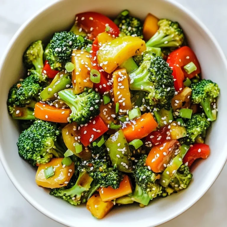 To make your Sesame Ginger Broccoli Stir Fry, gather these fresh ingredients: - 4 cups broccoli florets - 1 red bell pepper, sliced - 1 carrot, julienned - 3 green onions, chopped - 2 cloves garlic, minced - 1 tablespoon fresh ginger, grated - 2 tablespoons sesame oil - 3 tablespoons soy sauce (or tamari for gluten-free) - 1 tablespoon rice vinegar - 1 tablespoon honey or maple syrup - 1 tablespoon sesame seeds - Salt and pepper to taste You can swap some ingredients if needed. Here are some good options: - Use bok choy instead of broccoli for a different taste. - Try snap peas or snow peas instead of bell peppers. - If you want a spicier kick, add chili flakes or sriracha. - Maple syrup works well if you need a vegan sweetener. When you shop for vegetables, look for these signs of freshness: - Broccoli should be bright green with firm florets. - Red bell peppers should be shiny and smooth. - Carrots must feel firm and crunchy. - Green onions should be green and crisp, not wilted. By choosing fresh veggies, you ensure your stir fry is full of flavor and nutrients. {{ingredient_image_1}} Start by washing all the vegetables. For the broccoli, cut it into small florets. Slice the red bell pepper thinly. Julienne the carrot into matchstick pieces. Lastly, chop the green onions. Set all these veggies aside. This prep makes cooking fast and easy. Grab a small bowl. In it, whisk together three tablespoons of soy sauce, one tablespoon of rice vinegar, and one tablespoon of honey. You can use maple syrup instead of honey if you want. Add two tablespoons of sesame oil and a pinch of salt and pepper. This sauce gives your stir-fry a rich flavor. Heat a large skillet or wok on medium-high heat. Add one tablespoon of sesame oil and wait till it gets hot. Once hot, toss in the minced garlic and grated ginger. Sauté for about 30 seconds. Then, add the broccoli, red bell pepper, and carrot. Stir-fry these veggies for 5-7 minutes. You want the broccoli to be bright green and tender-crisp. Next, pour the sauce over the veggies and cook for another 2-3 minutes. This helps all the flavors blend well. Finally, sprinkle the chopped green onions and sesame seeds on top. Toss everything gently to combine. Now your stir-fry is ready to enjoy! To keep broccoli crisp, you need to cook it fast. Use high heat for stir-frying. This helps the broccoli stay bright green and crunchy. Start with the garlic and ginger first. Once you smell their aroma, add the broccoli. Stir-fry for just 5-7 minutes. Do not overcook. If you want extra crunch, add a splash of cold water to the pan. Cover it for 30 seconds. This will steam the broccoli without making it soggy. Stir-frying is all about quick cooking. Use a wok or a large skillet. Heat the pan until it's hot. Add sesame oil for flavor. Once the oil shimmers, it’s ready for your ingredients. Always add the garlic and ginger first. They add great taste. Then, add your veggies in stages. Start with harder veggies like carrots. Add softer ones like bell peppers later. This way, everything cooks evenly. You can make this dish your own. If you like it sweeter, add more honey or maple syrup. For a spicy kick, toss in some red pepper flakes. Want it saltier? Add a splash of soy sauce. Always taste as you cook. This lets you find the right balance. You can also add more sesame oil for a richer taste. Experiment and have fun! Pro Tips Fresh Ingredients: For the best flavor, use fresh broccoli and vegetables. This will enhance the taste and nutritional value of your stir-fry. High Heat Cooking: Stir-frying requires high heat to achieve that perfect tender-crisp texture. Make sure your pan is hot enough before adding the vegetables. Customize Your Veggies: Feel free to add or substitute other vegetables like bell peppers, snap peas, or carrots based on your preference or what you have on hand. Serving Suggestions: This stir-fry pairs wonderfully with steamed rice or noodles. You can also top it with grilled chicken or tofu for added protein. {{image_2}} You can easily add protein to your stir fry. Tofu works great for a vegan option. Choose firm tofu and cut it into cubes. Cook the tofu first until golden. Set it aside while you stir-fry the veggies. Chicken is another tasty choice. Use bite-sized pieces of chicken breast. Cook it until it’s no longer pink before adding the veggies. Both proteins soak up the flavors well. Feel free to switch up the veggies based on what you have. Snap peas and bell peppers give a nice crunch. Carrots can add sweetness, but you can try zucchini or mushrooms too. Baby corn and bok choy bring fun textures. Mix and match to keep it exciting. Fresh vegetables are key for a colorful plate. You can change the flavor of the stir fry to suit your taste. For a spicy kick, add some red pepper flakes or Sriracha. This gives heat without losing the dish's main flavors. If you prefer it sweeter, add more honey or maple syrup. A touch of orange juice can also brighten the dish. Experimenting with flavors makes cooking fun and personal. You should store leftover sesame ginger broccoli stir fry in an airtight container. This keeps the flavors fresh. Make sure to cool the stir fry to room temperature first. Then, seal it tightly. Store it in the fridge for up to three days. To keep the veggies crisp, try not to pack them too tightly. When you reheat your stir fry, use a skillet or wok. Heat it on medium heat. Add a splash of water or oil to prevent sticking. Stir the mix often for even heating. This keeps the veggies from getting mushy. You can also use the microwave if you're short on time. Heat it in short bursts, stirring between each burst. You can freeze sesame ginger broccoli stir fry, but it’s best to do it before you add the sauce. Cool the stir fry completely before placing it in a freezer-safe bag. Remove as much air as you can to prevent freezer burn. It can last up to three months in the freezer. To cook, thaw it overnight in the fridge and reheat as explained above. You can serve this stir fry with steamed rice or noodles. Both options soak up the sauce well. You could also add some protein, like tofu or chicken. This makes the meal more filling. A side of egg rolls or dumplings adds a nice touch, too. Fresh fruit can be a sweet end to your meal. You can store leftover stir fry in an airtight container. It lasts up to three days in the fridge. If you want to keep it longer, freeze it for up to three months. To reheat, just warm it in a pan or microwave. Make sure it is heated all the way through. Yes, you can easily make this dish vegan-friendly. Just use maple syrup instead of honey for sweetness. Ensure you’re using soy sauce or tamari that is gluten-free. You can also add tofu for extra protein. This keeps the dish hearty and satisfying. This blog post covered key points on making a tasty stir-fry. You learned about essential ingredients and great substitutions. I shared tips for picking fresh veggies and how to prep them properly. We explored quick cooking steps and ways to keep your broccoli crisp. You also discovered how to add proteins and tweak flavors to your liking. In the end, stir-fry is all about creativity. Enjoy trying new ingredients and techniques. Mix it up and find what you love!