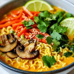 To make a great Coconut Curry Ramen, you need these key ingredients: - 4 cups vegetable broth - 1 can (14 oz) coconut milk - 2 tablespoons red curry paste - 1 tablespoon fresh ginger, grated - 2 cloves garlic, minced - 1 tablespoon soy sauce - 1 tablespoon lime juice - 200g ramen noodles (fresh or dried) - 1 cup baby spinach - 1 carrot, julienned - 1 bell pepper, sliced - 1 cup mushrooms, sliced These ingredients work together to create a rich and creamy broth. The coconut milk brings a smooth texture, while the red curry paste adds deep flavor. Ginger and garlic boost the taste, making it extra special. Adding garnishes can enhance your Coconut Curry Ramen. Here are some tasty options: - Fresh cilantro, for garnish - Lime wedges, for serving - Sliced scallions, for garnish - Sesame seeds, for garnish These toppings give you a fresh burst of color and flavor. The lime adds a zesty touch, balancing the richness of the broth. If you can't find certain ingredients, don't worry! Here are some substitutes: - Vegetable broth: Use chicken broth for a non-vegetarian option. - Coconut milk: Almond or cashew milk can work, but may change the flavor. - Red curry paste: Try yellow curry paste for a milder taste. - Ramen noodles: Rice noodles can be a gluten-free choice. These swaps can help you adapt the recipe based on what you have at home. Enjoy creating your unique version! {{ingredient_image_1}} To make the broth, start with a large pot. Heat a splash of oil over medium heat. Add the minced garlic and grated ginger. Sauté these for about one minute until you smell their lovely aroma. Then, mix in the red curry paste. Cook it for another minute to wake up the flavors. Next, pour in the vegetable broth and coconut milk. Whisk them together until well blended. Bring this mixture to a gentle simmer. After that, add the soy sauce and lime juice. Taste and adjust if needed. Now, it’s time for the veggies! Add the sliced mushrooms, bell pepper, and julienned carrots. Cook these for about five to seven minutes until they soften just a bit. This broth will be rich and creamy, full of flavor. While the broth cooks, it’s time to prepare the ramen noodles. If using dried noodles, follow the package instructions. Usually, this means boiling them in water for about three to five minutes. Fresh noodles cook faster, so keep an eye on them. When they’re done, drain and set them aside. Now, let’s put it all together! In a bowl, place a portion of the cooked ramen noodles. Then, ladle the hot coconut curry broth over the noodles. Make sure to include plenty of the colorful vegetables. To finish, garnish with fresh cilantro, sliced scallions, and a sprinkle of sesame seeds. Add a lime wedge on the side for a fresh burst of flavor. Enjoy your delicious coconut curry ramen! To boost the flavor in your coconut curry ramen, use fresh ingredients. Fresh ginger and garlic add a punch. A splash of lime juice brightens the dish. You can also adjust the spice level. Add more red curry paste for heat. A sprinkle of chili flakes can also work wonders. Cooking ramen noodles right is key. Follow the package instructions closely. For a firmer texture, cook them just until al dente. Rinse the noodles briefly in cold water after cooking. This stops the cooking process and helps keep them from sticking. Always add the noodles to the broth just before serving. This keeps them warm and fresh. Storing coconut curry ramen is simple. Keep the broth and noodles separate. Place leftovers in airtight containers. They will last up to three days in the fridge. To reheat, warm the broth on the stove. Add the noodles just before serving. This way, your ramen stays tasty and fresh. Pro Tips Fresh Ingredients Matter: Use fresh vegetables and herbs to enhance the flavors of your coconut curry ramen. Fresh ingredients will provide a vibrant taste and appealing texture. Customize Your Spice Level: Adjust the amount of red curry paste to suit your heat preference. Start with a small amount and add more gradually to avoid overwhelming the dish. Add Protein for a Heartier Meal: Consider adding tofu, chickpeas, or shrimp for extra protein. This will make the dish more filling and satisfying. Garnish for Flavor and Presentation: Don't skip the garnishes! Fresh cilantro, lime wedges, and sesame seeds not only add flavor but also make your dish visually appealing. {{image_2}} Coconut curry ramen is a great dish for all diets. To make it vegan, swap the broth for vegetable broth. Use a plant-based red curry paste to keep it vegan-friendly. The coconut milk adds creaminess without dairy. You can load it with veggies like zucchini, peas, or broccoli. They bring color and taste. If you want to add protein, there are many choices. Tofu works well. Press it first to remove water, then cube and sauté it. You can also use chickpeas for a hearty bite. For meat lovers, grilled chicken or shrimp can bring a nice touch. Add them in during the last few minutes of cooking. You can change the flavors to fit your taste! Add lime zest for a bright touch. If you like heat, throw in some chili flakes or fresh jalapeños. For a nutty twist, sprinkle some chopped peanuts or cashews on top. Don't forget fresh herbs like basil or mint for extra flavor. These small changes can make your dish unique! Coconut curry ramen is a dish that warms the heart. Many places serve it with unique spins. Here are a few top spots to try: - Ramen House: They have a rich coconut curry broth. Add fresh veggies for a great taste. - Spice Noodle: Their ramen has a kick. The coconut curry flavor is bold and spicy. - Noodle Haven: Known for their fresh ingredients. The creamy broth pairs well with tender noodles. When searching for great coconut curry ramen, focus on these key points: - Broth Quality: It should be rich and creamy. A good broth balances coconut milk and spices. - Noodle Texture: Look for noodles that are firm yet tender. They should soak up the broth well. - Fresh Vegetables: Crunchy veggies add color and flavor. Spinach, bell peppers, and mushrooms are ideal. - Garnishes: Fresh herbs like cilantro and lime wedges brighten the dish. They add freshness and zing. Reviews can help you find the best places. Many food lovers share their thoughts online. Here are some common favorites: - Spicy Coconut Delight: This dish stands out for its heat and coconut flavor. Diners rave about its warmth. - Veggie Paradise: A top choice for plant-based eaters. Users love the vibrant mix of fresh veggies in the broth. - Classic Comfort: Some prefer a simpler version. The basic coconut curry ramen is often praised for its balance. These insights can guide you to the best coconut curry ramen in town. Enjoy the hunt! Coconut curry ramen is a warm and tasty dish. It combines rich coconut milk with spicy red curry paste. You get a great mix of flavors from garlic, ginger, and fresh veggies. Ramen noodles soak up all this goodness. The broth is creamy and comforting. You feel like you are in a cozy restaurant with each bite. This dish lasts about three to four days in the fridge. Store the broth and noodles separately. This helps keep the noodles from getting mushy. When you want to eat it, just heat it up on the stove. Add fresh spinach and toppings for best taste. Yes, you can make this recipe gluten-free. Simply use gluten-free ramen noodles. You can also swap soy sauce for tamari or coconut aminos. Both options add flavor without gluten. Enjoy your coconut curry ramen without worry about gluten! Coconut curry ramen is a delightful dish packed with flavor and creativity. We covered its key ingredients, from essential items to optional garnishes. I shared step-by-step instructions for making a rich broth, cooking noodles, and assembling your bowl. Helpful tips ensure great taste and easy storage. Plus, I explored variations for every diet and suggested tasty restaurants to try. Enjoy experimenting with flavors and creating your own perfect bowl of coconut curry ramen!