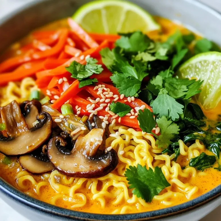To make a great Coconut Curry Ramen, you need these key ingredients: - 4 cups vegetable broth - 1 can (14 oz) coconut milk - 2 tablespoons red curry paste - 1 tablespoon fresh ginger, grated - 2 cloves garlic, minced - 1 tablespoon soy sauce - 1 tablespoon lime juice - 200g ramen noodles (fresh or dried) - 1 cup baby spinach - 1 carrot, julienned - 1 bell pepper, sliced - 1 cup mushrooms, sliced These ingredients work together to create a rich and creamy broth. The coconut milk brings a smooth texture, while the red curry paste adds deep flavor. Ginger and garlic boost the taste, making it extra special. Adding garnishes can enhance your Coconut Curry Ramen. Here are some tasty options: - Fresh cilantro, for garnish - Lime wedges, for serving - Sliced scallions, for garnish - Sesame seeds, for garnish These toppings give you a fresh burst of color and flavor. The lime adds a zesty touch, balancing the richness of the broth. If you can't find certain ingredients, don't worry! Here are some substitutes: - Vegetable broth: Use chicken broth for a non-vegetarian option. - Coconut milk: Almond or cashew milk can work, but may change the flavor. - Red curry paste: Try yellow curry paste for a milder taste. - Ramen noodles: Rice noodles can be a gluten-free choice. These swaps can help you adapt the recipe based on what you have at home. Enjoy creating your unique version! {{ingredient_image_1}} To make the broth, start with a large pot. Heat a splash of oil over medium heat. Add the minced garlic and grated ginger. Sauté these for about one minute until you smell their lovely aroma. Then, mix in the red curry paste. Cook it for another minute to wake up the flavors. Next, pour in the vegetable broth and coconut milk. Whisk them together until well blended. Bring this mixture to a gentle simmer. After that, add the soy sauce and lime juice. Taste and adjust if needed. Now, it’s time for the veggies! Add the sliced mushrooms, bell pepper, and julienned carrots. Cook these for about five to seven minutes until they soften just a bit. This broth will be rich and creamy, full of flavor. While the broth cooks, it’s time to prepare the ramen noodles. If using dried noodles, follow the package instructions. Usually, this means boiling them in water for about three to five minutes. Fresh noodles cook faster, so keep an eye on them. When they’re done, drain and set them aside. Now, let’s put it all together! In a bowl, place a portion of the cooked ramen noodles. Then, ladle the hot coconut curry broth over the noodles. Make sure to include plenty of the colorful vegetables. To finish, garnish with fresh cilantro, sliced scallions, and a sprinkle of sesame seeds. Add a lime wedge on the side for a fresh burst of flavor. Enjoy your delicious coconut curry ramen! To boost the flavor in your coconut curry ramen, use fresh ingredients. Fresh ginger and garlic add a punch. A splash of lime juice brightens the dish. You can also adjust the spice level. Add more red curry paste for heat. A sprinkle of chili flakes can also work wonders. Cooking ramen noodles right is key. Follow the package instructions closely. For a firmer texture, cook them just until al dente. Rinse the noodles briefly in cold water after cooking. This stops the cooking process and helps keep them from sticking. Always add the noodles to the broth just before serving. This keeps them warm and fresh. Storing coconut curry ramen is simple. Keep the broth and noodles separate. Place leftovers in airtight containers. They will last up to three days in the fridge. To reheat, warm the broth on the stove. Add the noodles just before serving. This way, your ramen stays tasty and fresh. Pro Tips Fresh Ingredients Matter: Use fresh vegetables and herbs to enhance the flavors of your coconut curry ramen. Fresh ingredients will provide a vibrant taste and appealing texture. Customize Your Spice Level: Adjust the amount of red curry paste to suit your heat preference. Start with a small amount and add more gradually to avoid overwhelming the dish. Add Protein for a Heartier Meal: Consider adding tofu, chickpeas, or shrimp for extra protein. This will make the dish more filling and satisfying. Garnish for Flavor and Presentation: Don't skip the garnishes! Fresh cilantro, lime wedges, and sesame seeds not only add flavor but also make your dish visually appealing. {{image_2}} Coconut curry ramen is a great dish for all diets. To make it vegan, swap the broth for vegetable broth. Use a plant-based red curry paste to keep it vegan-friendly. The coconut milk adds creaminess without dairy. You can load it with veggies like zucchini, peas, or broccoli. They bring color and taste. If you want to add protein, there are many choices. Tofu works well. Press it first to remove water, then cube and sauté it. You can also use chickpeas for a hearty bite. For meat lovers, grilled chicken or shrimp can bring a nice touch. Add them in during the last few minutes of cooking. You can change the flavors to fit your taste! Add lime zest for a bright touch. If you like heat, throw in some chili flakes or fresh jalapeños. For a nutty twist, sprinkle some chopped peanuts or cashews on top. Don't forget fresh herbs like basil or mint for extra flavor. These small changes can make your dish unique! Coconut curry ramen is a dish that warms the heart. Many places serve it with unique spins. Here are a few top spots to try: - Ramen House: They have a rich coconut curry broth. Add fresh veggies for a great taste. - Spice Noodle: Their ramen has a kick. The coconut curry flavor is bold and spicy. - Noodle Haven: Known for their fresh ingredients. The creamy broth pairs well with tender noodles. When searching for great coconut curry ramen, focus on these key points: - Broth Quality: It should be rich and creamy. A good broth balances coconut milk and spices. - Noodle Texture: Look for noodles that are firm yet tender. They should soak up the broth well. - Fresh Vegetables: Crunchy veggies add color and flavor. Spinach, bell peppers, and mushrooms are ideal. - Garnishes: Fresh herbs like cilantro and lime wedges brighten the dish. They add freshness and zing. Reviews can help you find the best places. Many food lovers share their thoughts online. Here are some common favorites: - Spicy Coconut Delight: This dish stands out for its heat and coconut flavor. Diners rave about its warmth. - Veggie Paradise: A top choice for plant-based eaters. Users love the vibrant mix of fresh veggies in the broth. - Classic Comfort: Some prefer a simpler version. The basic coconut curry ramen is often praised for its balance. These insights can guide you to the best coconut curry ramen in town. Enjoy the hunt! Coconut curry ramen is a warm and tasty dish. It combines rich coconut milk with spicy red curry paste. You get a great mix of flavors from garlic, ginger, and fresh veggies. Ramen noodles soak up all this goodness. The broth is creamy and comforting. You feel like you are in a cozy restaurant with each bite. This dish lasts about three to four days in the fridge. Store the broth and noodles separately. This helps keep the noodles from getting mushy. When you want to eat it, just heat it up on the stove. Add fresh spinach and toppings for best taste. Yes, you can make this recipe gluten-free. Simply use gluten-free ramen noodles. You can also swap soy sauce for tamari or coconut aminos. Both options add flavor without gluten. Enjoy your coconut curry ramen without worry about gluten! Coconut curry ramen is a delightful dish packed with flavor and creativity. We covered its key ingredients, from essential items to optional garnishes. I shared step-by-step instructions for making a rich broth, cooking noodles, and assembling your bowl. Helpful tips ensure great taste and easy storage. Plus, I explored variations for every diet and suggested tasty restaurants to try. Enjoy experimenting with flavors and creating your own perfect bowl of coconut curry ramen!