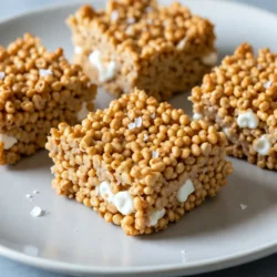 To make Brown Butter Rice Krispie Treats, you will need these items: - 4 cups Rice Krispies cereal - 1 cup mini marshmallows - 1/2 cup unsalted butter - 1 cup large marshmallows - 1/2 teaspoon sea salt - 1 teaspoon vanilla extract - Optional: 1/2 cup chocolate chips or sprinkles You can swap some ingredients if needed. Here are a few ideas: - Use salted butter for extra flavor. Just skip the sea salt. - Swap Rice Krispies with another crispy cereal, like Corn Pops. - Use vegan butter for a dairy-free option. - Replace mini marshmallows with chopped marshmallow fluff for a different texture. Want to make your treats even more fun? Try these add-ins: - Mix in 1/2 cup of chocolate chips for a sweet surprise. - Add colorful sprinkles for a festive look. - Incorporate crushed nuts for extra crunch. - Drizzle melted chocolate on top for a rich finish. Feel free to get creative! These treats are a blank canvas for your favorite flavors. {{ingredient_image_1}} To start, heat a medium saucepan over medium heat. Add 1/2 cup of unsalted butter to the pan. Stir the butter often. Watch it closely! In about 5-7 minutes, it will turn a golden brown color. You will smell a nutty aroma as it cooks. This is the magic of brown butter. Remove the pan from heat. Quickly stir in 1/2 teaspoon of sea salt and 1 teaspoon of vanilla extract. This adds a nice depth of flavor. Next, add 1 cup of large marshmallows and 1 cup of mini marshmallows to the brown butter mix. Stir well until the marshmallows completely melt. This step is key! You want a smooth, gooey mix. If the marshmallows do not melt, you can return the pan to low heat for a minute. Just keep stirring. Once melted, remove the pan from heat. Now, it’s time to add the fun! Gently fold in 4 cups of Rice Krispies cereal. Make sure every piece is coated in the marshmallow mix. If you want to add a bit more fun, toss in 1/2 cup of chocolate chips or sprinkles now. Mix briefly to combine. Next, grease a 9x13 inch baking dish with cooking spray or butter. Pour your mixture into the dish. Press it down evenly with a spatula or your hands. Be gentle here! Let the mixture cool for about 30 minutes. Then, cut it into squares or rectangles. Enjoy your delicious treats! To make great brown butter, use unsalted butter. Start with a medium saucepan. Heat it over medium heat. Stir the butter often. This helps it brown evenly. Look for a golden color and nutty smell. This takes about 5-7 minutes. Watch closely so it doesn’t burn. If it burns, you must start over. For soft and chewy treats, mix the marshmallows well. Use both mini and large marshmallows. They melt together nicely. When you add Rice Krispies, fold gently. This keeps the treats light and airy. Press them into the pan without squishing too much. Let them cool for about 30 minutes before cutting. This makes them easier to slice. To serve, use a fun dish for your treats. You can also wrap them in clear cellophane. Tie them with a ribbon for a cute gift. If you want to impress, add colorful sprinkles on top. This makes each treat pop with color. Enjoy sharing these easy delights with friends! Pro Tips Brown the Butter Just Right: Keep an eye on the butter while it melts; it can go from perfectly browned to burnt very quickly. The ideal color is a rich golden brown, and the nutty aroma is a great indicator that it's ready. Choose Your Marshmallows Wisely: Using a mix of mini and large marshmallows gives the treats a unique texture and helps them melt evenly. The large marshmallows provide chewiness while the mini ones help bind everything together. Press Gently: When spreading the mixture into the baking dish, be careful not to press too hard. A gentle hand will ensure your treats remain light and chewy instead of dense and hard. Experiment with Add-ins: Don’t hesitate to get creative! Adding chocolate chips, sprinkles, or even nuts can elevate your Rice Krispie treats. Just be sure to fold them in gently to avoid breaking the cereal. {{image_2}} You can make these treats even more amazing by adding chocolate chips. To do this, simply fold in 1/2 cup of chocolate chips along with the Rice Krispies. The warm, melted chocolate mixes with the nutty flavor of the brown butter. This gives each bite a sweet, rich taste. Kids and adults alike will love this twist! Want to make your treats more festive? Add some funfetti sprinkles! Just mix in 1/2 cup of colorful sprinkles when you combine the Rice Krispies. The bright colors make them look cheerful and inviting. These treats are perfect for birthdays or celebrations. Everyone loves a sweet surprise! For a crunchier treat, add nuts! Chopped walnuts or pecans can enhance the flavor. Stir in 1/2 cup of your favorite nuts with the Rice Krispies. The nuts add a nice texture and a satisfying crunch. This variation is great for those who enjoy a bit of nutty goodness in their snacks. After enjoying your Brown Butter Rice Krispie Treats, store any leftovers in an airtight container. This keeps them fresh. Make sure to place a piece of wax paper between layers to prevent sticking. They can last for up to a week at room temperature. If you want to save your treats for later, freezing works well. Cut them into squares and wrap each piece in plastic wrap. Place the wrapped treats in a freezer bag. They can stay frozen for up to three months. When ready to enjoy, let them thaw at room temperature. These treats stay good for about a week at room temperature. If you see them getting hard, you can soften them. Just microwave them for about 5-10 seconds. This makes them chewy again. Always check to make sure they are not too hot before eating. Yes, you can use regular butter. However, unsalted butter gives more control over the salt. This lets you adjust the salt to your taste. If you use salted butter, skip the sea salt in the recipe. Brown butter is butter cooked until it turns golden brown and smells nutty. To make it, heat the butter in a saucepan over medium heat. Stir it often to avoid burning. Cook for about 5-7 minutes until you see brown bits at the bottom. These bits give the butter a rich, deep flavor. Rice Krispie treats stay fresh for 3-5 days at room temperature. Keep them in an airtight container to keep them soft. You can also freeze them for up to 6 weeks. Just wrap them well to prevent freezer burn. In this blog post, we explored how to make brown butter Rice Krispie treats. We covered key ingredients, including swaps and fun add-ins. I shared step-by-step instructions for making them, plus tips for perfecting your treats. You learned about variations like Nutty and Funfetti options. Finally, I provided storage tips to keep your treats fresh. With these insights, you’re ready to create delicious and unique treats. Enjoy your cooking!