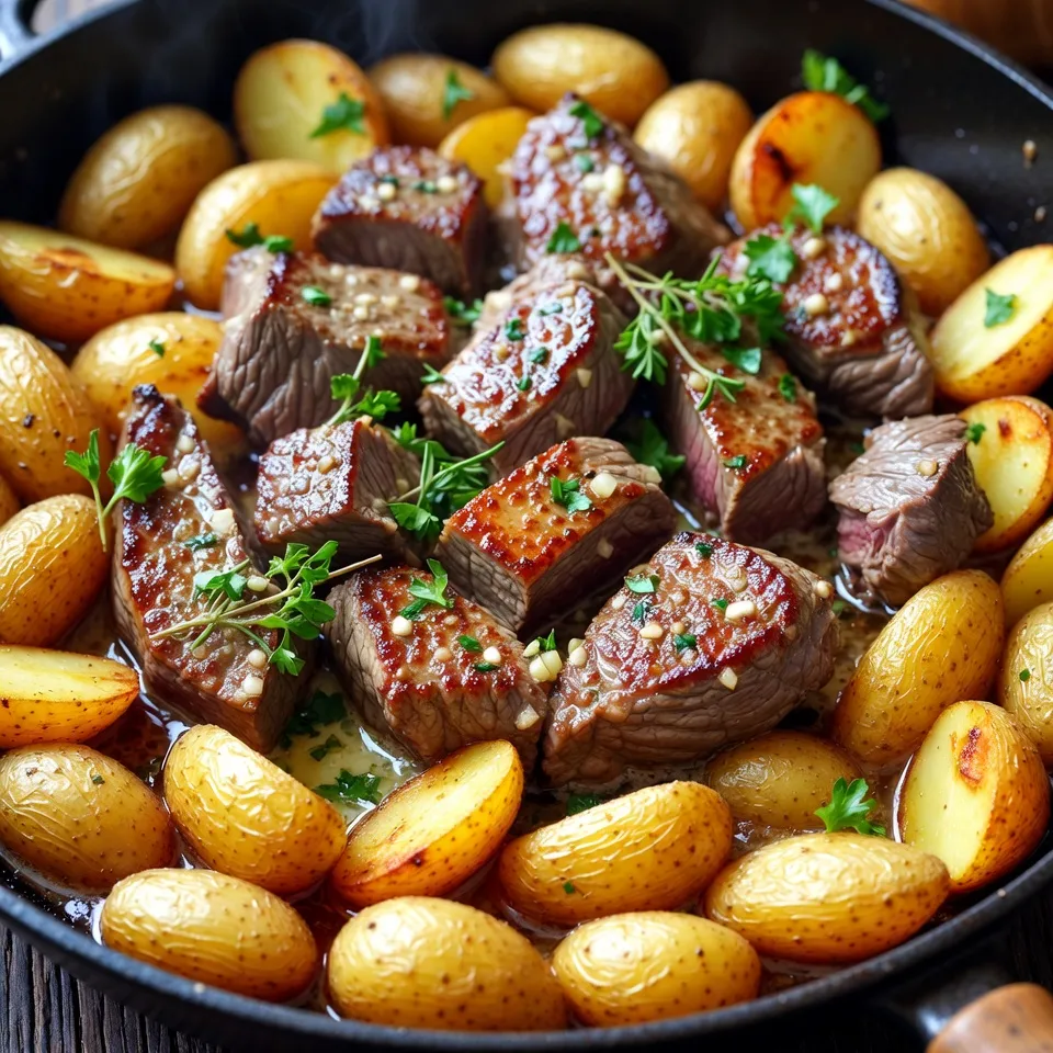 - 1 lb sirloin steak, cut into 1-inch cubes - 1 lb baby potatoes, halved - 4 tablespoons unsalted butter - 4 cloves garlic, minced - 1 teaspoon fresh rosemary, chopped (or ½ teaspoon dried) - 1 teaspoon fresh thyme, chopped (or ½ teaspoon dried) I love using sirloin steak for its rich flavor. Cutting it into cubes makes it easy to cook. Baby potatoes are my go-to for this dish. Their small size means they cook faster and taste great. The butter adds a creamy touch, while garlic brings a punch of flavor. Fresh herbs like rosemary and thyme add a lovely aroma and taste. - 1 teaspoon paprika - Salt and pepper to taste - Fresh parsley, chopped for garnish For seasoning, I use paprika, salt, and pepper. This mix enhances the meat's flavor. I always finish with fresh parsley for a pop of color. It also adds a fresh taste that balances the richness of the butter and steak. {{ingredient_image_1}} Start by rinsing the baby potatoes under cold water. Use your hands to scrub off dirt. Next, cut each potato in half. This will help them cook evenly. Now, prepare the steak. Cut the sirloin into one-inch cubes. Season the cubes with salt, pepper, and paprika. Set everything aside for now. Heat a large skillet over medium heat. Add two tablespoons of unsalted butter to the pan. Let it melt completely. Place the halved potatoes in the skillet, cut-side down. Cook them for 15 to 20 minutes. Stir them occasionally to ensure they brown nicely. Once tender and golden, remove them from the skillet and set them aside. In the same skillet, add the remaining two tablespoons of butter. Allow it to melt. Once melted, add the seasoned steak cubes. Sear the steak for about three to four minutes on each side. Cook until they are browned and reach your desired doneness. Medium-rare works best for this dish. Now, lower the heat to medium-low. Add the minced garlic to the skillet. Stir in the chopped rosemary and thyme. Cook for one to two minutes. The garlic should smell great, but avoid burning it. Return the cooked potatoes to the skillet. Gently toss everything together. This lets all the flavors blend nicely. Cook for another two to three minutes. Taste and adjust the seasoning with salt and pepper if needed. Remove the skillet from the heat. Garnish the dish with fresh parsley. Serve it warm right from the skillet. This gives a rustic and inviting look. Enjoy the meal with friends or family! For the best steak, aim for medium-rare. This means cooking it to an internal temperature of 130-135°F. Use a meat thermometer to check. After cooking, let the steak rest for five minutes. This helps keep it juicy and flavorful. You can add more spices for extra taste. Try using cayenne pepper for heat or smoked paprika for a deeper flavor. Pair the dish with a fresh green salad or steamed veggies. These sides add balance and freshness. Cleaning your skillet is easy. For cast iron, rinse it with hot water and scrub gently. Avoid soap, as it can strip the seasoning. For non-stick pans, use a soft sponge and mild dish soap. To store leftover garlic butter, place it in a container and refrigerate. It can last up to one week, ready for your next meal. Pro Tips Cut Steak Against the Grain: For a more tender bite, always slice your cooked steak against the grain when serving. Parboil Potatoes for Perfect Texture: If you want your potatoes to be extra tender inside while crispy outside, parboil them for 5-7 minutes before adding them to the skillet. Let the Steak Rest: Allow the steak to rest for a few minutes after cooking before serving. This helps retain its juices for a more flavorful experience. Experiment with Herbs: Feel free to mix and match herbs based on your preference. Fresh herbs can elevate the dish's flavor profile significantly. {{image_2}} You can swap sirloin steak for chicken, pork, or shrimp. Each choice brings a new flavor. When using chicken, cook it until it reaches 165°F. Pork should be cooked to 145°F. Shrimp cooks quickly, so just a few minutes will do. Adjust cooking times based on the protein type. For chicken and pork, you might need about 6-8 minutes. Shrimp usually takes only 3-4 minutes. If you want, you can use Yukon Gold or red potatoes instead of baby potatoes. These types add unique flavors and textures. Yukon Gold gives a creamy taste, while red potatoes offer a firmer bite. You can even prepare mashed potatoes instead of using chunks. Just boil them until soft, then mash with garlic butter for a smooth twist. For a vegetarian twist, substitute steak with plant-based protein. You can use tofu, tempeh, or seitan. These options soak up flavors well. Enhance the dish by adding vegetable broth instead of butter. This will boost the taste while keeping it plant-based. You can also add more veggies like bell peppers or zucchini for extra color and nutrients. To keep your Garlic Butter Steak and Potatoes fresh, use airtight containers. Glass or plastic containers work well. Store leftovers in the fridge. They stay good for up to three days. When reheating, avoid the microwave if possible. Instead, use a skillet on low heat. This way, the steak and potatoes warm up without drying out. Stir them often to keep the moisture. You can also add a splash of broth to help. You can freeze your cooked skillet meal. Place it in a freezer-safe container. Remove as much air as you can. It lasts about two months in the freezer. When ready to eat, thaw it overnight in the fridge. Reheat on low heat in a skillet, just like before. Enjoy your meal without losing flavor! Cook the steak for about 3-4 minutes on each side. This gives you a nice sear. For medium-rare, aim for an internal temperature of 130°F. If you prefer medium, cook it a bit longer, about 5-6 minutes per side, reaching 140°F. Always let your steak rest for a few minutes after cooking. This helps the juices settle in. Yes, you can use frozen steak or potatoes. If using frozen steak, thaw it in the fridge overnight. This keeps the texture nice. For frozen potatoes, you can cook them directly in the skillet. Just add a few extra minutes to the cooking time. This way, they will become tender and golden. There are many great sides for this dish. You can serve a fresh salad with mixed greens. Roasted vegetables like broccoli or carrots also work well. If you want something lighter, try steamed green beans. These sides balance the richness of the steak and potatoes. To reduce grease, use less butter or swap it for olive oil. You can also drain excess fat after cooking the steak. This keeps the dish flavorful but lighter. Adding more herbs and spices can also help boost flavor without added fat. This blog post detailed how to create a tasty Garlic Butter Steak and Potatoes dish. We covered the essential ingredients, cooking steps, and storage tips. You can make it with steak, chicken, or even plant-based options. Always remember to let the steak rest and try different seasonings for unique flavors. With these simple steps, you can impress anyone at your next meal. Enjoy making this dish, and don't hesitate to explore variations that suit your taste!